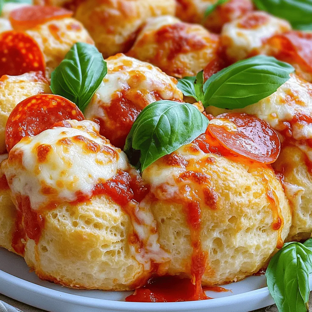 To make Cheese Pizza Monkey Bread, you need a few simple ingredients. Here is the list: - 2 cans of refrigerated biscuit dough (16 oz each) - 1 cup shredded mozzarella cheese - 1 cup pizza sauce, plus extra for dipping - 1/2 cup sliced pepperoni (optional) - 1 teaspoon Italian seasoning - 1/4 teaspoon garlic powder - 1/4 cup unsalted butter, melted - 1/4 cup grated Parmesan cheese - Fresh basil leaves for garnish (optional) The biscuit dough serves as the base for our monkey bread. I love using mozzarella cheese for its meltiness. The pizza sauce adds a nice tangy flavor, while pepperoni gives it that classic pizza taste. You can also sprinkle some herbs for extra flavor. Each ingredient plays a role in making this dish tasty and fun to share. For a full recipe, check out the detailed steps. 1. Preheat the oven: Start by setting your oven to 350°F (175°C). 2. Prepare the bundt pan: Grease the bundt pan with cooking spray or melted butter. This helps prevent sticking. 3. Cut the biscuit dough: Open the cans of biscuit dough. Cut each biscuit into four equal pieces. 1. Combine biscuit pieces: In a big bowl, mix the biscuit pieces with shredded mozzarella cheese, pepperoni (if you want), Italian seasoning, and garlic powder. Toss gently to coat everything well. 2. Prepare the butter and Parmesan mixture: In another bowl, whisk together melted butter and grated Parmesan cheese until mixed evenly. 1. Layer the biscuit mixture: Take each biscuit piece and dip it in the butter-Parmesan mix. Layer the coated pieces in the bundt pan, pressing them down gently. 2. Pour the pizza sauce: After layering, pour pizza sauce over the top. Make sure to cover all the biscuit pieces. Now, you’re ready to bake! For the full recipe, check the details provided. To get the best out of your cheese pizza monkey bread, aim for a baking time of 30 to 35 minutes at 350°F (175°C). This temperature helps the bread bake evenly. Keep an eye on it in the last few minutes. You want a golden brown top. This shows the dough is fully cooked. To ensure even cooking, make sure your biscuit pieces are similar in size. Cutting them into quarters helps with this. Layer them gently in the bundt pan. This allows heat to circulate well, promoting even browning. For dipping, pizza sauce is a classic choice. You can also try spicy marinara for a kick. Creamy ranch dressing pairs well too. It adds a nice contrast to the savory bread. To make your dish look appetizing, consider garnishing with fresh basil leaves. They add color and a fresh flavor. You can also sprinkle some extra Parmesan on top right before serving. One common mistake is overmixing your ingredients. This can lead to tough dough. Mix just until the biscuit pieces are coated with cheese and seasonings. Another mistake is not greasing the pan well. A well-greased bundt pan ensures your monkey bread comes out easily. Use cooking spray or melted butter, and coat every inch of the pan. This step is crucial for easy removal. {{image_4}} You can change the flavors in cheese pizza monkey bread. For a vegetarian option, try mixing different cheeses. Use mozzarella, cheddar, or even goat cheese. Add veggies like bell peppers, mushrooms, or olives for color and taste. If you want a spicy kick, slice up some jalapeños. You can also add spicy sausage for more heat. These changes make your monkey bread fun and exciting. Want to serve cheese pizza monkey bread in a new way? Try making mini versions in muffin tins. They bake faster and are easy for kids to grab. Another fun idea is to make it pull-apart style. Use different herbs and spices, like oregano or red pepper flakes, for extra flavor. This way, everyone can enjoy their own piece of cheesy goodness. You don’t need to stick to one type of dough. Experiment with different types of bread, like soft baguette or even pizza dough. This can change the texture and flavor. For sauces, you can use Alfredo or pesto instead of pizza sauce. Feel free to mix and match toppings too. Think about adding artichokes, sun-dried tomatoes, or even bacon. These swaps let you create a unique dish each time. To keep your cheese pizza monkey bread fresh, store it in the fridge. Place the leftovers in an airtight container. This keeps moisture in and prevents it from drying out. You can also wrap it tightly in plastic wrap or aluminum foil. This method helps maintain its soft texture. For long-term storage, consider freezing the monkey bread. Allow it to cool completely before wrapping it. Use plastic wrap followed by aluminum foil to protect it from freezer burn. This way, you can enjoy it later without losing taste or texture. When you want to enjoy your leftover monkey bread, reheating is key. You can use the oven, microwave, or air fryer. Each method has its perks. - Oven: Preheat it to 350°F (175°C). Place the bread on a baking sheet. Cover it with foil to keep it from drying out. Heat for about 10-15 minutes, or until warm. - Microwave: Place a piece on a microwave-safe plate. Heat for 20-30 seconds. Check if it's warm enough. Add a few seconds if needed. - Air Fryer: Set it to 300°F (150°C). Heat for about 5-7 minutes. This keeps it crispy on the outside while warm inside. To maintain the best texture, avoid reheating for too long. This keeps the bread from becoming tough or chewy. Enjoy your flavorful cheese pizza monkey bread just as much as the first time! Cheese pizza monkey bread is a fun twist on classic pizza. It combines bite-sized pieces of biscuit dough with gooey cheese and savory pizza sauce. This dish is unique because it’s not just a pizza; it’s a shareable snack that you can pull apart. Each piece brings a cheesy burst of flavor, making it perfect for parties or family dinners. The blend of seasonings adds depth to the taste, while the melted cheese keeps it oh-so-delicious. Yes, you can make this recipe gluten-free! Look for gluten-free biscuit dough at your local store. Many brands offer tasty options that work well in this recipe. Just follow the same steps with the gluten-free dough. It will still taste great and satisfy your pizza cravings without the gluten. You can tell the monkey bread is done by its golden brown top. The edges should look crispy and the dough inside should not be raw. You can also insert a toothpick in the center. If it comes out clean, it’s ready to eat. Keep an eye on it during the last few minutes of baking to avoid overcooking. Cheese Pizza Monkey Bread combines easy-to-make biscuit dough with your favorite pizza flavors. You’ve learned how to mix, layer, and bake it perfectly. Remember to avoid common mistakes for great results. You can also try variations for new tastes or serving ideas. Whether you share it as a snack or meal, this dish brings fun to the table. Enjoy your cooking and the delicious bites ahead!