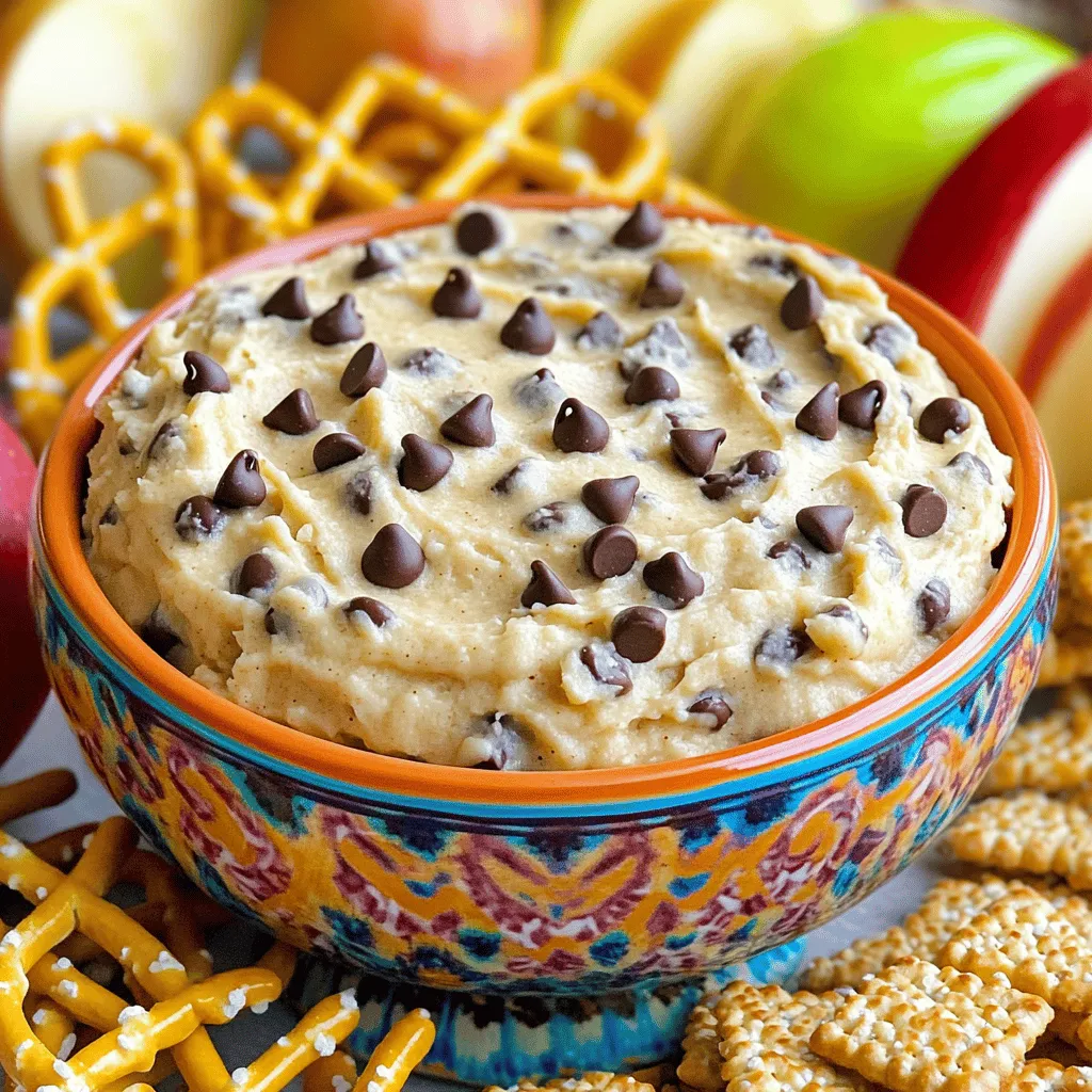 To make this tasty treat, gather these key ingredients: - 1 cup all-purpose flour - 1/2 cup unsalted butter, softened - 1/2 cup packed brown sugar - 1/4 cup granulated sugar - 2 teaspoons pure vanilla extract - 1/4 teaspoon salt - 1 cup cream cheese, softened - 1/2 cup powdered sugar - 1/2 cup mini chocolate chips Storage Tips: - Store all-purpose flour in a cool, dry place. - Keep butter and cream cheese in the fridge until ready to use. - Sugars can stay in the pantry. Here are snacks that pair well with the dip: - Pretzels - Graham crackers - Apple slices - Assorted cookies Flavor Pairings: The sweet dip works great with salty pretzels. The crunch of graham crackers adds texture. Fresh apple slices offer a nice balance of sweet and tart. You can mix and match these dippables to find your favorite. Enjoy exploring the different combinations! First, heat-treat the flour for safety. Preheat your oven to 350°F (175°C). Spread 1 cup of all-purpose flour evenly on a baking sheet. Bake the flour for 5-7 minutes, stirring halfway through. This step kills any harmful bacteria. After baking, let it cool completely. Next, mix the ingredients to get the right texture. Start with a large mixing bowl. Use an electric mixer to beat together 1/2 cup of softened unsalted butter, 1/2 cup of packed brown sugar, and 1/4 cup of granulated sugar. Mix on medium speed until fluffy, which takes about 2-3 minutes. Now let’s combine the ingredients step-by-step. Add 1 cup of softened cream cheese, 2 teaspoons of pure vanilla extract, and 1/4 teaspoon of salt to the butter-sugar mix. Keep mixing on medium speed until everything blends into a creamy texture. Gradually add the heat-treated flour into the creamy mix. Use low speed to avoid flour clouds. Mix until there are no dry spots. This helps achieve a smooth dip. Finally, sift in 1/2 cup of powdered sugar. Keep mixing until the dip turns smooth and creamy, with no lumps. Gently fold in 1/2 cup of mini chocolate chips with a spatula. This ensures they distribute evenly throughout the dip. Chill the dip for the best flavor. Transfer it into a decorative serving bowl. Cover it and refrigerate for 30 minutes to 1 hour. This lets the flavors meld and makes the dip firmer. For presentation tips, serve the dip in a bright bowl. Surround it with colorful dippables like crunchy pretzels, sweet graham crackers, and fresh apple slices. For an extra touch, sprinkle a few mini chocolate chips on top. Enjoy this tasty treat with friends and family! - Overmixing vs. Undermixing: Mixing too much can make your dip too dense. It may lose its creamy texture. Mix just until the ingredients combine. On the other hand, not mixing enough can leave dry flour spots. Aim for a smooth, consistent mix. - Improper Heating of Flour: Heat-treating the flour is key. This step kills any bacteria. If you skip this, you risk food safety. Make sure to heat the flour until it reaches 160°F (70°C). Stir it well during baking for even heat. - Ways to Customize Flavor and Texture: You can change the flavor by adding different extracts. Almond extract adds a nice twist. Want a richer taste? Try adding a pinch of espresso powder. You can also fold in chopped nuts for crunch. - Alternative Sweeteners and Their Effects: If you want less sugar, consider using maple syrup or honey. They add a unique flavor but change the texture a bit. You can also use stevia or monk fruit, which are zero-calorie. Just keep in mind that these sweeteners can taste different. Adjust to your liking for the best result. For the full recipe, check out Cookie Monster's Chocolate Chip Cookie Dough Dip. {{image_4}} You can change the flavor of cookie dough dip easily. Adding different extracts can give it a fun twist. For example, almond extract boosts the taste with a nutty hint. Just add a teaspoon for a nice change. You can also mix in fun treats. Chopped nuts add a crunchy texture. Walnuts or pecans work well. Coconut flakes give it a tropical vibe. Try adding about a half cup of your favorite mix-ins to make it your own. If you need gluten-free options, use a gluten-free flour blend. It works great in this dip. Just be sure it is a one-to-one replacement. For vegan options, swap cream cheese with a dairy-free version. There are many tasty brands available now. You can also use coconut oil instead of butter. These swaps make the dip vegan-friendly without losing flavor. For the full recipe, check out Cookie Monster's Chocolate Chip Cookie Dough Dip. Enjoy the fun of making this treat your own! To keep your Chocolate Chip Cookie Dough Dip fresh, store it in the fridge. Use an airtight container to prevent it from absorbing odors. Make sure to cover the dip tightly with plastic wrap before sealing the container. This helps keep it creamy and tasty. If you want to store it for longer, you can freeze the dip. Scoop it into a freezer-safe container and leave some space at the top. The dip can stay fresh in the freezer for about three months. When you're ready to enjoy it again, let it thaw in the fridge overnight. The dip stays fresh in the fridge for about five days. After that, it may lose its nice taste and texture. Always check for signs of spoilage. If you see any mold or notice a sour smell, it’s best to toss it out. Keep an eye on the dip, and you'll know when it's time to say goodbye. Enjoy your dip while it's at its best! Yes, you can eat cookie dough dip raw, but safety matters. Traditional cookie dough has raw eggs and flour, which can carry bacteria. However, in this recipe, we heat-treat the flour to eliminate any risk. I recommend using pasteurized cream cheese too. This makes the dip safe and tasty! You can keep Chocolate Chip Cookie Dough Dip in the fridge for up to five days. Store it in an airtight container to keep it fresh. If you want to keep it longer, you can freeze it. It should stay good for about three months in the freezer. Just remember to let it thaw in the fridge before serving. If you need an alternative to cream cheese, try Greek yogurt for a lighter option. You can also use mascarpone cheese for a richer taste. For dairy-free options, consider using vegan cream cheese. These substitutes can change the flavor and texture slightly, so choose what works best for you. To wrap up, you now have all the knowledge to make delicious Chocolate Chip Cookie Dough Dip. From the right ingredients to perfect mixing, this dip is fun and easy. I shared tips to avoid common mistakes and how to customize flavors. Remember to store it well for the best taste. Enjoy this treat with your favorite snacks. With these steps, you can impress friends and family with your tasty dip. Happy dipping!