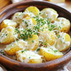 - 1.5 pounds baby potatoes, thoroughly washed and halved - 4 tablespoons unsalted butter - 4 cloves garlic, finely minced - 1 cup heavy cream - 1 cup freshly grated Parmesan cheese - 1 teaspoon dried oregano - 1 teaspoon salt - ½ teaspoon freshly ground black pepper - ¼ teaspoon crushed red pepper flakes (optional) - Fresh parsley, finely chopped (for garnish) The baby potatoes are the star of this dish. They are small and tender, making them perfect for soaking up the creamy sauce. When selecting baby potatoes, look for ones that are firm and smooth. This recipe uses unsalted butter to keep the flavor fresh. Garlic adds depth, while heavy cream creates a rich texture. Parmesan cheese gives the sauce its savory notes. Dried oregano brings a hint of herbiness. Salt and black pepper enhance all the flavors. If you like a touch of heat, add crushed red pepper flakes. Finally, fresh parsley adds a pop of color and freshness when you serve the dish. This dish provides a rich source of energy with about 400 calories per serving. The fats mainly come from the butter and cream, making it creamy and satisfying. Each serving has about 25 grams of fat, with 15 grams of protein from the cheese. Carbohydrates come primarily from the potatoes, totaling around 40 grams. - Large pot - Whisk - Measuring cups - Measuring spoons - Serving dish Gather these tools to create your creamy garlic sauce baby potatoes. The large pot is essential for boiling the potatoes. A whisk helps blend the sauce smoothly. Measuring cups and spoons ensure you get the amounts just right. Finally, a serving dish makes for a lovely presentation. For the full recipe, check out the details above. To start, fill a large pot with water. Add a good amount of salt to the water. This will help flavor the potatoes. Bring the water to a rolling boil. Once it boils, carefully add your halved baby potatoes. They will take about 12-15 minutes to cook. You can check if they are done by poking them with a fork. If the fork goes in easily, they are ready. Drain the potatoes and set them aside. In the same pot, turn the heat to medium. Add the unsalted butter and let it melt completely. Now, add the finely minced garlic. Sauté the garlic for about 1-2 minutes. Stir it often to avoid burning. You want it to be fragrant and golden. Now, reduce the heat to medium-low. Pour in the heavy cream and stir well. Gradually add the grated Parmesan cheese while whisking. This will make your sauce creamy and smooth. Next, gently fold the drained baby potatoes back into the pot. Toss them softly in the creamy garlic sauce. Let everything cook together for about 2-3 minutes. This helps the potatoes soak up the delicious flavors. When serving, transfer the creamy garlic potatoes to a dish. Don’t forget to garnish with freshly chopped parsley for a nice touch. For the full recipe, check out the complete list of steps and ingredients to create this delightful dish! - Choosing the right size baby potatoes: Aim for uniform sizes. This helps them cook evenly. Smaller potatoes cook faster, while larger ones take more time. Look for firm potatoes with smooth skin. - How to check potato doneness: Use a fork to test doneness. Insert it into a potato. If it slides in easily, they are done. If you meet resistance, cook them a bit longer. - Adding different seasonings or components: You can play with flavors. Try adding fresh herbs like thyme or basil. A squeeze of lemon juice brightens the sauce. You can also swap Parmesan for another cheese, like Gruyère. - Tips for achieving the perfect consistency: If the sauce is too thick, add a splash of milk or broth. If it's too thin, let it simmer a bit longer. Stirring often ensures a smooth sauce. - Best serving dishes for a visually appealing presentation: A rustic bowl works wonders. It adds charm and warmth. Choose a dish that contrasts with the creamy potatoes to make them pop. - Garnishing ideas with extra cheese and herbs: A sprinkle of extra Parmesan adds flavor and looks great. Fresh parsley brings color and freshness. You can also add a few red pepper flakes for a touch of heat. For the Full Recipe, visit the main recipe section and enjoy making these creamy garlic sauce baby potatoes! {{image_4}} You can easily change the taste of your creamy garlic sauce baby potatoes. One way is to add bacon or other proteins. Crispy bacon adds a smoky touch. You could use chicken or shrimp if you want something different. Just cook the protein first, then mix it with the potatoes and sauce. Another fun idea is to include vegetables like spinach or mushrooms. Spinach adds a nice color and boosts the nutrients. Sauté mushrooms in the garlic butter for a rich flavor. Mixing these veggies makes the dish more colorful and tasty. If you want a vegan version, you can swap butter and cream. Use coconut oil instead of butter. For cream, try using coconut cream or a plant-based cream. Nutritional yeast can give a cheesy flavor without dairy. For gluten-free options, ensure your seasonings are gluten-free. Most spices and herbs are safe. You can also use gluten-free pasta instead of potatoes, creating a new twist on the dish. You can cook the potatoes faster with an Instant Pot. Just add water and set the timer for 8 minutes, then release the pressure. Follow the same sauce steps afterward. If you want a different texture, try baking the potatoes. Toss them with oil and seasonings, then bake until golden. Pour the creamy garlic sauce over them just before serving. This gives a crunchy outside and a creamy inside. To keep your creamy garlic sauce baby potatoes fresh, store them in the fridge. Use a tight-sealing container to keep out air. This helps keep the flavor intact. It’s best to eat leftovers within three days for the best taste. You can reheat these potatoes in the microwave or on the stovetop. For the microwave, place them in a bowl, cover it, and heat in short bursts. Stir often to ensure even warming. If using the stovetop, put them in a pan over low heat. Stir gently to avoid breaking the potatoes. Watch out for the sauce! It can separate if you heat it too fast. Stirring helps keep it smooth. To freeze these potatoes, let them cool first. Place them in a freezer-safe container. Leave some space at the top for expansion. They will last for about two months in the freezer. When it’s time to eat, thaw them overnight in the fridge. Reheat gently to keep the sauce creamy. Avoid reheating too hot to maintain quality. You can tell baby potatoes are ready by checking their texture. They should feel tender when pierced with a fork. If the fork slides in easily, they are done. You can also cut one in half; it should be soft and fluffy inside, not hard or crunchy. Yes, you can prepare this dish ahead. Cook the potatoes and make the sauce, then store them separately in the fridge. Keep them in airtight containers to stay fresh. When you're ready to serve, heat them together on the stove until warm. This way, you save time when it's meal time. Creamy garlic potatoes pair well with many dishes. Try serving them with grilled chicken or steak for a hearty meal. They also go great with roasted vegetables or a light salad. For a cozy dinner, serve them alongside a warm soup. Mix and match to suit your taste. To spice up the sauce, add more crushed red pepper flakes. Start with a bit and taste it. You can also mix in cayenne pepper for more heat. If you love garlic, consider adding minced garlic sautéed in olive oil for a richer flavor. This way, you can customize the heat level to your liking. To sum up, we explored a delicious recipe for creamy garlic baby potatoes. You learned how to make the dish, including tips for perfect potatoes and sauce. Remember, you can customize this dish to fit your taste or dietary needs. Don't hesitate to experiment with flavors and presentation. This recipe is simple and sure to impress at any meal. Enjoy your cooking adventure!
