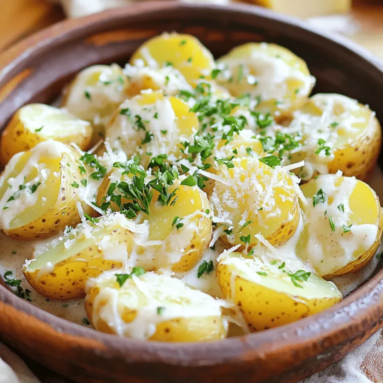 - 1.5 pounds baby potatoes, thoroughly washed and halved - 4 tablespoons unsalted butter - 4 cloves garlic, finely minced - 1 cup heavy cream - 1 cup freshly grated Parmesan cheese - 1 teaspoon dried oregano - 1 teaspoon salt - ½ teaspoon freshly ground black pepper - ¼ teaspoon crushed red pepper flakes (optional) - Fresh parsley, finely chopped (for garnish) The baby potatoes are the star of this dish. They are small and tender, making them perfect for soaking up the creamy sauce. When selecting baby potatoes, look for ones that are firm and smooth. This recipe uses unsalted butter to keep the flavor fresh. Garlic adds depth, while heavy cream creates a rich texture. Parmesan cheese gives the sauce its savory notes. Dried oregano brings a hint of herbiness. Salt and black pepper enhance all the flavors. If you like a touch of heat, add crushed red pepper flakes. Finally, fresh parsley adds a pop of color and freshness when you serve the dish. This dish provides a rich source of energy with about 400 calories per serving. The fats mainly come from the butter and cream, making it creamy and satisfying. Each serving has about 25 grams of fat, with 15 grams of protein from the cheese. Carbohydrates come primarily from the potatoes, totaling around 40 grams. - Large pot - Whisk - Measuring cups - Measuring spoons - Serving dish Gather these tools to create your creamy garlic sauce baby potatoes. The large pot is essential for boiling the potatoes. A whisk helps blend the sauce smoothly. Measuring cups and spoons ensure you get the amounts just right. Finally, a serving dish makes for a lovely presentation. For the full recipe, check out the details above. To start, fill a large pot with water. Add a good amount of salt to the water. This will help flavor the potatoes. Bring the water to a rolling boil. Once it boils, carefully add your halved baby potatoes. They will take about 12-15 minutes to cook. You can check if they are done by poking them with a fork. If the fork goes in easily, they are ready. Drain the potatoes and set them aside. In the same pot, turn the heat to medium. Add the unsalted butter and let it melt completely. Now, add the finely minced garlic. Sauté the garlic for about 1-2 minutes. Stir it often to avoid burning. You want it to be fragrant and golden. Now, reduce the heat to medium-low. Pour in the heavy cream and stir well. Gradually add the grated Parmesan cheese while whisking. This will make your sauce creamy and smooth. Next, gently fold the drained baby potatoes back into the pot. Toss them softly in the creamy garlic sauce. Let everything cook together for about 2-3 minutes. This helps the potatoes soak up the delicious flavors. When serving, transfer the creamy garlic potatoes to a dish. Don’t forget to garnish with freshly chopped parsley for a nice touch. For the full recipe, check out the complete list of steps and ingredients to create this delightful dish! - Choosing the right size baby potatoes: Aim for uniform sizes. This helps them cook evenly. Smaller potatoes cook faster, while larger ones take more time. Look for firm potatoes with smooth skin. - How to check potato doneness: Use a fork to test doneness. Insert it into a potato. If it slides in easily, they are done. If you meet resistance, cook them a bit longer. - Adding different seasonings or components: You can play with flavors. Try adding fresh herbs like thyme or basil. A squeeze of lemon juice brightens the sauce. You can also swap Parmesan for another cheese, like Gruyère. - Tips for achieving the perfect consistency: If the sauce is too thick, add a splash of milk or broth. If it's too thin, let it simmer a bit longer. Stirring often ensures a smooth sauce. - Best serving dishes for a visually appealing presentation: A rustic bowl works wonders. It adds charm and warmth. Choose a dish that contrasts with the creamy potatoes to make them pop. - Garnishing ideas with extra cheese and herbs: A sprinkle of extra Parmesan adds flavor and looks great. Fresh parsley brings color and freshness. You can also add a few red pepper flakes for a touch of heat. For the Full Recipe, visit the main recipe section and enjoy making these creamy garlic sauce baby potatoes! {{image_4}} You can easily change the taste of your creamy garlic sauce baby potatoes. One way is to add bacon or other proteins. Crispy bacon adds a smoky touch. You could use chicken or shrimp if you want something different. Just cook the protein first, then mix it with the potatoes and sauce. Another fun idea is to include vegetables like spinach or mushrooms. Spinach adds a nice color and boosts the nutrients. Sauté mushrooms in the garlic butter for a rich flavor. Mixing these veggies makes the dish more colorful and tasty. If you want a vegan version, you can swap butter and cream. Use coconut oil instead of butter. For cream, try using coconut cream or a plant-based cream. Nutritional yeast can give a cheesy flavor without dairy. For gluten-free options, ensure your seasonings are gluten-free. Most spices and herbs are safe. You can also use gluten-free pasta instead of potatoes, creating a new twist on the dish. You can cook the potatoes faster with an Instant Pot. Just add water and set the timer for 8 minutes, then release the pressure. Follow the same sauce steps afterward. If you want a different texture, try baking the potatoes. Toss them with oil and seasonings, then bake until golden. Pour the creamy garlic sauce over them just before serving. This gives a crunchy outside and a creamy inside. To keep your creamy garlic sauce baby potatoes fresh, store them in the fridge. Use a tight-sealing container to keep out air. This helps keep the flavor intact. It’s best to eat leftovers within three days for the best taste. You can reheat these potatoes in the microwave or on the stovetop. For the microwave, place them in a bowl, cover it, and heat in short bursts. Stir often to ensure even warming. If using the stovetop, put them in a pan over low heat. Stir gently to avoid breaking the potatoes. Watch out for the sauce! It can separate if you heat it too fast. Stirring helps keep it smooth. To freeze these potatoes, let them cool first. Place them in a freezer-safe container. Leave some space at the top for expansion. They will last for about two months in the freezer. When it’s time to eat, thaw them overnight in the fridge. Reheat gently to keep the sauce creamy. Avoid reheating too hot to maintain quality. You can tell baby potatoes are ready by checking their texture. They should feel tender when pierced with a fork. If the fork slides in easily, they are done. You can also cut one in half; it should be soft and fluffy inside, not hard or crunchy. Yes, you can prepare this dish ahead. Cook the potatoes and make the sauce, then store them separately in the fridge. Keep them in airtight containers to stay fresh. When you're ready to serve, heat them together on the stove until warm. This way, you save time when it's meal time. Creamy garlic potatoes pair well with many dishes. Try serving them with grilled chicken or steak for a hearty meal. They also go great with roasted vegetables or a light salad. For a cozy dinner, serve them alongside a warm soup. Mix and match to suit your taste. To spice up the sauce, add more crushed red pepper flakes. Start with a bit and taste it. You can also mix in cayenne pepper for more heat. If you love garlic, consider adding minced garlic sautéed in olive oil for a richer flavor. This way, you can customize the heat level to your liking. To sum up, we explored a delicious recipe for creamy garlic baby potatoes. You learned how to make the dish, including tips for perfect potatoes and sauce. Remember, you can customize this dish to fit your taste or dietary needs. Don't hesitate to experiment with flavors and presentation. This recipe is simple and sure to impress at any meal. Enjoy your cooking adventure!