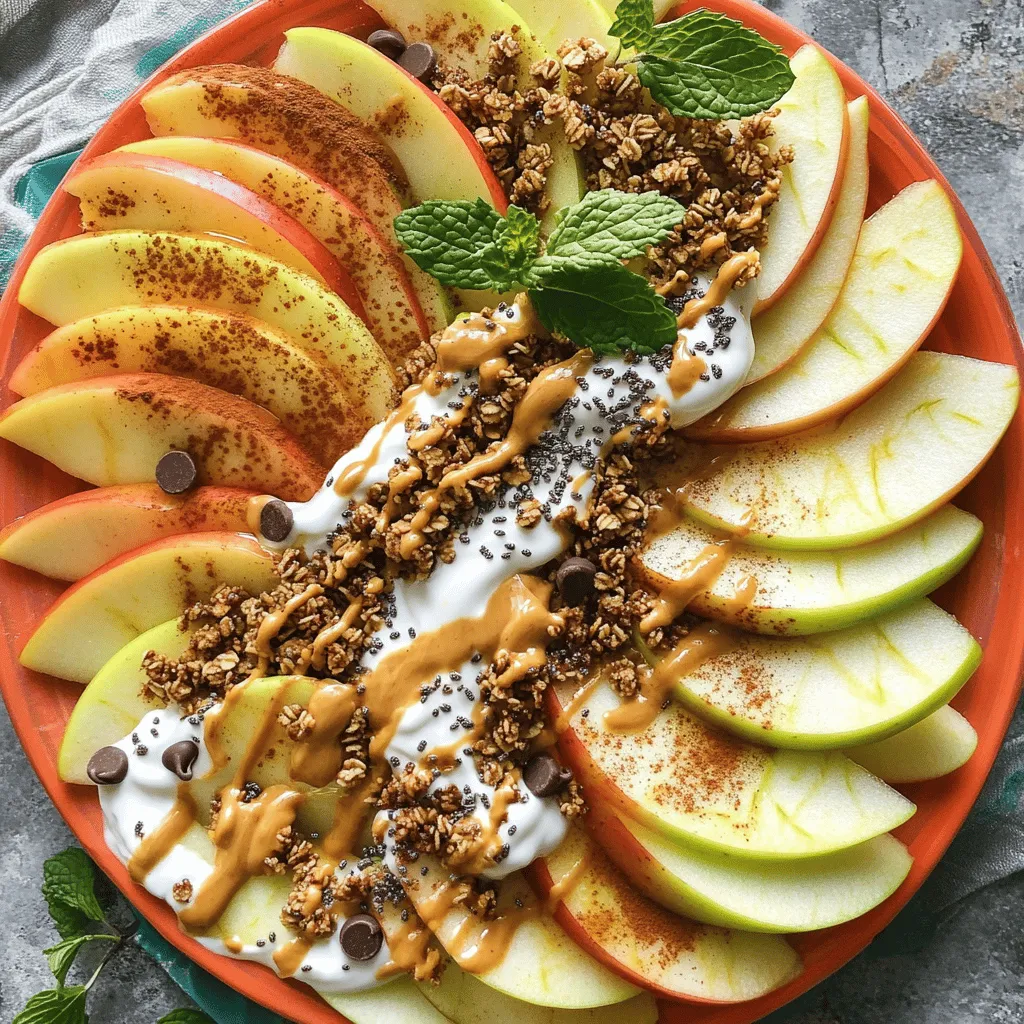 - 2 large apples (preferably Fuji or Honeycrisp for optimal sweetness), sliced into wedges - 1/4 cup almond butter (or your favorite nut butter) - 1/4 cup Greek yogurt (choose plain or vanilla based on your flavor preference) - 2 tablespoons honey or maple syrup (optional for added sweetness) - 1/4 cup granola (select your favorite blend for texture and taste) - 2 tablespoons mini chocolate chips (or use dark chocolate shavings) - 1/4 teaspoon ground cinnamon - 1 tablespoon chia seeds (for a nutritious boost) - Fresh mint leaves, for garnish When making Healthy Apple Nachos, the type of apples you choose matters. I love using Fuji or Honeycrisp apples. They are sweet and have a nice crunch. Their flavor really stands out. You can also try Granny Smith apples for a tangy kick. Mixing apple types adds great taste and texture. You can add more flavors to your apple nachos! Here are some fun options: - Coconut flakes: They add a tropical twist. - Dried fruit: Raisins or cranberries give a chewy texture. - Nuts: Chopped walnuts or pecans add crunch and healthy fats. - Peanut butter: Swap for almond butter for a new taste. - Yogurt flavors: Try flavored yogurt for a fruity twist. Feel free to mix and match these add-ins. They can make your nachos even more special! For the full recipe, check out the Healthy Apple Nachos section. Start by washing your apples well. Use cold water to remove any dirt. Once clean, remove the cores. Slice the apples into thin wedges. Keep the skin on for color and nutrients. This makes them look and taste great! Next, take your almond butter or favorite nut butter. Arrange the apple slices on a large plate in a single layer. Spread the nut butter evenly over the apples. You can use a spoon or a squeeze bottle. This nutty layer adds a tasty base for your nachos. Now, it’s time to add more flavors! In a bowl, mix Greek yogurt with honey or maple syrup if you want it sweeter. Drizzle this creamy mixture over the apples and nut butter. Then sprinkle granola, mini chocolate chips, and chia seeds on top. Be sure to cover all the apples for a tasty bite. Finish by lightly dusting the nachos with cinnamon. This adds warmth and aroma. Lastly, add fresh mint leaves for a pop of color. Serve immediately to enjoy the crunch and freshness of your healthy apple nachos. For complete details, check the Full Recipe. To make your healthy apple nachos stand out, use a colorful platter. Arrange the apple slices in a fun pattern. You can layer them or overlap for a more dynamic look. Drizzle the almond butter and yogurt creatively for visual appeal. Adding a sprinkle of cinnamon on top not only tastes great but also adds a lovely touch of warmth. Serve extra nut butter and yogurt on the side. This way, guests can enjoy dipping their nachos, making it more interactive and fun! You can easily modify this recipe to fit your taste. If you prefer peanut butter, swap out the almond butter. For nut-free options, try sunflower seed butter or tahini. Greek yogurt can be replaced with dairy-free yogurt for a vegan version. For sweetness, use agave syrup instead of honey or maple syrup. You can also add fresh fruits like bananas or berries for a burst of flavor. Feel free to get creative with toppings, such as coconut flakes or nuts! Healthy apple nachos offer a variety of health benefits. Apples are high in fiber, which aids digestion and keeps you feeling full. Almond butter provides healthy fats and protein, which support heart health. Greek yogurt is rich in probiotics, promoting gut health. Chia seeds are packed with omega-3s and antioxidants, boosting overall wellness. Granola adds crunch and can provide whole grains, depending on the blend. Each ingredient contributes to a tasty snack that nourishes your body! {{image_4}} You can mix and match flavors to make your apple nachos special. Start with the nut butter. Almond butter adds a nice taste, but you can try peanut or cashew butter too. Each nut butter has its own flavor. For a sweet twist, drizzle honey or maple syrup on top. This adds a nice touch to the dish. Consider adding toppings like granola or mini chocolate chips. You can switch up the granola for a fruity mix or even a nutty blend. For chocolate lovers, dark chocolate shavings work well too. These choices enhance flavors and textures, making each bite exciting. The toppings can change with the seasons. In the fall, try adding chopped pecans or walnuts for crunch. A sprinkle of pumpkin spice can give a cozy vibe. During winter, consider using dried cranberries or pomegranate seeds. This adds color and a tangy burst. You can even swap fresh mint for rosemary for a fresh twist. These seasonal changes keep your apple nachos fresh and fun. For a diabetic-friendly version, focus on low-sugar toppings. Use nut butter without added sugar. Greek yogurt is a great choice because it is low in carbs. For sweetness, you can use a sugar substitute like stevia or erythritol. Be mindful of the granola; choose one with low sugar or skip it altogether. Add chia seeds and sprinkle more nuts for healthy fats and protein. This way, you can enjoy apple nachos while keeping your blood sugar steady. For the full recipe, check out Healthy Apple Nachos. To store leftover Healthy Apple Nachos, keep them in an airtight container. This will help keep the apples fresh. Place a paper towel at the bottom of the container. This absorbs extra moisture and keeps the apples crisp. Store the container in the fridge. Use leftovers within two days for the best flavor and texture. To keep your apples fresh longer, store them in a cool, dry place. Apples like colder temperatures, so the fridge works well. Keep apples away from other fruits. Ethylene gas from other fruits can cause apples to ripen too fast. Also, don’t wash apples until you are ready to eat them. Washing can lead to quicker spoilage. There is no need to reheat Healthy Apple Nachos. They taste best cold and fresh. If you want to enjoy them warm, try briefly microwaving them. Heat for just 10 seconds to soften the nut butter and yogurt. Be careful not to overheat, as this can make the apples mushy. Enjoy the nachos fresh for the best experience. Yes, you can! Other fruits work great for this snack. Try pears, bananas, or strawberries. Each fruit adds its own flavor. Just slice them thinly like apples. Keep in mind that different fruits may change the taste and texture. To make Healthy Apple Nachos vegan, swap the Greek yogurt for a plant-based yogurt. Use almond, coconut, or cashew yogurt for a great flavor. Make sure your nut butter is also vegan. Most nut butters are vegan-friendly. You can skip honey too and use maple syrup instead. Healthy Apple Nachos are nutritious and tasty. They offer vitamins from apples, protein from yogurt, and healthy fats from nut butter. Each serving has about 200-300 calories, depending on your toppings. They are rich in fiber, which helps digestion. The chia seeds add omega-3s too, making this snack a healthy choice. You can prepare the toppings in advance. Slice apples just before serving to keep them fresh. If you slice apples early, they may brown. To keep them fresh, soak them in lemon water for a few minutes. Rinse and dry before serving. You can get creative with your toppings! Try adding shredded coconut, dried fruit, or nuts. Seeds like pumpkin or sunflower can add crunch. If you like spice, a sprinkle of cayenne can add heat. Mix and match to find your favorite combo! They are easy to make and packed with nutrients! Apples offer fiber and vitamins. Nut butter adds protein and healthy fats. Greek yogurt gives a creamy texture and more protein. This snack is sweet, crunchy, and satisfying, making it perfect for any time of day. In this post, we explored how to make healthy apple nachos. We covered ingredients, key apple varieties, and optional add-ins. I shared step-by-step instructions for preparing apples and assembling the dish. We also offered tips for presentation and storage. Plus, we discussed fun variations and answered common questions. Healthy apple nachos are delicious and simple. They fit many diets and are great for any season. Enjoy trying different flavors and toppings. Your creative options can make this snack a favorite at any gathering!