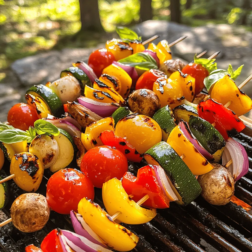 - Medium zucchini - Bell pepper (red or yellow) - Red onion - Cherry tomatoes - Button or cremini mushrooms - Olive oil - Balsamic vinegar - Garlic powder or fresh minced garlic - Dried oregano - Salt and black pepper - Fresh basil leaves Gathering fresh ingredients is key. Choose a medium zucchini and cut it into thick rounds. Pick a bell pepper—red or yellow works well—and chop it into large chunks. Slice a red onion into wedges, keeping them about 1-2 inches. Don’t forget the cherry tomatoes; they should stay whole and rinsed. Lastly, add button or cremini mushrooms, cleaned and left whole. For the marinade, you will need olive oil, balsamic vinegar, garlic powder, dried oregano, salt, and black pepper. This mix will bring out the flavors of the veggies. The optional garnish of fresh basil adds a lovely touch at the end. You can find the full recipe above. Enjoy creating your skewers! First, preheat your grill to medium-high heat. This means you want it around 375°F to 400°F. A hot grill helps cook the veggies evenly and gives them nice grill marks. Next, let’s make the marinade. In a large mixing bowl, whisk together olive oil and balsamic vinegar. Then add garlic powder, dried oregano, and a pinch of salt and black pepper. This mix adds flavor to your veggies. Let the vegetables soak in this tasty mix for about five minutes. This time allows them to soak up all that goodness. Now, it's time to assemble the skewers. Carefully thread the marinated vegetables onto the skewers, mixing different types for a colorful look. If you use wooden skewers, soak them in water for about 30 minutes. This step stops them from burning on the grill and keeps your veggies safe. Once your skewers are ready, place them on the grill. Grill them for about 10-12 minutes. Turn the skewers every few minutes. This helps them cook evenly and get those nice marks. Check if the vegetables are tender; they should look bright and slightly charred. After grilling, let them rest for a couple of minutes to keep their juiciness. For the full recipe, check out the Grilled Vegetable Skewers Delight . To get those beautiful grill marks, start with the right grill temperature. Preheat your grill to medium-high heat, around 375°F to 400°F. This heat level helps the veggies cook evenly and prevents burning. When grilling, turn the skewers every few minutes. This way, you get nice marks and avoid sticking. To boost the flavor of your skewers, think about adding more spices. Try smoked paprika for a hint of earthiness or cumin for warmth. You can also swap in fresh herbs like thyme or rosemary for a fragrant twist. For marinades, play with ingredients like soy sauce or citrus juice. These add depth and zing to your grilled veggies. Pair your skewers with sides like quinoa salad or a fresh green salad. They also work well with dips like tzatziki or hummus. For presentation, serve the skewers on a colorful platter. Drizzle a little balsamic glaze on top for a touch of elegance. This makes your dish pop and invites everyone to dig in! {{image_4}} You can use many different veggies for your skewers. Try these options: - Eggplant - Asparagus - Bell peppers - Sweet potatoes - Portobello mushrooms These veggies are tasty and grill well. You can pair your skewers with plant-based proteins. Tempeh or tofu works great. They soak up flavors nicely. You have choices when it comes to skewers. Metal skewers are strong and reusable. They heat up well, so food cooks faster. Wooden skewers are light and easy to find. Just soak them in water for 30 minutes. This helps stop burning. You can also cook skewers in other ways. Try using your oven or broiler. This method is great for bad weather. Just set your oven to broil and keep an eye on them. Want to spice up your grilled veggies? Use international marinades! Teriyaki adds a sweet touch. Chimichurri brings fresh herbs and garlic. Both make your skewers unique. Consider using seasonal vegetables too. In summer, use zucchini and corn. In fall, try butternut squash and Brussels sprouts. They add variety and fresh tastes to your meal. For the full recipe, check the section above. To keep your grilled vegetable skewers fresh, store them in an airtight container. Place a paper towel inside to absorb extra moisture. This helps maintain their texture. Refrigerate the skewers within two hours of cooking. They stay good for up to three days in the fridge. When reheating, avoid the microwave if possible. The microwave makes veggies soggy. Instead, use an oven or a skillet. Preheat your oven to 350°F. Place the skewers on a baking sheet for about 10 minutes. If using a skillet, heat it over medium heat. Cook for about 5 minutes, turning often to warm them evenly. Yes, you can freeze grilled vegetable skewers! To do this, let them cool completely. Wrap each skewer tightly in plastic wrap. Place the wrapped skewers in a freezer bag. This keeps them fresh for up to three months. When ready to eat, thaw them overnight in the fridge. To reheat, follow the tips above for the best results. For grilling, choose vegetables that hold up well to heat. Some great options are: - Zucchini - Bell peppers - Red onion - Cherry tomatoes - Mushrooms These vegetables add color and flavor. Their textures also ensure they won’t fall apart on the grill. You can tell grilled vegetables are ready by checking for two things: 1. Tenderness: Use a fork to pierce the vegetables. They should be soft but not mushy. 2. Grill marks: Look for nice char marks. They show that the heat cooked the veggies well. Each type of vegetable may cook at different rates, so keep an eye on them. Yes, you can use either gas or charcoal. Each has its perks: - Gas grill: Heats up fast and offers precise temperature control. Great for quick grilling. - Charcoal grill: Gives a smoky flavor that many love. It takes longer to heat up but can enhance taste. Both can make tasty skewers, so choose based on your preference. Grilled vegetable skewers pair well with many dishes. Here are some ideas: - Quinoa or rice salads - Grilled meats or tofu - Fresh salads with vinaigrette - Pita bread or flatbreads These sides complement the flavors of the skewers beautifully. Marinating is not a must, but it adds depth. Here’s why you might want to marinate: - Flavor enhancement: Marinades soak into the veggies, making them tastier. - Moisture retention: Marinated veggies can stay juicier during cooking. You can grill them plain, but marinating makes a big difference. For the full recipe, check out Grilled Vegetable Skewers Delight. Grilled vegetable skewers are fun and easy to make. You learned about the main ingredients like zucchini and bell peppers. The marinade adds great flavor with simple items like olive oil and garlic. Following the steps helps achieve perfect grilling results. You can get creative with variations and storage tips too. Grilled skewers suit any meal and are a great way to enjoy veggies. Try mixing up flavors and enjoy this tasty dish!