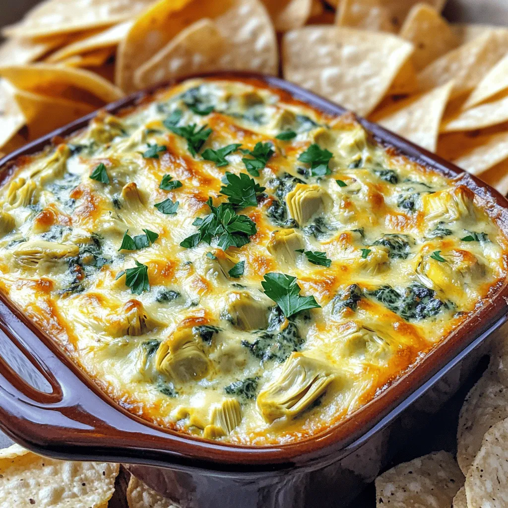 This Easy Spinach Artichoke Dip is creamy and packed with flavor. It takes only 35 minutes to make. You can serve it warm or hot. This dip is great for parties or cozy nights at home. Here’s what you need: - 1 cup fresh spinach, finely chopped - 1 cup canned artichoke hearts, drained and chopped - 1 cup cream cheese, softened - ½ cup plain Greek yogurt - 1 cup shredded mozzarella cheese - ½ cup grated Parmesan cheese - 2 cloves garlic, minced - 1 teaspoon fresh lemon juice - Salt and pepper, to taste - 1 tablespoon extra virgin olive oil These ingredients combine to create a rich and flavorful dip. The cream cheese and yogurt give it a smooth texture. The spinach and artichokes add a fresh taste. For garnishing, sprinkle some fresh parsley on top. You can also add more mozzarella for a cheesy look. For dippers, try: - Tortilla chips - Warm pita bread - Fresh veggies like carrots or celery These options enhance the dip's flavor and make it fun to eat. Enjoy experimenting with different dippers! You can find the full recipe [here](#). First, gather all your ingredients. You will need fresh spinach, canned artichoke hearts, cream cheese, Greek yogurt, mozzarella cheese, Parmesan cheese, garlic, lemon juice, and olive oil. Measure each ingredient carefully. Chop the spinach finely. Drain and chop the artichoke hearts into small bits. Mince the garlic cloves. This step helps release their flavor. Set everything aside once prepared. Preheat your oven to 350°F (175°C). This ensures a perfect bake. Next, heat the olive oil in a medium skillet over medium heat. Add the minced garlic. Cook it for about one minute until it smells great, but don’t let it brown. Now, add the chopped spinach. Stir until it wilts, which should take about 2-3 minutes. This keeps the vibrant green color. Once wilted, remove the skillet from the heat and let it cool slightly. In a large bowl, mix the softened cream cheese with Greek yogurt. Blend until smooth. This will be the creamy base of your dip. Gently fold in the sautéed spinach and garlic. Then add the artichokes, mozzarella cheese, Parmesan cheese, and lemon juice. Mix well until everything is combined. Season the mixture with salt and black pepper to taste. Adjust the salt as you like. This step adds depth to your dip. Transfer the mixture into a lightly greased baking dish. Spread it evenly for even cooking. Place the dish in your preheated oven. Bake for 20-25 minutes. Look for a golden brown top and bubbling sides. Once it’s ready, take it out and let it cool for about 5 minutes. This helps prevent burns when you dig in. Serve warm with tortilla chips or warm pita bread. Enjoy your creamy spinach artichoke dip, a delicious treat that everyone will love! To get that perfect creamy texture, use softened cream cheese. I let mine sit out for about 30 minutes. This helps it blend smoothly with the Greek yogurt. Mixing these two well is key. Stir until you see no lumps. When you add the spinach and artichokes, fold gently. This keeps the dip light and fluffy. To make your dip even better, try adding some spices. A pinch of crushed red pepper gives it a nice kick. You can also add a dash of Worcestershire sauce for depth. Fresh herbs, like basil or dill, add great flavor too. Don’t forget the lemon juice; it brightens everything up! Serve your dip warm right from the oven. This keeps it creamy and inviting. Use a nice baking dish for a good look. Garnish with extra cheese or fresh parsley for color. Pair it with crispy tortilla chips or warm pita bread. This will make your dip a hit at any gathering! {{image_4}} To make a lighter version of this dip, swap cream cheese with low-fat cream cheese. You can also use Greek yogurt as a base. This keeps the dip creamy while cutting calories. Using less cheese helps too. You can use only half the mozzarella and Parmesan. For added nutrition, add chopped veggies like bell peppers or mushrooms. Mixing in different flavors can make this dip even better. Try adding some sun-dried tomatoes for a tangy twist. You can also add a pinch of red pepper flakes for heat. If you love herbs, mix in fresh basil or dill. These small changes can really boost the flavor and make your dip unique. If you follow a vegan diet, use plant-based cream cheese and cheese. Nutritional yeast can give a cheesy flavor. For gluten-free diets, serve with gluten-free chips or veggies. Always check labels on pre-made products to be sure they fit your diet. These adjustments let everyone enjoy this creamy treat. For the complete recipe, check the [Full Recipe]. To store leftovers, let the dip cool completely. Then, transfer it into an airtight container. This helps keep it fresh. You can store it in the fridge for up to three days. Make sure to cover it well to avoid drying out. When you're ready to enjoy the dip again, preheat your oven to 350°F (175°C). Place the dip in an oven-safe dish. Heat it for about 15-20 minutes. Stir it halfway through to ensure even heating. You want it to be warm and bubbly again. If you want to freeze the dip, place it in a freezer-safe container. Leave some space at the top for expansion. It can last in the freezer for up to three months. When you’re ready to eat it, thaw it overnight in the fridge. Then, reheat it in the oven as mentioned above. You can also use the Full Recipe to guide you through the process. Yes, you can prepare this dip in advance. Mix all the ingredients and store the dip in a covered dish. Keep it in the fridge for up to two days. When you’re ready to bake, just pop it in the oven. This makes it a great choice for parties and gatherings. To avoid burning, bake the dip at 350°F (175°C). Keep an eye on it while it cooks. If the top browns too fast, cover it loosely with foil. This helps cook the dip evenly without burning the top layer. You can serve the dip with several tasty sides. Here are some great options: - Tortilla chips - Warm pita bread - Vegetables like carrots and celery - Slices of baguette - Crackers These sides help balance the creamy dip and add crunch. You can find the full recipe to get started on your spinach artichoke dip adventure! This blog post covered everything you need for a great spinach artichoke dip. We looked at key ingredients, explained how to prepare and cook it, and shared tips for making it creamy and flavorful. You also learned about variations for different diets and how to store leftovers safely. Now, you can confidently make this dip for any gathering. With these steps, your dish will impress everyone. Enjoy your tasty creation and share it with friends!