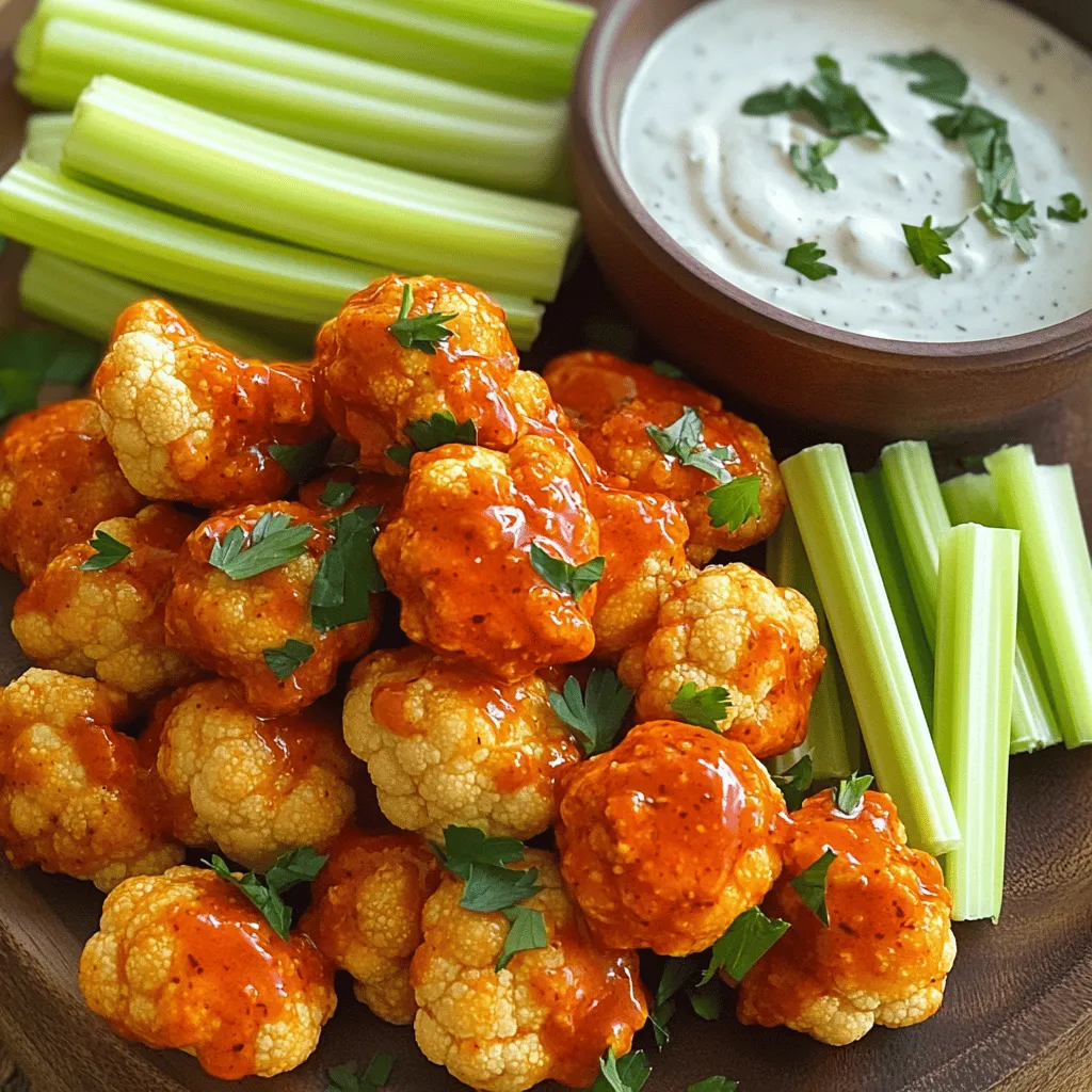 - 1 large head of cauliflower, cut into bite-sized florets - 1 cup all-purpose flour (or chickpea flour for gluten-free) - 1 cup plant-based milk (such as almond or soy) These main ingredients form the base of your vegan cauliflower buffalo wings. Cauliflower is the star here, giving you that satisfying bite. The flour helps create a crispy coating, while the plant-based milk keeps it moist. - 1 teaspoon garlic powder - 1 teaspoon onion powder - 1 teaspoon smoked paprika - Salt and black pepper, to taste - 1 cup buffalo sauce (ensure it's vegan-friendly) - 2 tablespoons olive oil - Fresh parsley, finely chopped (for garnish) The seasonings add depth to the flavor. Garlic and onion powder bring warmth, while smoked paprika adds a hint of smokiness. The buffalo sauce gives it that signature spicy kick. Olive oil enhances the sauce and makes the wings rich. Garnishing with parsley adds a fresh touch. - Celery sticks for serving - Vegan ranch or blue cheese dressing (for dipping) Celery sticks help cool the heat and add crunch. Vegan ranch or blue cheese dressing pairs perfectly with the spicy wings. It balances the flavors and makes every bite enjoyable. For the full recipe, check out the detailed instructions to bring these delicious wings to life! First, you need to preheat your oven to 450°F (230°C). This high heat helps crisp the wings. Next, line a baking sheet with parchment paper. This makes for easy cleanup and prevents sticking. In a medium bowl, whisk together the flour, plant-based milk, garlic powder, onion powder, smoked paprika, salt, and black pepper. Mix until the batter is smooth. Aim for a lump-free texture. This batter coats the cauliflower well, giving it flavor. Take each cauliflower floret and dip it into the batter. Ensure each piece is fully coated. Shake off any extra batter. Place the coated florets evenly on the baking sheet. Bake for 20-25 minutes. Flip the florets halfway through baking for even crispiness. After baking, combine the baked cauliflower wings with buffalo sauce and olive oil in a clean bowl. Toss gently to coat each floret in the spicy sauce. This step is key for flavor. Return the sauced cauliflower wings to the oven. Bake for another 10-15 minutes. This final bake allows the sauce to caramelize, enhancing taste and texture. Once done, remove the wings from the oven and sprinkle fresh chopped parsley on top. This adds a nice touch. Serve the hot buffalo wings with celery sticks and a bowl of vegan ranch or blue cheese dressing. These sides cool down the heat and make a great pairing. For the complete recipe, check out the Full Recipe. To make your Vegan Cauliflower Buffalo Wings extra crispy, follow these tips: - Use a dry coating: Before dipping, dust the florets with a little flour. This helps the batter stick. - Hot oven: Set your oven to 450°F (230°C). A high temperature gives a better crunch. - Flip halfway: Bake for 20-25 minutes, flipping the wings halfway. This ensures even crispiness. Adjusting the baking time can also help. If you want them crunchier, add a few extra minutes. Just keep an eye on them to avoid burning. You can boost the flavor of your wings in fun ways: - Add spices: Try cayenne pepper for heat or smoked paprika for a deeper flavor. - Top with extras: After baking, sprinkle on some chopped green onions or drizzle with vegan ranch. For a homemade buffalo sauce, mix hot sauce with melted vegan butter and a touch of garlic powder. This makes it even more delicious. Using the right tools makes cooking easier: - Baking sheets: Use heavy-duty baking sheets for even cooking. Parchment paper prevents sticking. - Utensils: A whisk for mixing and tongs for flipping the wings work great. After cooking, clean your baking sheets with warm soapy water. This keeps them in good shape for next time. {{image_4}} If you need a gluten-free option for your Vegan Cauliflower Buffalo Wings, use chickpea flour. Chickpea flour works great in place of all-purpose flour. It adds a nutty flavor and a nice crispness. Plus, it’s packed with protein! Just swap the flour in the batter. You will still enjoy the same tasty wings. You can easily change the flavor of your buffalo wings. Try using different sauces like BBQ or teriyaki. These sauces add a sweet or tangy twist. If you love heat, add hot sauce or pepper flakes to the batter. This extra spice can make your wings even more exciting. Feel free to mix and match flavors to find your favorite combination! Get creative with how you serve your cauliflower wings. Pair them with various dips like guacamole or hummus. You can also serve them with fresh veggies or crispy fries on the side. Another fun idea is to incorporate the wings into salads or wraps. This way, you can enjoy a delicious and filling meal. Each option lets you enjoy these wings in a new way! To keep your Vegan Cauliflower Buffalo Wings fresh, store them in the fridge. Place the wings in an airtight container. This helps lock in moisture and flavor. Make sure they cool down before you seal the container. They can last up to three days in the fridge. If you want to keep them longer, freezing is a good option. For the best crispy texture, reheat in the oven. Preheat the oven to 375°F (190°C). Spread the wings on a baking sheet and heat for about 10 to 15 minutes. This method keeps them crunchy. You can use a microwave, but they may get soft. If you choose the microwave, heat them for 1-2 minutes and check often. You can freeze both unbaked and baked wings. For unbaked wings, coat them with batter and freeze them before baking. Lay them flat on a baking sheet until frozen, then transfer to a freezer bag. For baked wings, allow them to cool before freezing. Thaw them in the fridge overnight before reheating. This method helps retain flavor and texture. Vegan cauliflower buffalo wings can last about 3 to 5 days in the fridge. Store them in an airtight container to keep them fresh. If you have uncooked wings, they last about 1 to 2 days in the fridge. For the best taste, eat them fresh! Yes, you can make these wings in an air fryer! Preheat your air fryer to 400°F (200°C). Dip the cauliflower florets in the batter and place them in the air fryer basket. Cook for about 12-15 minutes, flipping halfway through. This gives you a crispy texture without using a lot of oil. You can try several sauces instead of buffalo sauce. BBQ sauce works well for a sweeter flavor. Teriyaki sauce adds a nice Asian twist. You could also use a spicy garlic sauce for extra heat. Make sure to check that they are vegan-friendly! Yes, these wings are healthier than traditional wings. Cauliflower is low in calories and full of nutrients. The batter uses plant-based milk, which is lighter than heavy creams. Plus, you control the amount of buffalo sauce you use. Enjoy them guilt-free with celery sticks and a healthy dip! This blog post walks you through making vegan cauliflower buffalo wings. You learned about the key ingredients, including cauliflower, flour, and plant-based milk. I shared step-by-step instructions for cooking these tasty wings to perfection. You also discovered tips for keeping them crispy and variations to suit your taste. Finally, we discussed storage options for leftovers and reheating methods. Enjoy your cooking, and have fun experimenting with flavors! Your healthy snack is just a recipe away.