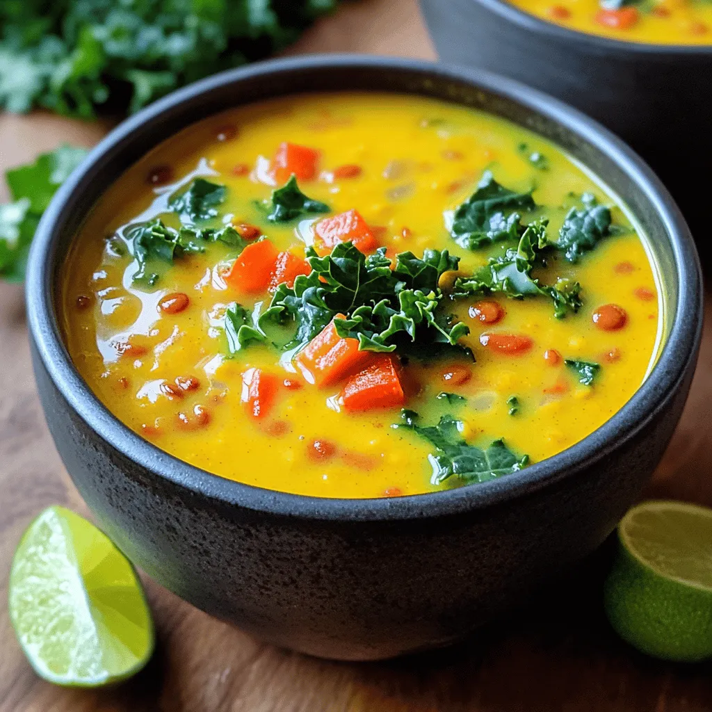 - 1 cup red lentils, thoroughly rinsed - 1 can (14 oz) coconut milk, full-fat for creaminess - 4 cups vegetable broth, homemade or store-bought - 1 medium onion, finely chopped - 2 cloves garlic, minced - 1 tablespoon fresh ginger, finely grated - 1 tablespoon curry powder, preferably a blend you love - 1 teaspoon turmeric powder, for its vibrant color and health benefits - 1 teaspoon cumin powder, for depth of flavor - 1 red bell pepper, diced into small pieces - 1 cup chopped kale or spinach, packed with nutrients - 2 tablespoons olive oil, for sautéing - Salt and freshly ground black pepper to taste - Fresh cilantro leaves for garnish - Juice of 1 lime, freshly squeezed for brightness When you gather your ingredients, focus on freshness. Fresh veggies add flavor and nutrition. Red lentils cook fast and blend well. Coconut milk gives the soup a creamy texture. The spices bring warmth and depth. Red lentils are a great source of protein. They are full of fiber, which helps digestion. They also contain iron and folate, good for your blood and energy. Coconut milk has healthy fats that support heart health. It can also help with weight loss by making you feel full. Greens like kale or spinach add vitamins A, C, and K. They boost your immune system and keep your bones strong. You need some basic tools to make this soup. A large pot will help you cook all the ingredients together. A good knife is key for chopping veggies. A cutting board makes prep easier and safer. A wooden spoon or spatula is great for stirring. If you want the soup smooth, a blender can help. For best results, use a heavy-bottomed pot to avoid burning. Using the right tools makes cooking fun and easy. When you have what you need, it’s easier to focus on making a tasty dish. For the full recipe, check the [Full Recipe] section. First, I heat olive oil in a large pot over medium heat. I add finely chopped onion and sauté it until it is soft and translucent, about five minutes. Next, I introduce minced garlic and freshly grated ginger. I let this cook for one to two minutes, making sure the aroma fills the kitchen. Then, I sprinkle in curry powder, turmeric, and cumin. Stirring well, I toast these spices for about one minute, which enhances their flavors and makes the soup delicious. Now, I add diced red bell pepper to the pot. I cook it for three to four minutes until it softens and brightens. After that, I pour in thoroughly rinsed red lentils, followed by vegetable broth and coconut milk. I stir everything together so all the ingredients mix well. I turn up the heat slightly to bring the soup to a gentle simmer. Covering the pot, I let it cook for twenty to twenty-five minutes. The lentils should become tender and start to break down. Once the lentils are cooked, I stir in chopped kale or spinach. I let it wilt for two to three minutes in the hot soup. Next, I season the soup generously with salt and freshly ground black pepper. This step is crucial for balancing the flavors. Just before serving, I stir in freshly squeezed lime juice. This adds brightness to the dish. I serve the soup hot, garnished with fresh cilantro leaves. It looks inviting and tastes even better! For the complete recipe, check out the [Full Recipe]. To cook lentils well, rinse them first. Rinsing removes dust and helps with taste. Use red lentils for this soup. They cook fast and break down nicely. For balanced spice flavors, add spices at the right time. Toast curry powder, turmeric, and cumin in hot oil. This step wakes up the spices and makes them pop. Watch the heat to avoid burning. Pair Coconut Curry Lentil Soup with crusty bread or rice. Both soak up the soup's rich flavors. Serve it hot for the best taste. Garnish with fresh cilantro for a pop of color. A lime wedge on the side adds a nice touch. Do not overcook lentils. They should be tender but not mushy. Keep an eye on the timer. Balancing flavors is key. Taste as you go. Adjust salt, pepper, and lime juice to your liking. Too little or too much can change the whole dish. {{image_4}} You can easily make Coconut Curry Lentil Soup vegan. Just use vegetable broth and coconut milk, as the recipe already does. If you need gluten-free options, this soup is naturally gluten-free. Always check labels on your broth and coconut milk. For those with nut allergies, ensure that your broth has no nuts. To make this soup even tastier, try adding different spices. A pinch of cayenne can add heat. You can also use fresh herbs like basil or mint for a twist. If you want protein in your soup, consider adding cooked chicken, shrimp, or tofu. These options blend well with the coconut flavors. You can adjust the soup based on the season. In summer, add fresh tomatoes or zucchini. In winter, root veggies like carrots or sweet potatoes can add warmth. Changing spices with the seasons can also help. In colder months, try adding warming spices like cinnamon or cardamom for extra comfort. To keep your Coconut Curry Lentil Soup fresh, cool it down first. Let it sit at room temperature for about 30 minutes. This helps avoid bacteria growth. Once cooled, transfer it to airtight containers. I recommend using glass or BPA-free plastic containers for best results. Label the containers with the date so you know when to use them. When you’re ready to enjoy your soup again, use gentle heat. The best methods are on the stove or in the microwave. If using the stove, heat it in a pot over low to medium heat. Stir frequently to keep it from sticking. In the microwave, heat in short bursts, stirring in between. This helps keep the flavor and texture intact. To freeze your soup, pour it into freezer-safe bags or containers. Leave some space at the top, as soup expands when frozen. Seal the bags tightly and label them with the date. For thawing, place the soup in the fridge overnight. When ready to eat, reheat it gently on the stove or microwave. Enjoy your tasty meal whenever you like! To add some heat to your soup, try these tips: - Add fresh chili peppers: Jalapeños or serranos work great. - Stir in red pepper flakes: Start with a pinch and adjust to taste. - Use spicy curry powder: Look for a blend that packs some heat. These ingredients not only add heat but also enhance the overall flavor. Yes, you can use dried lentils. Here's how: - Rinse and soak: Rinse the lentils and soak them for a few hours, if you can. - Adjust cooking time: Dried lentils take longer to cook, about 30 to 40 minutes. Check for tenderness and adjust the broth as needed. Pairing your soup with the right sides makes a complete meal. Consider these options: - Crusty bread: A nice loaf goes well for dipping. - Simple salad: A fresh green salad with lemon dressing complements the soup nicely. These sides add texture and balance to your meal. For the full recipe, refer to the above section. This blog post covered how to make Coconut Curry Lentil Soup. We discussed the key ingredients, including lentils and coconut milk, and their health benefits. I shared step-by-step instructions for preparing and cooking the soup, along with tips to avoid common mistakes. We also explored variations and storage information. In my experience, this simple recipe offers warmth and nutrition, perfect for any meal. Enjoy your cooking journey and share your unique twists on this dish!