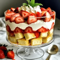 - 2 cups fresh strawberries, hulled and sliced - 2 tablespoons granulated sugar - 1 teaspoon pure vanilla extract - 1 cup heavy whipping cream - 2 tablespoons powdered sugar - 8 ounces shortcake or pound cake, cut into 1-inch cubes - 1 cup creamy vanilla yogurt - Fresh mint leaves for garnish Selecting the best strawberries When choosing strawberries, look for ones that are bright red and firm. Fresh berries should smell sweet and have no soft spots. This helps ensure they taste great in your trifle. Suggested alternatives for shortcake If you can't find shortcake, use pound cake or sponge cake. Both options work well and add a nice texture. You could also try a gluten-free cake for a different twist. Best types of yogurt to use For this dessert, creamy vanilla yogurt works best. You can also use Greek yogurt for a thicker texture. If you want a fruitier taste, look for strawberry or honey-flavored yogurt. These ingredient tips make sure you create a delicious strawberry shortcake trifle. For the full recipe, check out the details above. To start, you need fresh strawberries. Grab 2 cups of berries, hull them, and slice them. Place them in a medium bowl. Add 2 tablespoons of granulated sugar and 1 teaspoon of pure vanilla extract. Gently toss everything together. This step helps the strawberries absorb the sweet flavor. Set the bowl aside for about 15 minutes. This lets the strawberries macerate and release their delicious juices. Next, grab a large mixing bowl for the cream. Pour in 1 cup of heavy whipping cream and add 2 tablespoons of powdered sugar. Use an electric mixer to whip the cream. Beat it until you see soft peaks form. Be careful not to over-whip it. If you do, it may turn into butter, and we want soft, fluffy cream. Now, it’s time to layer your trifle! Start with half of the cubed shortcake at the bottom of your trifle dish. This creates a solid base. Then, spoon half of the creamy vanilla yogurt over the shortcake, smoothing it out evenly. Next, take half of the macerated strawberries and spread them on top of the yogurt. Finally, add half of the whipped cream, covering the strawberries completely. Repeat this layering process. Add another layer of shortcake, yogurt, strawberries, and whipped cream. For the final touch, garnish the top with fresh strawberries and mint leaves. This adds color and freshness to your trifle. For the best taste, cover the trifle with plastic wrap. Refrigerate for at least 30 minutes before serving. This chilling time allows all the flavors to mix together. Enjoy your beautiful and tasty dessert! You can find the full recipe for more details. To make great whipped cream, first, use cold cream. This helps it whip up nicely. Avoid over-whipping. If you whip too long, it will turn into butter. Stop when you see soft peaks. You can add flavor to your whipped cream. Try a splash of vanilla or a hint of almond extract. Both add a lovely taste. When layering your trifle, think about stability. Start with a firm layer of cake. This helps hold everything together. Make sure each layer is even. This ensures a nice look when you serve it. You can also use different colors in your layers. Bright strawberries next to white cream looks stunning. For garnishes, fresh mint leaves are a great choice. They add color and taste. You can also sprinkle some crushed cookies on top for crunch. To present individual servings, use clear glasses. This shows off all the beautiful layers. It makes each dessert feel special and ready to enjoy. {{image_4}} You can change the strawberries for other fruits. Raspberries, blueberries, or peaches work great. Each fruit adds a unique flavor. For summer, try using fresh peaches or cherries. In the fall, apples and pears add a nice twist. Feel free to mix different fruits for a fun look and taste. If you want a twist, use flavored yogurt instead of cream. Vanilla or lemon yogurt adds a tasty kick. For those who are dairy-free, try coconut cream or almond milk yogurt. These options keep the trifle creamy without dairy. They also add a new layer of flavor to your dessert. You can make your trifle a bit healthier. Start by reducing the sugar in the recipe. Use just one tablespoon of sugar for the strawberries. You can also swap shortcake for whole grain or nut-based cakes. These changes keep the taste great while making it a bit lighter. Enjoy the same delicious dessert with added health benefits! You can store the trifle in the fridge for up to three days. Cover it well with plastic wrap. This keeps it fresh and prevents it from absorbing other odors. For the best taste, eat it within one to two days. The longer it sits, the soggier the layers may become. Yes, you can freeze a trifle, but it may not be its best after thawing. The cream and yogurt can separate, affecting texture. If you want to freeze it, remove the whipped cream first. Freeze the cake and fruit layers in airtight containers. Thaw them in the fridge overnight before serving. If you have leftover trifle components, get creative! Use the shortcake in a parfait or as a topping on ice cream. Mix the strawberries with yogurt for a quick snack. Store any extra ingredients in airtight containers in the fridge. This way, they stay fresh for your next sweet creation. The Strawberry Shortcake Trifle stays fresh for about 2-3 days in the fridge. The shelf life depends on factors like the freshness of the ingredients and how well you store it. Make sure to cover it tightly to prevent it from drying out or absorbing other smells from the fridge. Yes, you can make this trifle in advance! I recommend preparing it up to a day ahead. This allows the flavors to mix and become even tastier. Just remember to chill it in the fridge for at least 30 minutes before serving. Serve the trifle cold for the best taste. I love presenting it in clear glasses to show off the lovely layers. Garnish with fresh strawberries and mint leaves for a pop of color. It makes the dish look so inviting! Absolutely! You can use store-bought shortcake or pound cake to save time. Ready-made whipped cream can also work well. This way, you keep the taste good without spending too much time in the kitchen. You can easily adapt this recipe. For gluten-free options, use gluten-free cake. If you want a vegan version, swap the cream with coconut cream and use dairy-free yogurt. This way, everyone can enjoy the deliciousness! This blog post covered how to make a delicious Strawberry Shortcake Trifle. You learned about the best ingredients, including fresh strawberries and heavy whipping cream. I shared tips for preparing the strawberries and whipping the cream just right. You also discovered fun variations and storage tips for keeping your trifle fresh. In closing, this trifle is sure to impress your friends and family. Whether you stick to the classic recipe or try new fruits, enjoy the sweet layers every time.