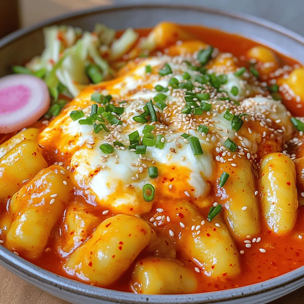 - 300g Korean rice cakes (tteok) - 1 cup fish cakes, sliced - 2 tablespoons gochujang (Korean chili paste) - 1 tablespoon gochugaru (Korean chili flakes) - 1 tablespoon soy sauce - 1 tablespoon sugar - 3 cups water or anchovy broth - 1 tablespoon sesame oil - 1 cup mozzarella cheese, shredded - 2 green onions, finely chopped - 1 tablespoon sesame seeds, for garnish To make Cheese Tteokbokki, you need some key ingredients. First, the Korean rice cakes are the star of the dish. They give that chewy texture we love. Next, fish cakes add flavor and protein. Gochujang and gochugaru bring heat and depth. The soy sauce and sugar balance the spice perfectly. You can use water or anchovy broth for a tasty sauce base. Finally, the mozzarella cheese makes everything creamy and delicious. Don’t forget the green onions and sesame seeds for garnish! - You can swap fish cakes for tofu or mushrooms for a veggie twist. - Try different cheeses like cheddar or gouda for new flavors. - If you don’t have anchovy broth, plain water works just fine. These substitutions can keep the dish fresh. They help you cater to different tastes or dietary needs. - Cooking pan - Measuring cups and spoons - Stirring utensil Having the right tools is important. A good cooking pan helps with even heating. Use measuring cups and spoons for precise amounts. A sturdy stirring utensil will help mix everything well. For the full recipe, check out Cheese Tteokbokki Delight . To start, you need to prepare the rice cakes. If you have hard or refrigerated rice cakes, soak them in warm water for about 30 minutes. This softens them and makes them chewy. If you use fresh rice cakes, you can skip this step entirely. They are ready to go! Next, let’s make the sauce. In a large pan, pour in 3 cups of water or anchovy broth. Add 2 tablespoons of gochujang, 1 tablespoon of gochugaru, 1 tablespoon of soy sauce, and 1 tablespoon of sugar. Stir until everything blends well and the sauce is smooth. This sauce is key to the dish's rich flavor. Now, it’s time to cook. Bring the sauce to a gentle boil over medium heat. Carefully add the soaked rice cakes and 1 cup of sliced fish cakes into the pan. Stir gently to coat them with the sauce. Let it simmer on low heat for about 10-15 minutes. Stir occasionally to make sure everything cooks evenly, and the rice cakes become tender. After simmering, it’s time for the finishing touches. Drizzle 1 tablespoon of sesame oil over the top and stir gently. This adds a wonderful aroma. Then, sprinkle 1 cup of shredded mozzarella cheese over the tteokbokki. Cover the pan with a lid and let the cheese melt for about 2-3 minutes. The result is a creamy, cheesy delight! Now your Cheese Tteokbokki is ready to enjoy. Don't forget to check the Full Recipe for more details! To make your Cheese Tteokbokki even better, adjust the spice levels. If you like it hot, add more gochujang and gochugaru. For a milder taste, reduce these ingredients. You can also add extra toppings like boiled eggs, green onions, or even kimchi. These toppings bring more flavor and color. Simmering is key to making great tteokbokki. It helps the rice cakes soak up the sauce. Keep an eye on it and stir often. This way, everything cooks evenly and tastes amazing. When it’s time to add cheese, cover the pan with a lid. This helps the cheese melt perfectly. You want it stretchy and gooey, just like in the best street food. For a beautiful presentation, serve the Cheese Tteokbokki in a shallow bowl. If you want something special, use a sizzling hot stone dish. This keeps the dish warm and adds a nice touch. Serve it with pickled radish on the side. The cool crunch of the radish pairs well with the hot tteokbokki. Enjoy it warm and fresh for the best taste! {{image_4}} To make a vegetarian version, skip the fish cakes. Use a mix of colorful vegetables instead. You can add mushrooms, bell peppers, or even zucchini. These will add great flavor and texture. This version is still delicious and satisfying. You won’t miss the fish cakes at all! If you like heat, boost the spice! Add more gochujang and gochugaru. Start with an extra half tablespoon of each. This will give your tteokbokki a fiery kick. Adjust to your taste. It’s perfect for those who love spicy food. Get creative! Try adding non-Korean ingredients for a unique twist. Think about adding cooked shrimp or chicken for extra protein. You can also experiment with different cheeses. Cheddar or pepper jack can give a fun flavor change. Just remember, the cheese should melt nicely. Enjoy making it your own! For the full recipe, check out Cheese Tteokbokki Delight . To store leftover Cheese Tteokbokki, place it in an airtight container. Make sure it cools down first. Store it in the fridge for up to three days. This helps keep the flavors fresh and tasty. Reheating Cheese Tteokbokki can be tricky. You want to keep it chewy and not soggy. The best way is to use a pan. Add a splash of water to help steam it. Heat it over low to medium heat. Stir often until it’s warm. This method helps keep the cheese gooey and the rice cakes soft. Yes, you can freeze Cheese Tteokbokki! If you want to save some for later, let it cool completely. Then, place it in a freezer-safe container. It’s best to eat it within one month. When you're ready to eat, let it thaw in the fridge overnight. Reheat it in a pan, just like before. This keeps it nice and tasty! Cheese Tteokbokki is a popular Korean dish. It features chewy rice cakes in a spicy sauce. The dish also includes fish cakes and gooey cheese. Its origins trace back to street food in Korea. Many enjoy it for its rich flavors and texture. Yes, Cheese Tteokbokki is spicy. The main spice comes from gochujang, a chili paste. You can adjust the spice levels by changing the amount of gochujang. For less heat, use less gochujang or add more cheese. This helps balance the spice with creaminess. To make Cheese Tteokbokki in advance, prepare the sauce and rice cakes first. Store them in separate containers in the fridge. When ready to eat, heat the sauce and add the rice cakes. Finish by melting the cheese just before serving. Yes, you can use other cheeses besides mozzarella. Cheddar cheese gives a sharp flavor. Cream cheese adds a rich creaminess. Other options include gouda or provolone for a unique twist. Experiment to find your top choice! Cheese Tteokbokki pairs well with many side dishes. Pickled radish adds a refreshing crunch. A simple salad can balance the rich flavors. Serve with steamed veggies or kimchi for added zing. These sides enhance the overall meal experience. For the full recipe, check out Cheese Tteokbokki Delight . In this blog post, we explored how to make delicious Cheese Tteokbokki, a Korean dish loved by many. We covered essential ingredients, cooking steps, and tips to enhance flavor. You learned about variations like vegetarian options and how to store leftovers. Tteokbokki brings joy and comfort. With these easy steps, you can create a tasty dish at home. Enjoy experimenting and make it your own!