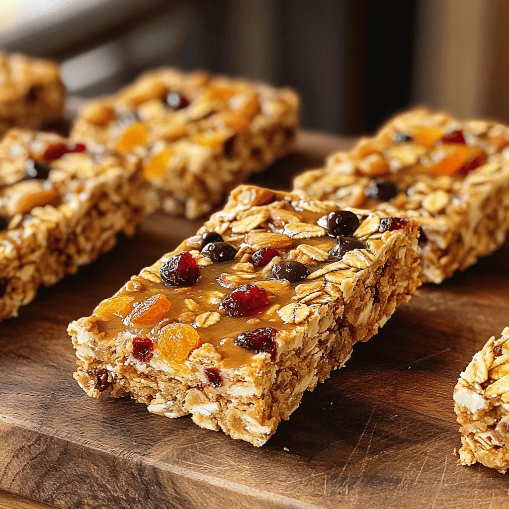 Here is what you need for my homemade granola bars: - 2 cups rolled oats - 1 cup mixed nuts (almonds, cashews, walnuts, coarsely chopped) - 1/2 cup honey or maple syrup - 1/4 cup creamy peanut butter or almond butter - 1/2 cup dried fruits (choose from cranberries, apricots, or raisins) - 1/4 cup mini dark chocolate chips (optional for a sweet crunch) - 1/2 teaspoon pure vanilla extract - 1/4 teaspoon sea salt - 1/4 teaspoon ground cinnamon You can mix things up with these options: - Nuts: Use your favorite nuts. Pecans or hazelnuts work well, too. - Sweeteners: Swap honey for agave syrup or brown sugar for a different taste. - Nut Butters: Almond butter is a great choice if you want a nutty flavor. - Dried Fruits: Try banana chips or coconut flakes for a tropical twist. - Chocolate: Use white chocolate chips or omit them for a healthier option. Each granola bar has about: - Calories: 150 - Protein: 4 grams - Fat: 7 grams (mostly healthy fats from nuts) - Carbohydrates: 20 grams - Fiber: 2 grams These bars are a great snack option. They give you energy without added junk. You can find the full recipe above to make your own delicious granola bars. Enjoy your healthy snacking! First, you need to prep your baking dish. Preheat your oven to 350°F (175°C). Line an 8x8 inch baking dish with parchment paper. Leave some paper hanging over two sides. This helps you lift the bars out later. Next, in a large bowl, mix your dry ingredients. Add 2 cups of rolled oats, 1 cup of mixed nuts, 1/4 teaspoon of sea salt, and 1/4 teaspoon of ground cinnamon. Stir until the mix is even. Then, you will make the sticky blend. In a microwave-safe bowl, combine 1/2 cup of honey or maple syrup and 1/4 cup of creamy peanut butter. Heat it for about 30 seconds. Stir until it is smooth. Now, add 1/2 teaspoon of pure vanilla extract. Mix again. Now, pour the sticky blend over the dry mix. Stir it well until all the oats and nuts are coated. If you want to add some sweetness, fold in 1/2 cup of dried fruits and 1/4 cup of mini dark chocolate chips. Transfer the mixture to your prepared baking dish. Use a spatula or your damp hands to press it down firmly. Make it as even as you can. Now, place the dish in the oven. Bake for 20 to 25 minutes. Look for a light golden brown color on the edges. After baking, take the dish out and let it cool completely. This step is important! Once cool, lift the whole mixture out using the parchment paper. Place it on a cutting board. Now, it's time to cut your bars. Use a sharp knife to slice them into your desired size. Store the granola bars in an airtight container at room temperature for one week. For longer freshness, put them in the fridge. For the full recipe, check out the provided link! To get the best texture, focus on the mix. Use fresh oats and nuts. This keeps the bars chewy yet firm. Press the mixture down tightly in the pan. This helps the bars hold together. Bake them until the edges are golden brown. This gives a nice crunch. Let them cool completely before cutting. One big mistake is adding too many dried fruits. This can make the bars too soft. Another mistake is not pressing the mix firmly. If it’s loose, the bars might fall apart. Also, avoid using old nuts. Fresh nuts add flavor and crunch. Lastly, don’t skip the sea salt. It enhances all the flavors. You can add many fun ingredients to change the flavor. Try adding seeds like chia or flax for extra nutrition. You can also mix in spices like nutmeg or ginger for warmth. Dried coconut gives a tropical twist. If you love chocolate, add more mini dark chocolate chips. Each of these additions can make your bars unique and tasty. For more ideas, check out the Full Recipe. {{image_4}} You can change the nuts and seeds in your granola bars. Use what you love! Try almonds, cashews, or walnuts. Each nut adds a unique taste. For seeds, pumpkin or sunflower work well. Mix and match until you find your favorite combo! Adding spices and extracts can make your granola bars special. Cinnamon gives warmth. Nutmeg adds depth. You can also try vanilla or almond extract for a sweet note. A pinch of salt balances the flavors. Experiment with what you have at home for fun new tastes! If you have allergies, it’s easy to adapt this recipe. Swap nuts for seeds like sunflower or pumpkin. Use sunflower butter instead of peanut or almond butter. For sweetness, try agave syrup or brown rice syrup. Always check labels to avoid allergens. This way, everyone can enjoy your homemade treat! I recommend storing your granola bars in an airtight container. This keeps them fresh and tasty. If you leave them out, they may become dry and lose their flavor. For best results, place parchment paper between layers. This helps prevent them from sticking together. Try to keep them in a cool, dark place, like a pantry or cupboard. Freezing granola bars is easy and a great way to make them last. First, cut the bars into your desired size. Wrap each bar tightly in plastic wrap or foil. Then, place them in a freezer-safe bag. Be sure to label it with the date. You can freeze them for up to three months. When you're ready to eat, just take out a bar and let it thaw at room temperature. Check your granola bars for signs of spoilage before eating. If they smell off or have an unusual color, it’s best to toss them. Also, if you notice mold or an odd texture, do not eat them. Fresh granola bars should be chewy and have a pleasant nutty aroma. If you follow the storage tips from the Full Recipe, you can enjoy your homemade treats for longer! To make your granola bars crunchy, bake them longer. Aim for a golden brown color. Press the mixture firmly into the pan before baking. This helps the bars hold together and stay crunchy. Let them cool completely before cutting. If they seem soft, return them to the oven for a few extra minutes. Yes, you can easily make gluten-free granola bars. Simply choose certified gluten-free oats. Many brands offer gluten-free oats that are safe for those with gluten sensitivity. You can also use gluten-free nut butter. This way, you can enjoy tasty snacks without worry. To cut granola bars, first let them cool completely. Lifting the bars out using the parchment paper helps. Place them on a cutting board. Use a sharp knife to cut them into squares or rectangles. For clean cuts, wipe the knife with a damp cloth between cuts. This makes sure the bars stay neat and pretty. For the full recipe, check out the Granola Bar Bliss section! In this blog post, we covered how to make the best granola bars. We explored each ingredient, shared step-by-step instructions, and provided tips for perfecting texture and flavor. We also discussed variations to fit your taste and needs, plus storage tips to keep them fresh. Remember, you can make these bars your own by adding different flavors or using allergy-friendly options. Enjoy your tasty and healthy treat, and keep experimenting to find your perfect blend!