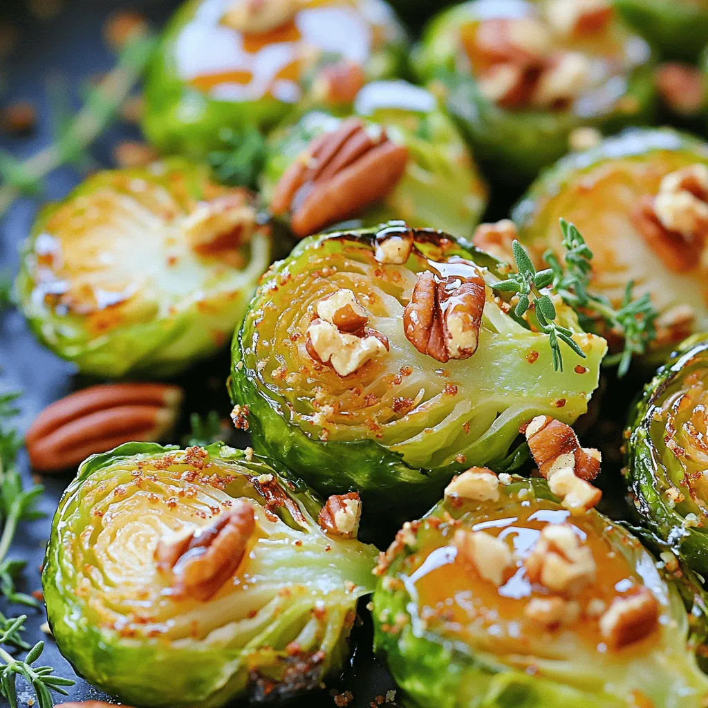 - 1 lb Brussels sprouts, trimmed and halved - 3 tablespoons extra-virgin olive oil - 1/4 cup pure maple syrup - 1 tablespoon balsamic vinegar - 1/2 teaspoon garlic powder - 1/4 cup pecans, roughly chopped - Salt and freshly ground black pepper to taste - Fresh thyme leaves for garnish You will find that the main ingredients are simple and fresh. The Brussels sprouts are the star. They have a strong taste that pairs well with sweet maple syrup. The olive oil adds richness. If you like a tangy twist, use balsamic vinegar. Garlic powder gives a warm flavor. Pecans can add crunch, but they are optional. Don’t forget the salt and pepper. They bring out all the flavors. Fresh thyme leaves add a nice touch. They make the dish look beautiful and taste great. For the full recipe, check out the link above. You will see just how easy it is to make this dish! - Preheat the oven to 400°F (200°C). - Trim and halve 1 pound of Brussels sprouts. Remove any yellow leaves. - In a large bowl, mix the Brussels sprouts with: - 3 tablespoons extra-virgin olive oil - 1/4 cup pure maple syrup - 1 tablespoon balsamic vinegar - 1/2 teaspoon garlic powder - Salt and freshly ground black pepper to taste - Toss until each sprout is evenly coated in the mixture. - Spread the coated Brussels sprouts on a baking sheet in a single layer. - Roast them for 20-25 minutes. Stir halfway through for even cooking. - If using, add 1/4 cup of roughly chopped pecans during the last 5 minutes of roasting. - This step gives a nice crunch to the dish. - Once roasted, let them cool slightly before serving. For a touch of elegance, garnish with fresh thyme leaves. For the full recipe, check out the detailed instructions. Enjoy your cooking! To get that sweet caramelization, roast Brussels sprouts for 20-25 minutes at 400°F (200°C). Stir them halfway to ensure they cook evenly. This timing gives them a tender inside and a nice crispy outside. To avoid soggy sprouts, make sure they have space on the baking sheet. Overcrowding traps steam and makes them mushy. You can add more flavor with spices like smoked paprika or red pepper flakes. These give your dish a nice kick! To balance the sweetness of the maple syrup, a splash of balsamic vinegar works great. This enhances the dish without overpowering it. Maple glazed Brussels sprouts pair well with roasted chicken or pork. They add a sweet touch to savory meals. For presentation, serve them in a rustic bowl. Top with whole thyme sprigs for color and flair. This makes your dish look as good as it tastes. For the full recipe, check out the detailed instructions above. {{image_4}} You can swap maple syrup for honey or agave syrup. Each option adds a unique flavor. Honey gives a floral note, while agave syrup is milder. These sweeteners still balance the sprouts' natural bitterness. Just use the same amount as the maple syrup in the recipe. If you want to change nuts, try walnuts or almonds instead of pecans. Both add a nice crunch. Walnuts have a more earthy taste, while almonds offer a sweet, buttery flavor. Chop them roughly and add them during the last five minutes of roasting for a delightful texture. For a fun twist, consider adding bacon or cheese. Bacon crisps up beautifully and adds a savory note. Use cooked and chopped bacon, mixing it in before roasting. Cheese, like feta or Parmesan, can bring creaminess. Sprinkle it on just before serving for a rich finish. To keep your maple glazed Brussels sprouts fresh, refrigerate them in an airtight container. This helps keep moisture out and flavors locked in. They taste best when eaten within 3 days. If you have more leftovers, divide them into smaller portions. This way, you can enjoy them later without losing taste. When reheating, your goal is to keep them crispy. I suggest using an oven or an air fryer. Preheat your oven to 350°F (175°C). Spread the Brussels sprouts on a baking sheet and heat for about 10-15 minutes. Check them often. If you use an air fryer, set it to 350°F (175°C) for about 5-7 minutes. This method helps restore their crunch. Yes, you can freeze maple glazed Brussels sprouts! To do this, let them cool completely first. Place them in freezer-safe bags, removing as much air as possible. They can stay in the freezer for up to 3 months. When you’re ready to eat, thaw them in the fridge overnight. Reheat as mentioned before to keep them nice and crispy. Roast Brussels sprouts for 20 to 25 minutes at 400°F. This time gives them a crisp outside and a tender inside. Stir them halfway to ensure even cooking. You want them caramelized and golden brown. Yes, you can prep Brussels sprouts ahead. Trim and halve them, then store in an airtight container. Keep them in the fridge for up to two days. When you are ready, toss with olive oil and maple syrup, then roast them. These Brussels sprouts pair well with many dishes. Try them with roasted chicken or pork. They also complement grains like quinoa or rice. If you want a fresh side, serve with a salad for balance. To make maple glazed Brussels sprouts vegan, use vegetable oil instead of olive oil. Ensure your maple syrup is pure and not mixed with honey. This will keep the dish plant-based and just as tasty. In this post, we explored how to make delicious maple glazed Brussels sprouts. We discussed key ingredients, step-by-step roasting instructions, and tips for the perfect flavor. Remember, adjusting seasonings or adding nuts can elevate your dish. Whether you enjoy them warm or as leftovers, these sprouts can shine on your table. Experiment with variations to suit your taste and impress your family. Happy cooking!