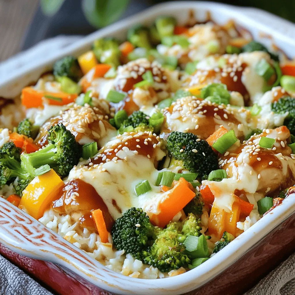 To make a tasty Teriyaki Chicken Casserole, you'll need these main ingredients: - 2 cups cooked white rice - 1 pound boneless, skinless chicken thighs, diced - 1 cup fresh broccoli florets - 1 cup bell peppers, sliced - 1 cup shredded carrots - 1 cup low-sodium teriyaki sauce - 1 cup shredded mozzarella cheese, divided - 2 green onions, chopped - 1 tablespoon sesame seeds - Salt and pepper to taste - 1 tablespoon olive oil When selecting fresh vegetables, look for bright colors and firm textures. For broccoli, choose florets that are deep green. Bell peppers should feel heavy for their size. Carrots should be crisp and not soft. Freshness matters for flavor! You can make this dish healthier by using brown rice instead of white. Brown rice has more fiber and nutrients. Look for low-sodium teriyaki sauce to cut back on salt. You can also add more veggies like snap peas or zucchini for extra nutrition. For the full recipe, check the instructions above! First, you need to preheat your oven to 375°F (190°C). This step is key. A hot oven helps cook the casserole evenly. While the oven heats, grab a 9x13 inch baking dish and grease it lightly. This will help the casserole not stick. Next, let's cook the chicken. Heat 1 tablespoon of olive oil in a large skillet over medium heat. Add 1 pound of diced chicken thighs. Season it with salt and pepper. Sauté the chicken for about 5-7 minutes. You want it browned and cooked through. Stir it often to avoid burning. Now, it's time to add the veggies. Toss in 1 cup each of fresh broccoli florets, sliced bell peppers, and shredded carrots. Cook these for about 3-4 minutes. This way, the veggies will soften but still have some crunch. After that, reduce the heat. Pour in 1 cup of low-sodium teriyaki sauce. Stir everything well. Let it simmer for 2-3 minutes. The flavors will blend beautifully. In a large mixing bowl, combine the cooked rice with the chicken and veggies. Use 2 cups of cooked white rice. Mix in half of the shredded mozzarella cheese and half of the chopped green onions. Fold everything gently. This step is vital for even flavor distribution. Now, transfer this mixture into your greased baking dish. Spread it evenly across the dish. For that cheesy finish, sprinkle the rest of the mozzarella cheese on top. This will create a lovely, gooey layer as it bakes. Cover the casserole dish tightly with aluminum foil. Place it in your preheated oven and bake for 25 minutes. This allows the flavors to meld together. After 25 minutes, carefully remove the foil. Return the casserole to the oven. Bake for an extra 10-15 minutes. You want the cheese to be bubbly and golden brown. Once done, take the casserole out of the oven. Let it rest for a few minutes before serving. This resting time helps the flavors settle. Just before serving, garnish with remaining green onions and a sprinkle of sesame seeds for extra flavor and crunch. For the full recipe, please refer to the earlier sections. Marinating your chicken makes it tastier. I recommend marinating for at least 30 minutes. This gives the teriyaki sauce time to soak in. You can even marinate it overnight for deeper flavor. Try adding a splash of lime juice or garlic for extra kick. You might also consider using soy sauce or honey for a twist. Pair the casserole with simple side dishes. Steamed rice or a fresh salad works well. For a fun touch, serve with chopsticks and forks together. You can also add a sprinkle of sesame seeds on top for extra crunch. This adds visual flair too. To keep your casserole moist, avoid overcooking the chicken. Cook it just until it’s done. If you want a saucy dish, use less rice. Adjust the teriyaki sauce to match your taste. If you love spice, add a pinch of red pepper flakes. Always taste before serving to ensure it’s just right. {{image_4}} You can make teriyaki chicken casserole fit your diet. For gluten-free needs, choose tamari instead of regular soy sauce. Tamari has a rich flavor similar to soy sauce but is made without wheat. Many grocery stores carry gluten-free teriyaki sauce too. If you want plant-based options instead of chicken, try tofu or tempeh. Both soak up the teriyaki sauce well and give a great texture. You can also use chickpeas for a protein punch. Just sauté them with the veggies for a hearty dish. Adding spices and herbs can give your casserole a new twist. Try ginger or garlic powder for extra zing. Fresh herbs like cilantro or basil can brighten the dish. Don’t be afraid to mix and match flavors! You can also add different veggies. Snap peas bring a nice crunch, while zucchini adds moisture. Carrots, bell peppers, and broccoli are great, but don’t be shy to experiment. Fresh corn or baby corn could add some sweetness. When it comes to cheese, you have choices! Cheddar cheese gives a sharp taste, while Monterey Jack melts smoothly. For a twist, blend different cheeses for a unique flavor. If you prefer dairy-free, there are vegan cheese options. Look for brands that melt well, like cashew-based cheese. Some almond or coconut cheese can work too. They may not melt like real cheese, but they can still add creaminess to your casserole. For the full recipe, check out the Teriyaki Chicken Casserole page. To store leftover Teriyaki Chicken Casserole, let it cool first. Place it in a sealed container. This keeps it fresh for up to three days in the fridge. When reheating, use the oven for best results. Preheat the oven to 350°F (175°C). Cover the casserole with foil to prevent it from drying out. Heat for about 20-25 minutes until it’s hot all the way through. You can freeze this casserole before cooking it. Prepare the dish as directed but do not bake it. Instead, cover it tightly with plastic wrap and aluminum foil. This helps prevent freezer burn. You can freeze it for up to two months. When you're ready to cook, take it out of the freezer. Let it thaw in the fridge overnight. Once thawed, bake it in the preheated oven at 375°F (190°C) for about 40-45 minutes. This ensures it cooks evenly. Enjoy your delicious meal! For the complete recipe, you can refer to the [Full Recipe]. To make Teriyaki Chicken Casserole healthier, you can: - Use brown rice instead of white rice for added fiber. - Choose skinless chicken breasts to lower fat content. - Add more vegetables like spinach or zucchini for extra nutrients. - Substitute low-calorie teriyaki sauce or make your own. - Limit cheese or use a lighter cheese option like mozzarella. These tweaks help cut calories while keeping the dish tasty and satisfying. Yes, you can use brown rice! Brown rice adds a nutty taste and more fiber. However, it does take longer to cook. - Cook brown rice for about 30-40 minutes before mixing it in. - Keep in mind that brown rice may make the casserole a bit chewier. - Adjust the cooking time to ensure everything is warm and cooked through. If you want to swap out chicken, consider these options: - Tofu: Firm tofu works well and absorbs flavors nicely. - Tempeh: This has a hearty texture and is great for protein. - Portobello mushrooms: These add a meaty flavor and are packed with nutrients. - Cooked chickpeas: They are a great plant-based protein and add texture. These alternatives can make the dish vegan while still being delicious. To reheat the casserole, follow these steps: - Preheat your oven to 350°F (175°C). - Cover the casserole with foil to keep it moist. - Heat for about 20-25 minutes or until warmed through. - You can also use a microwave; just cover it and heat in 1-minute intervals. This way, the casserole stays flavorful and doesn’t dry out. For the full recipe, check out the cooking instructions above. Teriyaki Chicken Casserole combines fresh ingredients, quick steps, and tasty flavors. We explored key ingredients, cooking tips, and how to avoid common mistakes. Remember to choose fresh veggies and cook your chicken well. Don’t forget to let the casserole rest before serving for the best taste. With these ideas, you can make a delightful meal everyone will enjoy. Enjoy experimenting with the variations to suit your taste!