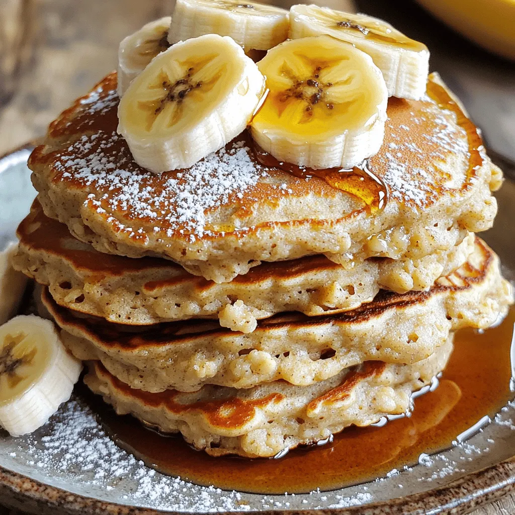- 1 cup rolled oats - 1 ripe banana, well-mashed - 1 cup milk (dairy or plant-based) - 1 large egg - 1 teaspoon baking powder - 1/2 teaspoon pure vanilla extract - 1/4 teaspoon ground cinnamon - A pinch of salt - 1 tablespoon honey or maple syrup (optional) - Cooking spray or butter I love using simple, fresh ingredients to make banana oatmeal pancakes. Each item plays a key role. The rolled oats provide a hearty base. A ripe banana adds natural sweetness and moisture. Milk of your choice gives creaminess. The egg holds everything together. Baking powder helps the pancakes rise. Vanilla and cinnamon add nice flavor. A pinch of salt enhances all the tastes. Honey or maple syrup can sweeten your stack if you like. Lastly, cooking spray or butter keeps pancakes from sticking. You can find the full recipe above to guide you through the steps. - Each pancake has about 100 calories. - Macronutrient breakdown: - Carbohydrates: 18 grams - Protein: 4 grams - Fats: 2 grams Banana oatmeal pancakes are not just tasty; they also pack a nutritional punch. Each pancake has around 100 calories, making them a great breakfast option. The carbs come mainly from oats and bananas. Protein from the egg helps keep you full. Healthy fats from butter or cooking spray round out the meal. This balance gives you energy for your day without weighing you down. To start, blend the ingredients for your batter. Place the rolled oats in a blender. Add the milk, mashed banana, egg, baking powder, vanilla extract, ground cinnamon, and salt. Blend until smooth and creamy. If you like a bit of texture, blend just until mixed. This will keep some oat pieces intact. Next, let the batter rest for about 5-10 minutes. This step is key. It allows the oats to absorb the liquid and helps the pancakes rise nicely. Now, let's cook! Heat a non-stick skillet over medium heat. Once hot, lightly grease the surface with cooking spray or a bit of butter. This will keep the pancakes from sticking. For each pancake, pour about 1/4 cup of batter onto the skillet. Cook for 2-3 minutes. Look for bubbles on the surface and set edges. When ready, flip the pancakes gently with a spatula. Cook for another 1-2 minutes until both sides are golden brown. Once cooked, stack the pancakes on a plate. For a fun touch, arrange them in a tall stack. Top with fresh banana slices. Drizzle with honey or maple syrup for added sweetness. You can also sprinkle a bit of ground cinnamon for extra flavor. Enjoy your delicious banana oatmeal pancakes! For the full recipe, check out the details provided above. To make the best banana oatmeal pancakes, start by hydrating the oats. Soak them for a short time in the batter. This step helps them absorb moisture. It leads to a fluffier texture. If you skip this, your pancakes may turn out dense. Next, avoid over-mixing the batter. Mix just until the ingredients combine. If you blend too long, the pancakes can become tough. A few lumps are okay. They will cook out when you pour them on the skillet. Greasing the pan is key for perfect pancakes. Use cooking spray or butter. A non-stick skillet works best. Apply a thin layer and let it heat before pouring the batter. This prevents sticking and helps with even browning. Adjust cooking times based on your heat. If the pan is too hot, the pancakes may burn. On lower heat, they may not cook through. Aim for medium heat. This gives a nice golden brown color on both sides. You have many choices for sweetening. Natural sweeteners like honey or maple syrup work great. They add flavor without being too sweet. You can also use traditional sugar if you prefer. Customizing sweetness levels is easy. Taste the batter before cooking. If you want it sweeter, add more honey or syrup. Adjust according to your preference. This recipe is flexible, so feel free to experiment! For the full recipe, check the complete guide above. Enjoy making your banana oatmeal pancakes! {{image_4}} You can make banana oatmeal pancakes even more fun. Adding nuts or seeds gives your pancakes a nice crunch. Try walnuts or chia seeds for a healthy boost. You can also mix in chocolate chips or berries for a sweet twist. Blueberries or strawberries pair perfectly with banana. Just fold them into the batter before cooking. If you need gluten-free pancakes, use certified gluten-free oats. They will work just as well. For a vegan option, you can replace the egg with a flax egg. Mix one tablespoon of ground flaxseed with three tablespoons of water and let it sit until it thickens. Use plant-based milk to keep it vegan. Pancakes taste great with a variety of toppings. You can add yogurt, fresh fruit, or a drizzle of honey. For a savory touch, consider a side of scrambled eggs or turkey bacon. You can also serve them with nut butter for added flavor and protein. Enjoy experimenting with different toppings to find your perfect match! To keep your banana oatmeal pancakes fresh in the fridge, follow these steps: - Allow pancakes to cool completely. - Place them in an airtight container. - Separate layers with parchment paper to prevent sticking. - Store in the fridge for up to three days. This method keeps them tasty and ready for a quick breakfast! Freezing pancakes is a great way to save for later meals. Here’s how: - Start with cooled pancakes. - Place them in a single layer on a baking sheet. - Freeze until solid, about one to two hours. - Transfer to a freezer bag or container. - Label with the date and freeze for up to three months. This way, you can enjoy delicious pancakes anytime! To reheat your pancakes, you have a few options: - For the microwave, place a pancake on a plate. - Heat for 20-30 seconds or until warm. - For the stovetop, use a skillet over low heat. - Heat each side for about one minute. - You can also use a toaster oven for crispy edges. Choose your method based on your preference for texture! To make banana oatmeal pancakes vegan, you can swap out the egg and milk. Use 1/4 cup of unsweetened applesauce instead of the egg. For milk, try almond, soy, or oat milk. Both options work well, keeping the pancakes moist and tasty. Yes, you can use quick oats, but the texture will change. Quick oats blend smoother and create a softer pancake. Rolled oats add a nice chewiness and heartiness. If you prefer a thicker pancake, stick with rolled oats. Look for bubbles forming on top of the pancakes. The edges will set and look firm. You can also use a toothpick to check. Insert it into the center; if it comes out clean, they are done. Cook until both sides are golden brown for the best flavor. In this article, we explored how to make delicious banana oatmeal pancakes. You learned about the key ingredients and their nutritional value. We discussed smooth batter preparation and the perfect cooking techniques for fluffy pancakes. Tips for texture, browning, and customization helped you refine your recipe. Lastly, we dove into storage and reheating options to keep your pancakes fresh. Mastering this recipe not only satisfies your taste buds but also ensures healthier eating. Enjoy your pancakes!