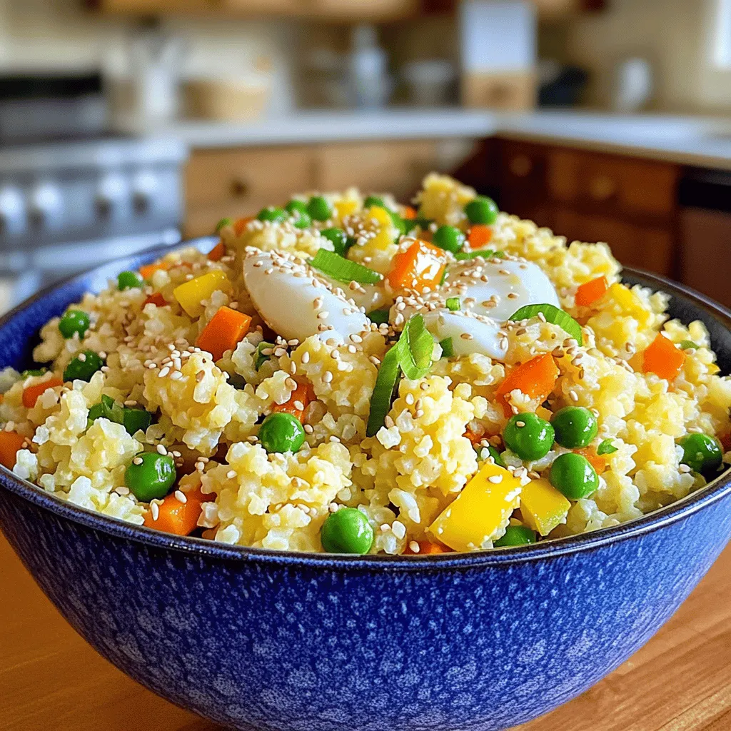 - Riced cauliflower (1 medium head of cauliflower) - Mixed vegetables (1 cup, such as peas, diced carrots, and bell peppers) - Aromatics (1 small onion, 2 cloves garlic, and optional fresh ginger) To make this dish, you start with riced cauliflower. A medium head is perfect. You can easily process it in a food processor or grate it. This gives you a rice-like texture. Next, you need mixed vegetables. I like using peas, diced carrots, and bell peppers for color and taste. Aromatics like onion and garlic add great flavor. If you love a bit more zing, fresh ginger is a nice touch. - Eggs (2 large) - Crumbled tofu (1 cup for a vegan alternative) For protein, you can use eggs. They scramble nicely and add richness. If you want a vegan option, try crumbled tofu. It soaks up flavors well and is a great substitute. - Soy sauce (2 tablespoons) - Sesame oil (2 tablespoons) - Green onions (3, sliced into thin rings) - Seasoning (Salt and pepper to taste) Flavor is key in cauliflower fried rice. Soy sauce gives it that deep umami taste, while sesame oil adds a nutty aroma. Green onions add a fresh crunch. Don’t forget to season with salt and pepper to balance everything. For the full recipe, check out the details above. - Remove leaves and stem, and cut into florets. - Process in a food processor or grate for rice-sized pieces. To start, take a medium head of cauliflower. Remove all the leaves and the thick stem. Slice the cauliflower into smaller florets. This makes it easier to process. Next, you have two options: use a food processor or a box grater. If you use a food processor, pulse until it looks like rice. If you use a grater, grate until you achieve the same result. Once done, set the riced cauliflower aside. - Heat sesame oil and sauté onions until translucent. - Add garlic and optional ginger, sautéing for additional flavor. Now, grab a large skillet or wok. Heat up two tablespoons of sesame oil over medium heat. Once it’s hot, toss in the finely chopped onion. Sauté for about two to three minutes. You want the onion to become soft and translucent. Next, add in minced garlic. If you like, grate some fresh ginger too. Sauté them together for another minute. This brings out the fragrant flavors. - Scramble eggs or tofu and combine with sautéed aromatics. - Stir-fry mixed vegetables until tender. Now, push the onion and garlic mixture to one side of the skillet. If you are using eggs, crack two large eggs into the cleared space. If you prefer tofu, add one cup of crumbled tofu instead. Scramble the eggs or tofu until fully cooked. Once done, mix it back into the onion and garlic. Next, add in one cup of mixed vegetables. Stir-fry these for two to three minutes until they are hot and tender. - Add riced cauliflower, soy sauce, and cook to desired texture. - Drizzle with remaining sesame oil and serve with green onions. Now it’s time to combine everything. Add the riced cauliflower into the skillet. Stir it well with the other cooked ingredients. Next, drizzle two tablespoons of soy sauce over the mixture. Stir everything together and keep cooking for about five to seven minutes. You want the cauliflower rice to be tender, but not mushy. Finally, drizzle the remaining tablespoon of sesame oil over the dish. Season with salt and pepper to taste. Just before serving, add sliced green onions for a nice crunch. Enjoy your cauliflower fried rice, a flavorful and healthy dish! For more details, check out the Full Recipe. To get the best texture in your cauliflower fried rice, avoid overcooking the cauliflower rice. Overcooking makes it mushy, and we want it to stay firm. You should use high heat for a quick stir-fry. This helps keep the vegetables crisp and the cauliflower rice nice and fluffy. You can add spices like pepper flakes or sesame seeds for an extra kick. These spices add warmth and crunch. Fresh herbs like cilantro or parsley can brighten the dish. They add freshness and color, making your meal look even better. For a beautiful presentation, serve the cauliflower fried rice in individual bowls. Garnish with extra green onions and a sprinkle of sesame seeds for a polished look. You can also add lime wedges on the side. This will give your dish a fresh, zesty lift. Pair it with protein like grilled chicken or shrimp, or serve it with a light salad for a complete meal. For the full recipe, check out the details above! {{image_4}} You can change up the veggies in cauliflower fried rice. Try adding zucchini or broccoli for extra crunch. Seasonal vegetables also work well. Use what is fresh and vibrant. This keeps your dish fun and exciting. Mix and match to find your favorite combo. You can even add bell peppers or snap peas for a nice pop of color. If you're looking for protein, there are many choices. For a vegan option, use tempeh or chickpeas. These add a hearty texture and flavor. You can also switch the eggs for different types. Egg substitutes like flaxseed meal or chia seeds can work well too. Experiment with what you like best. Sauces change the flavor of your dish. Try teriyaki or oyster sauce for a sweet touch. If you need a gluten-free option, tamari is a great choice. Soy sauce is common but not the only option. You can also add hot sauce for some heat or a splash of vinegar for tang. The right sauce can elevate your meal! For full details on making this dish, check the Full Recipe. To keep your cauliflower fried rice fresh, store it in an airtight container. This helps prevent moisture and keeps flavors intact. The recommended shelf life in the fridge is 3-4 days. If you plan to eat it within that time, you can enjoy it without worry. Freezing cauliflower fried rice is a great option for meal prep. To freeze, let the dish cool completely. Then, portion it into freezer-safe bags or containers. Remove as much air as possible to prevent freezer burn. For best results, use within 2-3 months. When you're ready to eat, thaw it overnight in the fridge. Reheat in a skillet over medium heat for 5-7 minutes. Stir often to ensure even reheating and to keep the texture just right. Enjoy this healthy dish whenever you want! To make cauliflower fried rice, start with one medium head of cauliflower. Cut it into small pieces and process it until it looks like rice. In a large skillet, heat sesame oil over medium heat. Add chopped onion and cook until soft. Then, add minced garlic and optional ginger for extra flavor. Next, scramble two eggs or crumbled tofu in the skillet. Mix in one cup of mixed vegetables, stirring for a few minutes. Finally, add the riced cauliflower and soy sauce. Cook until it’s tender but not mushy. Finish with some green onions and enjoy! For the complete steps, check the Full Recipe. You can serve cauliflower fried rice with various dishes. Some great pairings include: - Grilled chicken or shrimp - Tofu or tempeh for a vegan option - A side salad for freshness - Steamed broccoli or green beans These options add protein and more flavors to your meal. Yes, cauliflower fried rice is very healthy! It has fewer calories than traditional fried rice. Cauliflower is rich in vitamins like C and K. It also has fiber, which helps digestion. When you add veggies, you boost its nutrient content even more. This dish is low in carbs and can fit well into many diets. Absolutely! Meal prepping cauliflower fried rice is easy. Here are some tips: - Make a big batch and store it in airtight containers. - Refrigerate for up to four days. - You can also freeze it for longer storage. When ready to eat, just reheat in a pan or microwave. It tastes great and saves time! Cauliflower fried rice combines health and taste. You can use riced cauliflower, mixed veggies, and flavorings for a quick meal. Adding proteins like eggs or tofu boosts nutrition. Don’t forget tips for perfect texture and flavor. Explore fun variations and serving ideas to keep it exciting. With simple steps and storage tips, you can enjoy this dish all week. Enjoy this dish knowing it fits into a healthy diet!