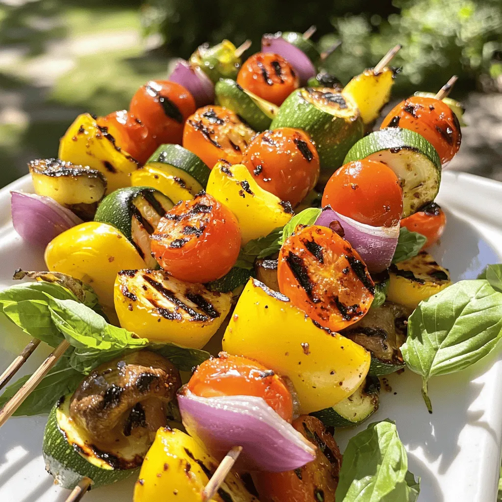For grilled vegetable skewers, choose vibrant and fresh veggies. I love to use: - 1 medium zucchini, sliced into thick rounds - 1 yellow bell pepper, chopped into 1-inch squares - 1 red onion, cut into wedges - 10 ripe cherry tomatoes - 1 cup button mushrooms, halved These vegetables add color and flavor. You can mix and match based on what you like or what’s in season. The right seasoning makes all the difference. Here’s what I use: - 2 tablespoons extra-virgin olive oil - 1 teaspoon garlic powder - 1 teaspoon dried oregano - 1 teaspoon smoked paprika - Salt and freshly ground black pepper to taste I drizzle the olive oil over the veggies. Then, I sprinkle the garlic powder, oregano, smoked paprika, salt, and pepper. Toss everything gently until the veggies are well coated. This step is key for great flavor. A good garnish can elevate the dish. I often use: - Fresh basil leaves for garnish - Balsamic glaze for an extra touch Fresh basil adds a nice aroma and taste. A drizzle of balsamic glaze gives a hint of sweetness. These simple garnishes make your skewers look and taste gourmet. For the full recipe, check out the [Full Recipe]. To make great skewers, start with even slices. Cut the zucchini into thick rounds. Chop the yellow bell pepper into 1-inch squares. For the red onion, cut it into wedges. Halve the cherry tomatoes and button mushrooms. Uniform pieces cook better and look nice on the skewer. Once you have the veggies ready, it’s time to marinate. Place all the chopped vegetables in a large bowl. Drizzle them with olive oil. Add garlic powder, dried oregano, and smoked paprika. Sprinkle with salt and black pepper. Toss gently until all veggies are coated. This step adds flavor and helps them grill nicely. Preheat your grill to medium-high heat. If using wooden skewers, soak them in water for 30 minutes to avoid burning. Thread the marinated vegetables onto the skewers, mixing colors for a beautiful look. Grill the skewers for about 10-12 minutes. Turn them often for even cooking. You want them tender with a slight char. When done, let them rest for a couple of minutes. This makes the flavors even better. For a finishing touch, add fresh basil leaves before serving. For complete details, check the Full Recipe. When you choose skewers, you have two main options: wooden or metal. Wooden skewers are easy to find and cheap. They can soak in water before grilling to stop burning. However, they might break if you use tough veggies. Metal skewers last longer and are more sturdy. They heat up fast, so be careful when you touch them. To keep wooden skewers from burning, soak them in water for at least 30 minutes. This step is key! It helps them resist flames. You can also use a foil wrap on the ends of the skewers. This way, your hands stay safe. If you use metal skewers, just be aware they can get hot. For great grill marks, turn your skewers every few minutes. This method allows even cooking and great color. Try to place the skewers on the grill at a slight angle. This angle helps create those nice lines. Cook them for about 10-12 minutes, checking for doneness. You want them tender but not mushy. Enjoy your vibrant grilled vegetable skewers! For a full recipe, refer to the Full Recipe section. {{image_4}} You can mix up the veggies for more fun. Try using seasonal vegetables. In summer, use fresh corn and eggplant. In fall, add squash or sweet potatoes. Each season brings new flavors. Choosing colorful vegetables makes your skewers look great. To make your skewers more filling, add proteins. Chicken is a classic choice. Cut it into bite-sized pieces and marinate it with the veggies. Shrimp is also tasty. Just be sure to peel and devein them first. For a plant-based option, cube some firm tofu. It soaks up flavors well and adds protein. Marinades can change the whole taste of your skewers. Instead of just olive oil, try soy sauce or lemon juice. You can also mix in fresh herbs like thyme or rosemary. Want a spicy kick? Add red pepper flakes or chili powder. Experiment to find your favorite combo. Each new flavor makes the dish more exciting! To keep your grilled vegetable skewers fresh, let them cool first. Place them in an airtight container. This way, they stay tasty and don't dry out. Store the container in the fridge. They can last for up to three days. If you store them right, they will still taste great when you eat them later. When it's time to enjoy your leftovers, reheating is easy. You can use a microwave for quick meals. Place the skewers on a microwave-safe plate. Heat them for about 30 seconds. Check if they are warm enough. If not, heat for another 15 seconds. You can also use an oven. Preheat it to 350°F (175°C). Place the skewers on a baking sheet and heat for about 10 minutes. This method helps them stay crisp. Can you freeze grilled vegetable skewers? Yes, you can! Wrap each skewer in plastic wrap or aluminum foil. Then, place them in a freezer bag. Make sure to remove as much air as possible. When you want to eat them, just thaw in the fridge overnight. Reheat as usual. Freezing keeps the flavors alive, so they taste good even later. The best vegetables for grilling include zucchini, bell peppers, onions, cherry tomatoes, and mushrooms. These vegetables have a great texture and flavor when grilled. Zucchini becomes soft and sweet, while bell peppers add a nice crunch. Onions caramelize beautifully, and cherry tomatoes burst with juice. Mushrooms soak up flavors and add earthy notes. You can mix and match these for colorful skewers. Grilling vegetable skewers takes about 10 to 12 minutes. Start with a preheated grill at medium-high heat. Turn the skewers every few minutes to get even cooking. You want the veggies tender and slightly charred. Keep an eye on them to avoid burning, as cooking times may vary based on your grill. Yes, you can prepare grilled vegetable skewers ahead of time. You can chop the veggies and marinate them for a few hours before grilling. Just keep them in the fridge until you are ready to cook. For detailed preparation steps, check the Full Recipe. This makes it easy to enjoy a quick, healthy meal on busy days! Grilled vegetable skewers are easy and fun to make. We covered the best veggies, seasoning, and techniques to achieve tasty results. I shared tips for using skewers and keeping burns at bay. You can try different vegetables and proteins for variety. Lastly, I discussed proper storage so you enjoy leftovers later. Explore these ideas, and enjoy grilling delicious, healthy skewers with family and friends. Your next cookout will surely impress!
