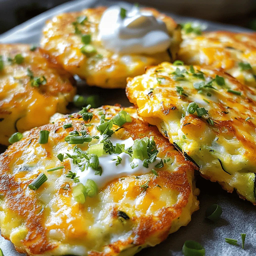 - 2 medium zucchinis, grated - 1 cup shredded mozzarella cheese - 1/2 cup grated Parmesan cheese - 1/2 cup all-purpose flour - 2 large eggs - 1/4 cup green onions, finely chopped - 2 cloves garlic, minced - 1 teaspoon dried oregano - 1/2 teaspoon salt - 1/4 teaspoon black pepper - Olive oil for frying These ingredients create a mix that bursts with flavor. First, the zucchinis bring moisture and a mild taste, making them perfect for fritters. The mozzarella cheese adds a gooey texture. Parmesan provides a nutty kick that balances the dish well. The flour helps bind everything together while giving the fritters their crispy texture. The green onions add a fresh bite. Adding garlic infuses a savory depth. Dried oregano rounds out the flavor profile with its earthy notes. Salt and black pepper enhance all the ingredients, ensuring a tasty bite every time. Olive oil is key for frying, giving that golden, crispy finish we crave. - Calories per serving: Approximately 180 calories - Protein: 8 grams - Carbs: 12 grams - Fat: 10 grams - Dietary considerations: Vegetarian, can be made gluten-free by using alternative flours Each serving packs a good amount of protein from the cheese and eggs. The carbs come mainly from flour and zucchini. This recipe is vegetarian friendly, making it a great choice for meatless meals. With the right flour, you can easily adapt it to be gluten-free. For the full recipe, check out the Savory Cheesy Zucchini Fritters! 1. Grating the zucchinis and removing excess moisture: Start by grating two medium zucchinis. I like to use a box grater or a food processor for quick work. After grating, place the zucchini in a clean kitchen towel. Twist the towel tightly to get rid of extra moisture. This step is key. Too much water makes the fritters soggy, not crispy. 2. Mixing the ingredients in a bowl: In a large bowl, add the drained zucchini. Then, mix in one cup of shredded mozzarella cheese, half a cup of grated Parmesan cheese, and half a cup of all-purpose flour. Next, crack in two large eggs. Toss in a quarter cup of finely chopped green onions, two minced garlic cloves, one teaspoon of dried oregano, half a teaspoon of salt, and a quarter teaspoon of black pepper. Stir until everything combines well. Your mixture should be thick and sticky. 1. Heating the skillet and adding olive oil: Place a large skillet on the stove over medium heat. Pour in a couple of tablespoons of olive oil. Wait for the oil to heat up and shimmer. You want it hot enough for frying. 2. Frying the fritters and ensuring they are golden brown: Use a tablespoon or small cookie scoop to drop the zucchini mixture into the hot skillet. Slightly flatten each portion with the back of the spoon. Fry for about 3 to 4 minutes on each side. You want them to turn a lovely golden brown color with crispy edges. This is where the magic happens! 1. Transferring cooked fritters to paper towels: Once cooked, carefully move the fritters to a plate lined with paper towels. This helps absorb any extra oil, making them lighter and crispier. 2. Serving suggestions: Serve the fritters warm on a nice platter. I love adding a dollop of sour cream or creamy Greek yogurt on the side. Finish with a sprinkle of fresh herbs like dill or parsley for a burst of flavor and color. For the full recipe, check out the link! To ensure your fritters are crispy, start by removing as much moisture from the zucchini as possible. Grating the zucchini is just the first step. Place it in a clean kitchen towel and twist to squeeze out excess water. Frying temperature matters too. Heat your skillet over medium heat and add olive oil. A hot skillet helps create that perfect golden crust. If the oil shimmers, it’s ready. If you want to switch up the cheese, consider using cheddar or feta for a new twist. Both bring unique flavors that work well with zucchini. For those with gluten sensitivity, try almond flour or chickpea flour instead of all-purpose flour. They both bind well and keep the fritters tasty. Pair your fritters with sauces or dips for extra flavor. A tangy Greek yogurt or sour cream works great. You can also try a spicy salsa for a kick. As for side dishes, a fresh salad or roasted veggies complement the fritters nicely. They add a bright flavor and round out your meal. For the full recipe, check out Savory Cheesy Zucchini Fritters! {{image_4}} You can boost the flavor of your zucchini fritters in simple ways. Adding fresh herbs like basil or thyme gives a lovely taste. You can also mix in spices such as paprika or cumin for extra warmth. If you're feeling creative, try adding other veggies! Grated carrots or finely chopped bell peppers add color and flavor. They mix well with zucchini and enhance the dish. If you want a vegan version of these fritters, it's easy! Replace the eggs with flaxseed meal. Mix one tablespoon of flaxseed with three tablespoons of water, and let it sit for five minutes. This mixture acts like an egg. For a gluten-free option, use almond flour or chickpea flour instead of all-purpose flour. These swaps help everyone enjoy these tasty fritters without worry. For the Full Recipe, refer to the section above for a detailed list of ingredients and instructions. To keep your savory cheesy zucchini fritters fresh, store them in the fridge. Place them in an airtight container. This helps lock in moisture and flavor. Make sure they cool down before sealing the container. You can store them for up to three days. If you want to keep them longer, freezing is a great option. To freeze fritters, first let them cool completely. Then, place them in a single layer on a baking sheet. Freeze them for about one hour. This step keeps them from sticking together. Once frozen, transfer them into a freezer-safe bag. You can store them for up to three months. When ready to enjoy your fritters again, reheating is key. For the best crispiness, use the oven. Preheat your oven to 375°F (190°C). Place the fritters on a baking sheet in a single layer. Heat them for about 10 to 15 minutes. This keeps them golden and crunchy. If you prefer the stovetop, use a skillet. Heat it over medium heat and add a little olive oil. Place the fritters in the pan and cook for about 3-4 minutes on each side. This method also helps restore their crispiness. Enjoy your leftovers just like they were fresh from the pan! For the full recipe, check back at the top of the article. How do I make zucchini fritters without eggs? You can use mashed bananas, applesauce, or flaxseed meal mixed with water. These options help bind the fritters without using eggs. Try 1 tablespoon of flaxseed meal mixed with 2.5 tablespoons of water for each egg. Can I use frozen zucchini for this recipe? Yes, you can use frozen zucchini. Thaw it first, then squeeze out as much water as possible. This step helps keep your fritters from getting soggy. What to do if my fritters fall apart while cooking? If your fritters fall apart, add a bit more flour to the mixture. This helps bind the ingredients better. You can also let the mixture rest for a few minutes to firm up. How long do the fritters last in the fridge? The fritters can last up to 3 days in the fridge. Make sure to store them in an airtight container to keep them fresh. Are zucchini fritters healthy? Yes, zucchini fritters can be healthy. They are packed with nutrients and are lower in carbs than traditional fritters. You can also use less cheese or swap for low-fat options. Can I bake zucchini fritters instead of frying them? Yes, you can bake them! Preheat your oven to 400°F (200°C). Place the fritters on a baking sheet lined with parchment paper. Bake for about 20 minutes, flipping halfway through, until they are golden and crispy. For the full recipe, check out the detailed steps to create these delicious fritters! Zucchini fritters are tasty and easy to make. We covered the key ingredients and how to prepare them. You learned about cooking tips, variations, and storage methods. You can customize these fritters to fit your diet and enjoy them at any meal. In conclusion, zucchini fritters are a flexible dish that anyone can enjoy. Try making them your own!