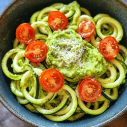 - 4 medium zucchinis - 1 ripe avocado, pitted and peeled - 1 cup fresh basil leaves, packed - 1/4 cup walnuts, toasted for depth - 2 cloves garlic, peeled - 2 tablespoons nutritional yeast (optional for a cheesy flavor) - 2 tablespoons fresh lemon juice, freshly squeezed - 1/4 cup extra virgin olive oil, plus more for adjusting consistency - Salt and black pepper to taste For this dish, fresh ingredients shine through. The medium zucchinis create a light base, while the ripe avocado adds creaminess to the pesto. Fresh basil gives a burst of flavor, making it aromatic and inviting. To enhance the taste, I use toasted walnuts. They add a nice crunch and depth of flavor. Garlic cloves bring a savory kick, and nutritional yeast is optional but offers a cheesy taste without dairy. For seasoning, fresh lemon juice brightens the dish, while extra virgin olive oil adds richness. I like to finish with salt and black pepper, ensuring each bite is perfectly seasoned. This combination makes a delightful meal that is not just healthy but bursting with flavor. You can find the full recipe to guide you through the steps and enjoy this vibrant dish. To start, grab your zucchini. You can use a spiralizer or a vegetable peeler. A spiralizer makes nice, curly noodles. If you don’t have one, don’t worry! A vegetable peeler works well too. Just slice the zucchini into long, thin strips. After you finish, set the zucchini noodles aside in a bowl. This will keep them fresh and ready for the next steps. Next, it's time to make the pesto. In a blender or food processor, combine these ingredients: one ripe avocado, fresh basil leaves, toasted walnuts, and garlic cloves. If you want a cheesy flavor, add nutritional yeast. Then, pour in fresh lemon juice and olive oil. Blend everything on high until the mix is smooth. If it’s too thick, add a splash of olive oil or a bit of water. Scrape down the sides as needed to mix well. Now, let’s bring it all together! Take the bowl with your zucchini noodles. Pour the freshly made avocado pesto over the noodles. Gently toss the noodles with the pesto. This ensures every strand gets a nice coating. You want the flavors to blend well. If you like, add a sprinkle of salt and black pepper to taste. Enjoy this fresh, vibrant meal! For the full recipe, check out the detailed instructions above. To make the best pesto, find the right texture. If your pesto is too thick, add more olive oil. You can also use a little water to thin it out. Keep tasting your pesto as you mix. Adjust the salt and pepper to suit your taste. A well-seasoned pesto makes a big difference. Make your dish look beautiful. Serve the zucchini noodles in nice bowls. For a pop of color, add halved cherry tomatoes on top. You can also sprinkle grated Parmesan cheese for extra flavor and charm. Drizzle a bit of olive oil around the plate for an elegant touch. Zucchini noodles with pesto are great on their own. But they pair well with grilled chicken or shrimp. You can also serve them with crusty bread to complete the meal. They’re perfect for summer picnics or family dinners. Enjoy your dish fresh and vibrant! {{image_4}} You can mix up your pesto with different nuts. Pine nuts and pistachios work well and add a nice twist. If you want to skip avocado, try spinach or kale. These greens give a fresh flavor and bright color. You can serve zucchini noodles cold or warm. Cold noodles work great for summer meals. Warm noodles are perfect for cozy dinners. Add protein like grilled chicken or shrimp for a filling dish. Extra veggies, like bell peppers or carrots, also blend nicely. Zucchini noodles are great for gluten-free and vegan diets. They are low in carbs, making them perfect for light meals. If you want a creamy texture, include nuts or a splash of coconut milk. These options keep your dish healthy and tasty. To keep raw zucchini noodles fresh, store them in an airtight container. Place a paper towel inside to absorb moisture. This helps prevent sogginess. Keep them in the fridge and use within two to three days. If you have cooked zucchini noodles with pesto, they should be eaten soon. Store them in an airtight container in the fridge. They can stay fresh for one to two days. The pesto may change texture, but the flavors will still be good. For pesto sauce, refrigerate it in an airtight container. It lasts about four to five days in the fridge. To keep it fresh, drizzle a thin layer of olive oil on top before sealing. This creates a barrier to air. If you want to save pesto for later, freezing is a great option. Pour pesto into ice cube trays and freeze. Once frozen, transfer the cubes to a zip-top bag. You can use them as needed for quick meals. Zucchini can last about a week in the fridge. Check for soft spots or discoloration as signs of spoilage. Fresh basil lasts about three to five days, while avocados should be used within a few days of ripening. Pesto should be used within a week when refrigerated. If it changes color or has an off smell, toss it. Always trust your senses when checking for spoilage. Enjoy your zesty zucchini noodles with creamy avocado pesto while they’re fresh! Check the Full Recipe for more delicious ideas. You can use a vegetable peeler or a box grater. Simply peel long strips from the zucchinis. If you use a box grater, run the zucchini along the wide side. Both methods give you thin strands similar to noodles. After you make them, place the noodles in a bowl. Yes, you can prepare the pesto ahead of time. Store it in an airtight container for up to three days. Add a thin layer of olive oil on top to keep it fresh. You can also freeze it in ice cube trays. Once frozen, transfer the cubes to a bag for later use. Zucchini is low in calories and high in water. It is rich in vitamins A and C. Avocado offers healthy fats and good fiber. Together, they help keep you full and satisfied. This combo supports heart health and digestion. Enjoy these tasty ingredients for a healthy meal! This blog post covered how to make delicious zucchini noodles with a fresh pesto sauce. We looked at essential ingredients like zucchini, avocado, and basil. You learned step-by-step instructions for preparing the dish and tips for perfecting your pesto. Don't forget to explore variations for different diets and storage tips to keep it fresh. Zucchini noodles are healthy and versatile. Enjoy them at your next meal!