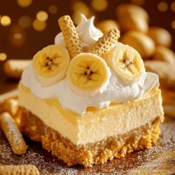To make a delicious banana pudding cheesecake, you need the following ingredients: - 1 ½ cups graham cracker crumbs - ½ cup unsalted butter, melted - ¼ cup granulated sugar - 3 (8 oz) packages cream cheese, softened at room temperature - 1 cup granulated sugar - 1 teaspoon pure vanilla extract - 3 large eggs, at room temperature - 1 cup ripe bananas, mashed (about 2-3 medium bananas) - 1 cup heavy whipping cream - ¼ cup powdered sugar - 1 teaspoon vanilla extract (for whipped cream) - Vanilla wafer cookies and banana slices for garnish These ingredients blend together to create a creamy, sweet, and delightful dessert. Using ripe bananas adds natural sweetness and flavor. You can make your cheesecake even more special with some fun toppings: - Additional banana slices - Crushed vanilla wafer cookies - Caramel sauce for drizzling - Chopped nuts for a crunchy texture These toppings enhance the look and taste of your cheesecake, making it festive and delicious. Gather the right tools to make your cheesecake. Here’s what you need: - 9-inch springform pan - Mixing bowls - Electric mixer - Rubber spatula - Measuring cups and spoons - Whisk for whipping cream This equipment helps you mix, bake, and present your cheesecake perfectly. Enjoy the process as you create this tasty dessert! For the full recipe, check out the complete guide. First, preheat your oven to 325°F (160°C). This step is key for even baking. Next, get your 9-inch springform pan ready. Grease it with non-stick spray or butter. This helps to prevent sticking later. In a mixing bowl, combine 1 ½ cups of graham cracker crumbs, ½ cup of melted unsalted butter, and ¼ cup of granulated sugar. Mix them well until the crumbs are coated. Then, press this mixture firmly into the bottom of your springform pan. Bake it for about 10 minutes. After baking, let the crust cool completely. In a large bowl, beat 3 packages of softened cream cheese until smooth. This will take about 2-3 minutes. Gradually add in 1 cup of granulated sugar while mixing. Scrape down the bowl sides to blend everything evenly. Next, fold in 1 cup of mashed ripe bananas and 1 teaspoon of pure vanilla extract until mixed well. Add 3 large eggs one at a time to the mixture. Mix on low speed after each egg. This keeps the cheesecake light. Pour the banana cheesecake batter over the cooled crust. Lightly tap the pan to release air bubbles. Bake for about 55-60 minutes. The edges should be set, but the center can still jiggle a bit. After baking, turn off the oven but keep the cheesecake inside for 1 hour. This gradual cooling helps prevent cracks. Once cooled, let it sit at room temperature. For the best taste and texture, chill the cheesecake in the fridge for at least 4 hours, or overnight if you can wait. In a medium bowl, whip 1 cup of heavy cream with an electric mixer on medium-high speed. Add ¼ cup of powdered sugar and 1 teaspoon of vanilla extract as you whip. Continue until you see stiff peaks form. Once chilled, spread the whipped cream on top of the cheesecake. For extra flair, garnish with banana slices and vanilla wafer cookies. To serve, carefully remove the sides of the springform pan. Slice the cheesecake into wedges and enjoy your delicious banana pudding cheesecake! For the complete recipe, check the Full Recipe. To get a creamy cheesecake, start with room temperature cream cheese. Cold cream cheese does not mix well. Beat it until smooth before adding any other ingredients. This step is key. When you add eggs, do it one at a time. Mix on low speed just until blended. Overmixing can make the cheesecake dense. Many home cooks make the mistake of opening the oven too soon. Each time you do, heat escapes, causing your cheesecake to crack. Be patient. Also, avoid using too much banana. Stick to the recipe to keep the texture right. Lastly, always let your cheesecake cool slowly in the oven after baking. This helps it set properly. For great whipped cream, start with chilled heavy cream. Use a cold mixing bowl too. This helps your cream whip faster. Whip on medium-high speed until stiff peaks form. Add powdered sugar and vanilla extract for flavor. This simple step makes your topping even better. If you follow these tips, your whipped cream will be light and fluffy. Try these tips to enhance your banana pudding cheesecake! For the full recipe, refer back to the earlier section. Enjoy your baking! {{image_4}} To make a chocolate banana pudding cheesecake, add cocoa powder to the batter. Start with ½ cup of unsweetened cocoa powder. Mix it in with the cream cheese and sugar. This will give your cheesecake a rich, chocolatey flavor. You can also sprinkle chocolate chips on top for extra texture. This fun twist adds a layer of indulgence to your dessert. If you want a no-bake banana pudding cheesecake, skip the oven. Use the same crust made from graham cracker crumbs. Instead of baking, chill the crust in the fridge for 30 minutes. Mix the filling as usual, but add 1 cup of instant banana pudding mix. Fold it into the cream cheese mixture. This will give you a creamy, dreamy cheesecake without the heat! For gluten-free banana pudding cheesecake, use gluten-free graham crackers for the crust. You can also find gluten-free vanilla wafers for the topping. Just check the labels to ensure they are certified gluten-free. This way, everyone can enjoy this delicious treat, no matter their dietary needs. For the full recipe, follow the steps to make your perfect banana pudding cheesecake. Store your leftover banana pudding cheesecake in the fridge. Wrap it tightly with plastic wrap or foil. This keeps it fresh for up to five days. If you use a springform pan, you can cover the top with plastic wrap. This method prevents the cheesecake from drying out. You can freeze your cheesecake for longer storage. First, let it cool completely in the fridge. Once cold, slice it into individual servings. Wrap each slice in plastic wrap, then place them in a freezer-safe bag. This helps to keep the cheesecake fresh for up to three months. When you want a slice, let it thaw in the fridge overnight. To keep your cheesecake fresh, avoid adding toppings until serving. This keeps the whipped cream and bananas from getting soggy. If you plan to keep it longer, slice and wrap it properly. Always check for any signs of spoilage before eating leftovers. Enjoy your delicious banana pudding cheesecake at its best! Banana pudding cheesecake lasts about 5 to 7 days in the fridge. Make sure to cover it well with plastic wrap or foil. This keeps it fresh and prevents it from absorbing other smells in the fridge. Yes, you can make banana pudding cheesecake ahead of time. This dessert is perfect for prepping a day or two before serving. Just keep it in the fridge until you are ready to enjoy it. If you need a substitute for cream cheese, try mascarpone cheese or Greek yogurt. Both options give a creamy texture. You can also use silken tofu for a dairy-free option. To prevent cracks, do not overmix your batter. Mix until just combined. Also, bake at a lower temperature and avoid opening the oven door while baking. These tips help keep your cheesecake smooth and perfect. Banana pudding cheesecake goes well with flavors like chocolate, caramel, and peanut butter. You can also add spices like cinnamon or nutmeg for extra warmth. These flavors enhance the banana taste and make it special. You now have all the steps to make a fantastic banana pudding cheesecake. We covered the ingredients, equipment, and each process in detail. You can try different toppings or variations to suit your taste. Keep my tips in mind to avoid common mistakes. Remember, proper storage helps you enjoy this dessert longer. Bake with joy and creativity! Your kitchen will smell amazing, and your family will love this treat. Enjoy your cheesecake journey and share it with friends!