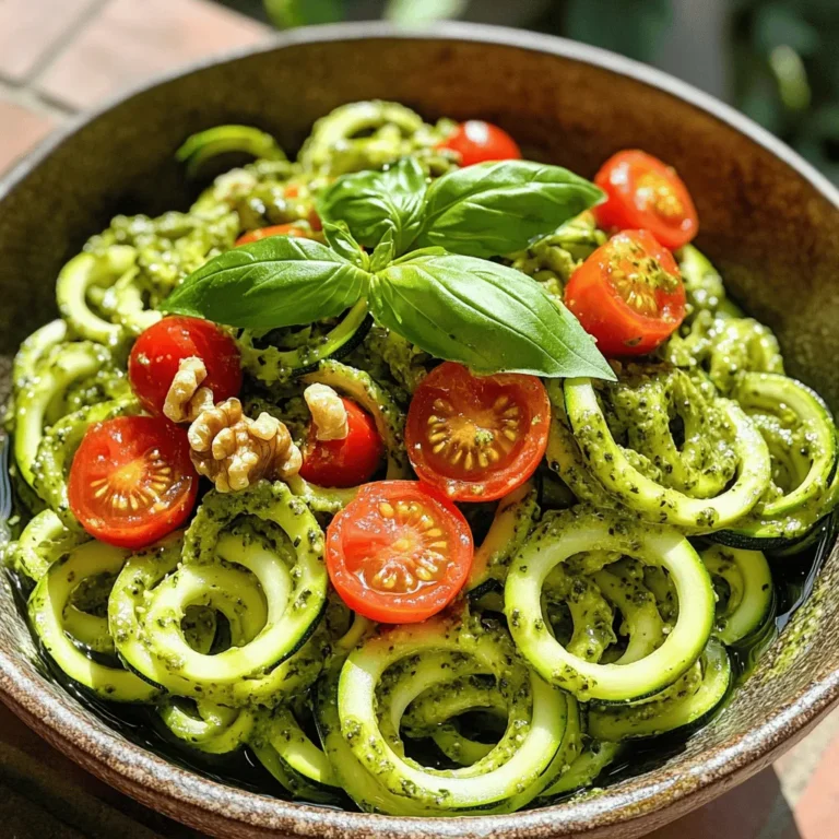 - 4 medium zucchinis, spiralized into noodles - 1 cup fresh basil leaves, packed - 1/2 cup raw walnuts - 1/4 cup nutritional yeast - 2 garlic cloves, minced - 1/2 cup extra virgin olive oil - Sea salt and freshly ground black pepper, to taste - 1 cup cherry tomatoes, halved - 1/2 cup grated Parmesan cheese (optional, for non-vegan variation) Zucchini noodles are a great way to enjoy a healthy meal. They are low in carbs and full of fiber. You can make them using a spiralizer, which turns zucchinis into fun noodle shapes. For the pesto, fresh basil is key. It gives the sauce a bright and fresh taste. I love using raw walnuts, as they add a nice crunch and healthy fats. Nutritional yeast gives the pesto a cheesy flavor without using dairy. If you want to add some more flavor, a bit of sea salt and black pepper can make a big difference. Cherry tomatoes add sweetness and color to the dish, while Parmesan cheese can make it richer if you’re not vegan. You can find the full recipe [here]. Enjoy making this dish! To start, you will need a spiralizer. This handy tool turns zucchinis into fun noodles. Cut the ends off the zucchinis first. Then, twist them in the spiralizer. You will see long strands forming. Once you finish, put the zucchini noodles in a colander. This step helps drain extra moisture. Let them sit for a while. Next, it’s time for the pesto. Grab your food processor and add fresh basil leaves, raw walnuts, nutritional yeast, and minced garlic. Pulse the mixture until it becomes finely chopped and fragrant. You want the smell to fill your kitchen. This means it’s working! Now, you will make the pesto smooth. While the food processor runs, slowly drizzle in extra virgin olive oil. This helps create a creamy paste. Stop to scrape the sides down with a spatula. Taste your pesto, and season with sea salt and freshly ground black pepper. Adjust it to your taste. In a large skillet, heat the zucchini noodles over medium-low heat. Cook them for 2-3 minutes. Toss gently with tongs, mixing in the fresh pesto. This ensures every noodle gets some sauce. You want them tender but still a bit crunchy. Finally, add halved cherry tomatoes to the skillet. They bring color and flavor. Cook for another minute until the tomatoes are warm. They should stay bright and vibrant. You can find the full recipe in the article above to guide you through these steps. Enjoy your healthy dish! To make great zucchini noodles, avoid excess water. After spiralizing, place your noodles in a colander. Let them drain for about 15 minutes. This helps reduce moisture and keeps your dish from getting soggy. Choosing the right spiralizer can make a big difference. I recommend using a handheld spiralizer or a countertop model. Both create great noodles quickly. Look for one that is easy to clean and store. To boost the flavor of your pesto, think about adding a squeeze of lemon juice. This adds brightness. You can also try mixing in sun-dried tomatoes or roasted red peppers for a twist. For a creamier texture, add a bit of water or more olive oil. Blend until you reach your desired smoothness. Taste your pesto as you go to see if you want more garlic or salt. Make your plate pop with color! Arrange the zucchini noodles in a large dish. Top them with fresh basil leaves and a drizzle of olive oil. This not only looks great but tastes fresh. For side dishes, consider a light salad or crusty bread. A crisp white wine pairs nicely with the flavors of the pesto. Explore options like Sauvignon Blanc or Pinot Grigio for a refreshing balance. Enjoy your meal! {{image_4}} You can switch nuts in the pesto for different flavors. Try using pine nuts for a classic touch. If you want something rich, use macadamia nuts. Each nut gives a unique taste and texture. You can also substitute nutritional yeast. If you want a cheesy flavor, try using grated Parmesan cheese instead. This adds creaminess and a savory note. You can even mix both for a complex taste. Incorporating protein makes this dish heartier. Grilled chicken adds a savory element that complements the pesto. Shrimp is another great choice. It cooks quickly and pairs well with the fresh flavors. For a vegan option, try adding chickpeas or tofu. Chickpeas boost protein and add a nutty flavor. Tofu absorbs flavors well, making it a versatile choice. Just sauté it until golden for extra texture. Utilizing different herbs keeps the dish fresh and exciting. In spring, use fresh mint or dill for a light twist. In winter, try rosemary or sage for warmth. You can also adjust for other vegetables during peak seasons. Swap zucchini for summer squash or add bell peppers in the fall. This way, you have a colorful and tasty meal all year long. To keep your zucchini noodles fresh, use airtight containers. Glass containers work best. They prevent moisture loss and keep your dish tasting great. After cooking, let the noodles cool before sealing the container. This helps avoid sogginess. Store them in the fridge for up to three days. When you want to enjoy your leftovers, avoid the microwave if possible. Instead, use a skillet. Heat it on low and add the noodles. Stir gently to warm them through. This way, you keep their texture and flavor intact. If you must use the microwave, heat in 30-second bursts. Stir between each burst to ensure even warming. If you want to freeze your zucchini noodles, start by blanching them. Boil water and cook the noodles for just one minute. Then, quickly transfer them to ice water to stop cooking. Drain and dry the noodles well. Pack them in freezer bags, removing as much air as you can. They can last up to three months in the freezer. To defrost, place them in the fridge overnight. Avoid reheating directly from frozen to keep them from turning mushy. Yes, you can use regular pasta if you prefer. Zucchini noodles are a low-carb option. They offer a fresh taste and a different texture. If you want a lighter meal, zucchini noodles shine. For a heartier dish, use your favorite pasta. The pesto sauce can be vegan-friendly. Just skip the Parmesan cheese. The other ingredients, like basil, nuts, and olive oil, keep it plant-based. You can use nutritional yeast for a cheesy flavor without dairy. You can make zucchini noodles with a peeler. Just peel the zucchini into thin strips. You can also use a box grater to create thin noodles. Both methods work well, but they may not have the same shape. Zucchini noodles are low in calories and carbs. They are high in vitamins A and C. Zucchini also provides fiber, which helps digestion. This dish is a great way to add veggies to your meals. Cooked zucchini noodles last for 3 to 4 days in the fridge. Store them in an airtight container. Make sure they are cool before sealing. This helps keep them fresh longer. Yes, you can prepare pesto ahead of time. Store it in the fridge for up to a week. To keep it fresh, pour a thin layer of olive oil on top. This prevents browning and keeps the flavors bright. For the full recipe, check out the details above! Zucchini noodles are a fresh, healthy option that you can easily prepare. This guide covered all the essential ingredients, step-by-step prep, and some helpful tips. You learned how to make creamy pesto and add seasonal flavors. You also discovered various ways to customize your dish. Enjoy your zucchini noodles today or plan ahead for delicious meals later. Embrace your creativity in the kitchen and share this tasty recipe with friends!