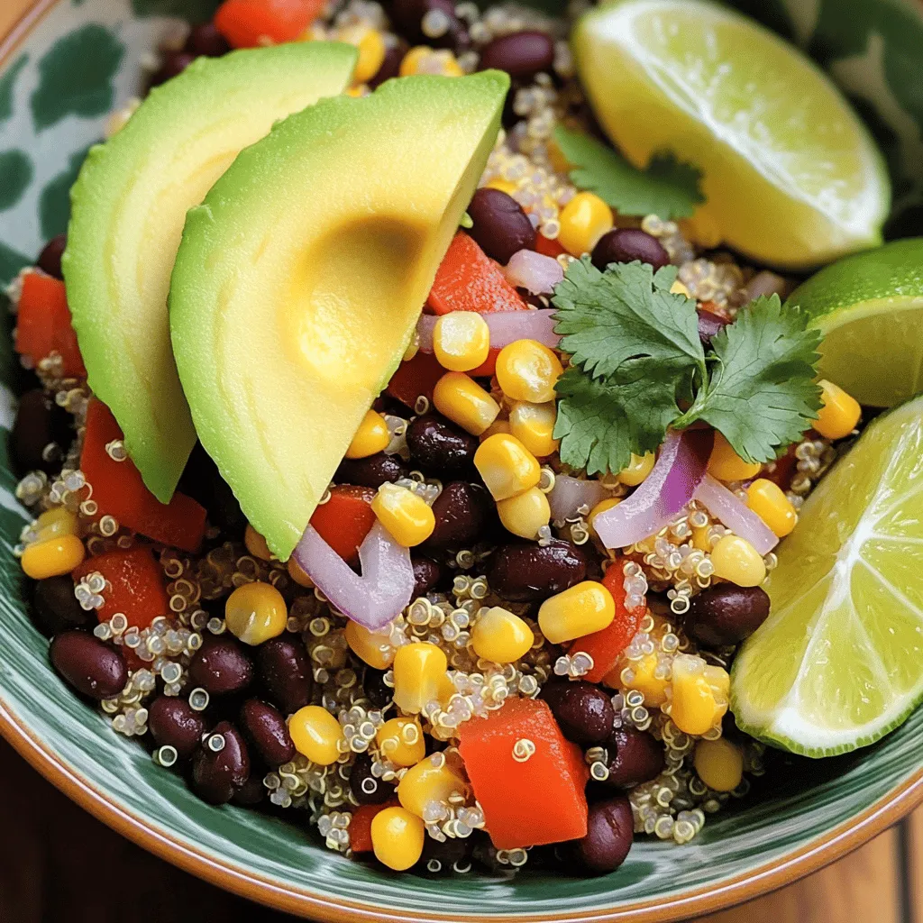 To make a Savory Quinoa and Black Bean Bowl, you need some fresh and healthy ingredients. Here’s what to gather: - 1 cup quinoa - 2 cups vegetable broth (or water) - 1 can (15 oz) black beans, well drained and rinsed - 1 cup corn kernels - 1 red bell pepper, diced - 1 small red onion, finely diced - 2 cloves garlic, minced - 1 teaspoon ground cumin - 1 teaspoon smoked paprika - 1 ripe avocado, sliced - 1 lime, juiced - Salt and pepper to taste - Fresh cilantro for garnish These ingredients work well together. The quinoa provides a good base. The black beans add protein. The veggies bring color and flavor. I love how the spices enhance the overall taste. Don’t forget to check the full recipe for detailed steps to make this dish shine! - In a medium saucepan, combine 1 cup of rinsed quinoa and 2 cups of vegetable broth. - Bring this mix to a boil over medium-high heat. Then, lower the heat to a simmer and cover. Cook for about 15 minutes until the quinoa is fluffy. - Heat a large skillet over medium heat. Add a splash of water or a drizzle of oil if you like. - Toss in 1 small diced red onion and 1 diced red bell pepper. Sauté for about 5 minutes until they soften. - Next, add 2 minced garlic cloves, 1 teaspoon ground cumin, and 1 teaspoon smoked paprika. Stir for about 1 minute to let the spices release their flavors. - Mix in 1 can of drained black beans and 1 cup of corn. Cook until heated through, about 3-5 minutes. - Season the mix with salt and pepper to taste. - Once the quinoa is ready, fluff it with a fork. Gently mix it into the skillet with the black bean and veggie blend. - Drizzle juice from 1 lime over the mixture and stir gently to combine everything. You can find the full recipe for more details. Enjoy creating this delicious bowl! To get fluffy quinoa, start by rinsing it well. Rinsing removes a bitter coating called saponin. This simple step makes a big difference in taste. After rinsing, cook the quinoa in vegetable broth for extra flavor. Bring the broth and quinoa to a boil. Once boiling, reduce the heat to a low simmer. Cover the pot and let it cook for about 15 minutes. When done, fluff it gently with a fork to separate the grains. You can boost the flavor of your bowl in many ways. Adding spices like cumin and smoked paprika gives it a warm, earthy taste. For extra flair, try adding garlic powder or onion powder. Fresh herbs, like chopped cilantro or parsley, add brightness. If you like heat, drizzle hot sauce on top. This adds a nice kick to the dish. You can also squeeze more lime juice for brightness. Making your bowl look good makes it more fun to eat. Slice an avocado and arrange the pieces on top. Avocado adds creaminess and color. A sprinkle of fresh cilantro leaves makes it pop. You can serve the bowl with lime wedges on the side. This lets you add more lime juice as you eat. Another idea is to serve with tortilla chips for extra crunch. Enjoying your meal becomes even better with these simple touches. {{image_4}} You can boost the protein in your bowl with grilled chicken or tofu. Both options add great flavor. Just grill them until they're cooked through. If you want creaminess, try adding cheese. Feta or shredded cheese works well in this dish. Feel free to swap in different veggies. Spinach or zucchini can add freshness. You can also replace quinoa with brown rice for a different texture. Both options are tasty and healthy. You can change up the flavors easily. For a Mediterranean twist, add olives and feta. For an Asian-inspired version, try soy sauce and sesame oil. Change the spices to explore different tastes. Cumin and paprika offer warmth, while ginger and garlic add zest. For the full recipe, check out the Savory Quinoa and Black Bean Bowl. To keep your savory quinoa and black bean bowl fresh, store leftovers in the fridge. Use an airtight container to avoid moisture loss. This bowl stays tasty for up to four days when stored properly. If you want to freeze it, separate the quinoa and black bean mix from the avocado. Avocado does not freeze well. The mix can last up to three months in the freezer. Reheat your quinoa bowl gently to keep the texture just right. Use the microwave or a skillet. In the microwave, heat it in short bursts. Stir between intervals to ensure even warming. If using a skillet, add a splash of water and cover it to steam slightly. When you reheat, add fresh avocado or cilantro. This will brighten up the dish and keep it fresh. In the fridge, expect your quinoa bowl to last about four days. Look for changes in color, smell, or texture. If it smells sour or has visible mold, it's best to toss it. Always trust your senses. If you think it’s gone bad, don’t eat it. To make your quinoa bowl more filling, add more complex carbs. Here are some great options: - Sweet potatoes, roasted and diced - Brown rice for extra texture - Whole grain bread or pita on the side - Lentils for a protein boost These choices add fiber and nutrients. They keep you full longer and enhance the meal's flavor. Yes, you can prepare this quinoa bowl ahead of time. Here are some tips for meal prep and storage: - Cook the quinoa and store it in an airtight container. - Keep the black bean mix separate to avoid sogginess. - Store in the fridge for up to four days. - Reheat only what you will eat to keep it fresh. This way, you enjoy a quick, healthy meal anytime. You can try many variations with this quinoa bowl. Here are some ideas for seasonal or local produce swaps: - Use zucchini or spinach instead of bell pepper. - Swap corn for diced tomatoes in the summer. - Try black-eyed peas or chickpeas for a different flavor. - Add seasonal veggies like squash in fall. These swaps keep the recipe fresh and exciting every time you make it. For the full recipe, check the previous sections! This recipe combines quinoa, black beans, and vibrant veggies for a tasty meal. We explored the ingredients, cooking steps, and tips to make it better. Remember to store leftovers well and use your favorite flavors. You can switch up the ingredients for new tastes or add proteins for extra filling. Enjoy making this dish your own, and have fun in the kitchen!