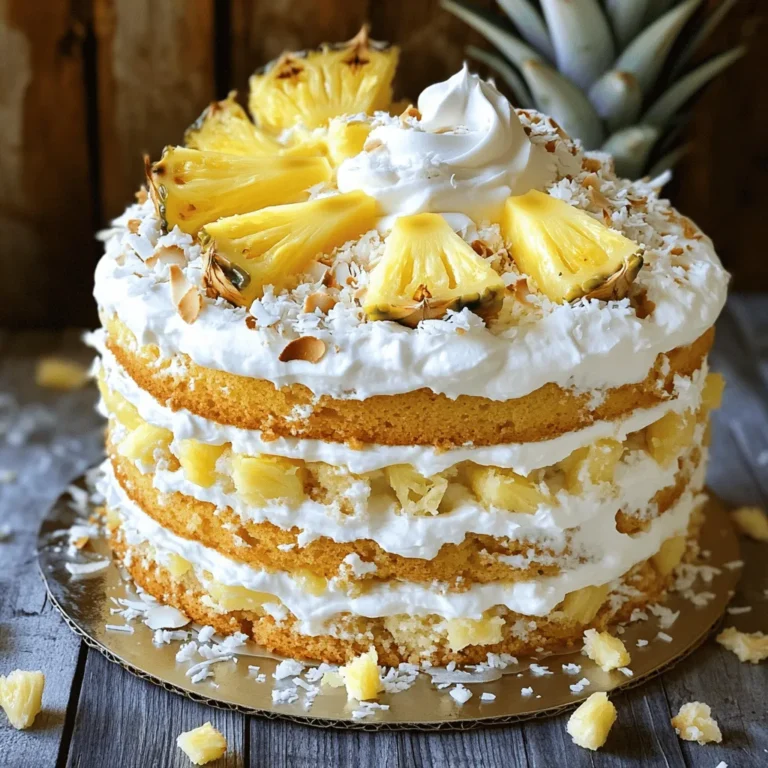 - 1 ½ cups all-purpose flour - 1 cup granulated sugar - ½ cup unsalted butter, softened - 3 large eggs - 1 cup crushed pineapple, drained - ½ cup unsweetened coconut flakes - 1 teaspoon baking powder - ½ teaspoon baking soda - ½ teaspoon salt - 1 teaspoon pure vanilla extract - 1 cup heavy whipping cream - 2 tablespoons powdered sugar - Fresh pineapple slices and coconut for garnish To make Pineapple Heaven Cake, you need simple yet key ingredients. Each one plays an important role in creating the perfect flavor and texture. All-purpose flour gives the cake its structure. Granulated sugar adds sweetness, while softened butter creates a rich, creamy base. The eggs help bind the mixture and add moisture. Crushed pineapple gives this cake its tropical flair. Be sure to drain it well to avoid excess moisture. Unsweetened coconut flakes add a chewy texture and enhance the tropical taste. Baking powder and baking soda provide the right lift. Salt balances the sweetness and enhances flavors. Pure vanilla extract adds depth to the cake. For the topping, heavy whipping cream and powdered sugar create a light, fluffy frosting. Lastly, fresh pineapple slices and coconut make beautiful garnishes. Gather these ingredients and let’s create a delightful dessert that will transport you to a tropical paradise! For the complete recipe, check out the Full Recipe. - Preheat the oven to 350°F (175°C). - Grease and flour the cake pan or line it with parchment paper. Start by getting your oven nice and hot. This helps the cake rise well. Greasing the pan ensures your cake comes out easily after baking. I like to use parchment paper for an extra layer of safety. - Combine dry ingredients: flour, baking powder, baking soda, salt. - Cream butter and sugar until fluffy. - Add eggs and vanilla to the mixture. Next, grab a bowl and mix your dry ingredients. Whisk together the flour, baking powder, baking soda, and salt. In another bowl, beat the butter and sugar until it looks fluffy. This step adds air, making your cake light. Then, add the eggs one by one and the vanilla. Mix until everything is combined. - Fold in dry ingredients gently. - Incorporate crushed pineapple and coconut. - Bake for 30-35 minutes until a toothpick comes clean. Now, it’s time to bring the two mixtures together. Fold the dry mix into the wet mix gently. This keeps the batter airy. Then, fold in the star ingredients: crushed pineapple and coconut. This combo gives the cake its tropical flavor. Pour the batter into your prepared pan and bake for 30-35 minutes. Check with a toothpick in the center; it should come out clean. For the full recipe, check out the detailed instructions provided. To make your Pineapple Heaven Cake truly delightful, avoid overmixing. Mixing too much can make the cake dense instead of fluffy. Mix until the ingredients just come together. Another key step is to drain the pineapple well. If there’s too much juice, your cake can become soggy. Use a fine mesh strainer to remove excess liquid for the best results. Once your cake is baked and cooled, it’s time to decorate. I love using whipped cream for frosting. It adds a light and airy touch that pairs well with the fruity flavor. Spread it generously on top. For a vibrant look, garnish with fresh pineapple slices and a sprinkle of mint. This not only enhances the visual appeal but also adds fresh flavor. If you have leftovers, store them in the refrigerator. This keeps the cake fresh and tasty. Make sure to cover it tightly with plastic wrap or place it in an airtight container. This helps prevent it from drying out. Enjoy your Pineapple Heaven Cake for up to four days after baking. {{image_4}} You can easily change the taste of Pineapple Heaven Cake to fit your mood. One fun way is to substitute coconut flakes with nuts. Chopped pecans or walnuts add crunch and flavor. You can also add a coconut flavor extract for a stronger coconut taste. This will make the cake even more tropical. If you need a gluten-free option, use gluten-free flour instead of regular flour. This keeps the cake soft and tasty without gluten. For a lower sugar version, substitute sugar with a sugar alternative like stevia or monk fruit. Both options work well and keep the cake sweet. To make your cake even more delightful, pair it with vanilla ice cream. The creaminess of the ice cream balances the cake’s sweetness. You can also serve it alongside fresh fruit salad. This adds a refreshing touch and brings more tropical vibes to your dessert. For the Full Recipe, check the detailed instructions above! To keep your cake fresh, I suggest these easy steps. First, refrigerate any leftovers. This cake stays tasty for up to 4 days in the fridge. Just cover it well to keep it moist. If you need to store it longer, freezing is a great option. You can freeze it for up to 3 months. Wrap it tightly in plastic wrap, then place it in an airtight container. When you're ready to enjoy your cake again, reheating is simple! For individual slices, just pop them in the microwave for 15-20 seconds. This warms them up nicely without drying them out. If you prefer, you can also reheat slices in the oven. Just set it to a low temperature and keep an eye on them so they don't burn. Enjoy your delicious treat! Pineapple Heaven Cake is a light and fluffy dessert. It combines tropical flavors of pineapple and coconut. The cake is moist and rich, thanks to its key ingredients. Here’s what you need: - 1 ½ cups all-purpose flour - 1 cup granulated sugar - ½ cup unsalted butter, softened - 3 large eggs - 1 cup crushed pineapple, drained - ½ cup unsweetened coconut flakes - 1 teaspoon baking powder - ½ teaspoon baking soda - ½ teaspoon salt - 1 teaspoon pure vanilla extract - 1 cup heavy whipping cream - 2 tablespoons powdered sugar - Fresh pineapple slices and coconut for garnish This cake is perfect for summer gatherings or a fun family treat. Yes, you can make Pineapple Heaven Cake ahead of time. Bake it a day before your event. Let it cool completely, then store it in the fridge. Wrap the cake well to keep it fresh. When ready to serve, top it with whipped cream and garnishes. You can serve this cake with a variety of fun pairings. Here are some ideas: - Vanilla ice cream for a creamy contrast - Fresh fruit salad for added sweetness - A tangy fruit sauce, like raspberry or mango - Iced tea or coconut water for a refreshing drink These options will complement the tropical flavors of the cake. To keep your Pineapple Heaven Cake moist, follow these tips: - Make sure to drain the pineapple well. Excess liquid can make the cake soggy. - Do not overmix the batter. Mix just until combined for a light texture. - Use room temperature butter and eggs. This helps with even mixing. - Check the cake early in the oven. Overbaking can dry it out. These tricks will help you achieve a delightful and moist cake. For the full recipe, be sure to check the recipe section! This blog post shared a simple way to make Pineapple Heaven Cake. We covered ingredients, steps, and tips. You learned how to mix, bake, and decorate your cake. Remember to store leftovers in the fridge or freeze for later use. Don’t hesitate to try variations for more fun. This cake is easy and tasty, perfect for any occasion. Enjoy every slice of this tropical treat!