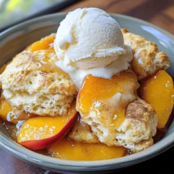- 6 ripe peaches, peeled and sliced - 1/2 cup granulated sugar - 1 teaspoon ground cinnamon - 1 tablespoon fresh lemon juice - 1 tablespoon cornstarch - 1 teaspoon pure vanilla extract - 1 1/2 cups all-purpose flour - 1 tablespoon baking powder - 1/2 teaspoon salt - 1/4 cup cold unsalted butter, cut into small cubes - 3/4 cup milk - Extra granulated sugar for topping - Optional: Vanilla ice cream for serving Using fresh peaches gives the best flavor. Choose ripe peaches that feel soft. If they are firm, let them sit at room temperature for a few days. The sugar adds sweetness, while the cinnamon gives warmth. Lemon juice balances the sweetness, and cornstarch thickens the filling. For the biscuit topping, all-purpose flour works best. Baking powder makes it rise, and salt enhances the taste. Cold butter will create a flaky texture. Milk brings everything together. You can serve this cobbler warm with a scoop of vanilla ice cream. The warm peaches and cold ice cream create a delightful contrast. For the full recipe, check back to create this simple and delicious dish. 1. Preheat your oven to 375°F (190°C). This step is key for even baking. 2. In a large bowl, mix the sliced peaches with granulated sugar and ground cinnamon. 3. Add fresh lemon juice, cornstarch, and pure vanilla extract. 4. Toss all the ingredients until the peach slices are well coated. 5. Pour the peach mixture into a greased 9x13-inch baking dish. Spread it evenly. 1. In another bowl, mix all-purpose flour, baking powder, and salt. 2. Cut the cold butter into small cubes. Add it to the flour mix. 3. Use your fingers or a pastry cutter to blend until it looks like coarse crumbs. 4. Slowly pour in the milk and stir gently. You want a slightly sticky dough. 1. Drop spoonfuls of the biscuit dough over the peach filling. 2. Let some peach slices peek through for a rustic look. 3. For extra sweetness, sprinkle more granulated sugar on top. 4. Place the baking dish in the oven and bake for 30-35 minutes. 5. The cobbler is ready when the topping is golden brown and the filling is bubbly. Follow these steps for a delightful peach cobbler. Check the [Full Recipe] for more details. - Use cold butter for a flaky texture. Cold butter helps the topping rise. - Don't overmix the dough. This keeps the biscuits light and fluffy. - Experiment with spices like nutmeg or ginger. These spices add warmth and depth. - Add a splash of almond extract for a twist. It gives a nice nutty note. - Pair with vanilla ice cream or whipped cream. The creaminess balances the sweet peaches. - Serve warm for the best experience. Warm cobbler is cozy and inviting. For a full recipe, check out the Peach Paradise Cobbler. {{image_4}} When you want to switch things up with peach cobbler, there are many fun ways to do it. - You can use other fruits like blueberries or blackberries. These fruits add a burst of flavor. - For something unique, combine peaches with raspberries. The tartness of raspberries pairs well with sweet peaches. - If you want a nutty taste, substitute whole wheat flour. It adds fiber and depth to the dish. - To make it a guilt-free dessert, reduce the sugar. This keeps the focus on the fruit’s natural sweetness. - For a vegan version, replace butter with coconut oil. It creates a moist texture without dairy. - Use almond or soy milk instead of regular milk. Both options work well and keep the cobbler creamy. These variations let you enjoy peach cobbler in new ways. Each option brings a different taste and texture to the table. For the full recipe, check out the Peach Paradise Cobbler. Allow the cobbler to cool before storing. This step helps keep the texture nice. Once cool, cover tightly with plastic wrap or foil. This keeps moisture in and prevents drying. Store it in the fridge for up to five days. You can freeze the cobbler for up to three months for longer storage. This method is great if you want to save some for later. To freeze, wrap the cobbler well in plastic wrap and then in foil. When you’re ready to enjoy it, reheat in the oven for best texture. This helps to revive the crispy topping. For a quick option, warm individual servings in the microwave. This method is fast and easy. However, if you want a crispy topping, bake leftover cobbler in the oven. Preheat the oven to 350°F (175°C) and place the cobbler inside for about 10 to 15 minutes. This helps the biscuit topping regain its crunch. You can tell the cobbler is ready by its golden brown topping and bubbling filling. This means the biscuit topping cooked well and the peaches released their juices. Check at around 30 minutes into baking. If it looks good, keep it in until it's perfect. Yes, you can use canned peaches. Just remember to adjust the sugar. Canned peaches are often sweeter than fresh ones. So, taste the filling and see if it needs less sugar. This way, you’ll keep your cobbler from being too sweet. Serve your peach cobbler warm, and add a scoop of vanilla ice cream or whipped cream. The cool cream pairs well with the warm, juicy cobbler. It creates a great contrast in temperature and taste. You can also sprinkle some cinnamon on top for extra flavor. In this post, we explored how to make a delicious peach cobbler. We covered fresh ingredients for both the filling and the biscuit topping. I shared step-by-step instructions along with handy tips for a perfect bake. You can also try variations with different fruits or healthier substitutes. Store any leftovers wisely to keep them tasty. Remember, serving your cobbler warm with ice cream elevates the experience. Enjoy making this comforting dessert, and let your culinary creativity shine!
