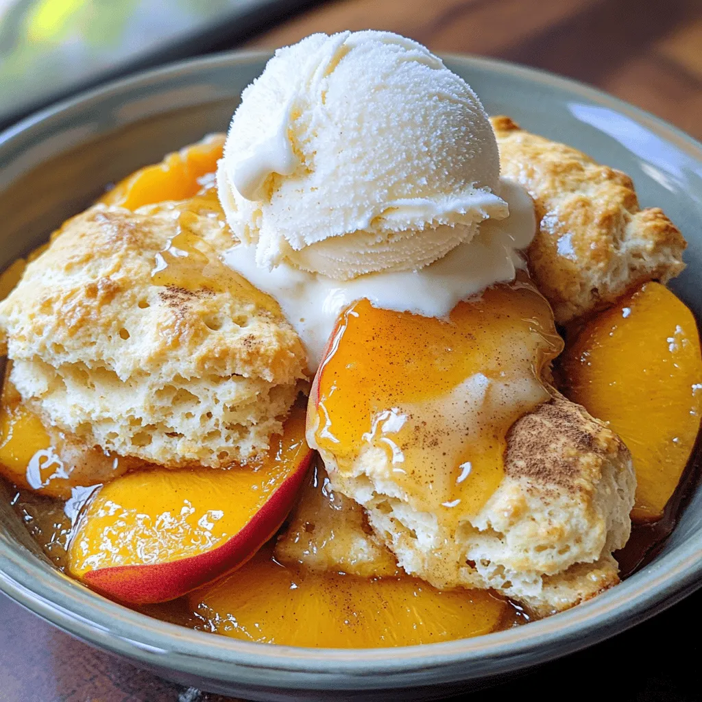 - 6 ripe peaches, peeled and sliced - 1/2 cup granulated sugar - 1 teaspoon ground cinnamon - 1 tablespoon fresh lemon juice - 1 tablespoon cornstarch - 1 teaspoon pure vanilla extract - 1 1/2 cups all-purpose flour - 1 tablespoon baking powder - 1/2 teaspoon salt - 1/4 cup cold unsalted butter, cut into small cubes - 3/4 cup milk - Extra granulated sugar for topping - Optional: Vanilla ice cream for serving Using fresh peaches gives the best flavor. Choose ripe peaches that feel soft. If they are firm, let them sit at room temperature for a few days. The sugar adds sweetness, while the cinnamon gives warmth. Lemon juice balances the sweetness, and cornstarch thickens the filling. For the biscuit topping, all-purpose flour works best. Baking powder makes it rise, and salt enhances the taste. Cold butter will create a flaky texture. Milk brings everything together. You can serve this cobbler warm with a scoop of vanilla ice cream. The warm peaches and cold ice cream create a delightful contrast. For the full recipe, check back to create this simple and delicious dish. 1. Preheat your oven to 375°F (190°C). This step is key for even baking. 2. In a large bowl, mix the sliced peaches with granulated sugar and ground cinnamon. 3. Add fresh lemon juice, cornstarch, and pure vanilla extract. 4. Toss all the ingredients until the peach slices are well coated. 5. Pour the peach mixture into a greased 9x13-inch baking dish. Spread it evenly. 1. In another bowl, mix all-purpose flour, baking powder, and salt. 2. Cut the cold butter into small cubes. Add it to the flour mix. 3. Use your fingers or a pastry cutter to blend until it looks like coarse crumbs. 4. Slowly pour in the milk and stir gently. You want a slightly sticky dough. 1. Drop spoonfuls of the biscuit dough over the peach filling. 2. Let some peach slices peek through for a rustic look. 3. For extra sweetness, sprinkle more granulated sugar on top. 4. Place the baking dish in the oven and bake for 30-35 minutes. 5. The cobbler is ready when the topping is golden brown and the filling is bubbly. Follow these steps for a delightful peach cobbler. Check the [Full Recipe] for more details. - Use cold butter for a flaky texture. Cold butter helps the topping rise. - Don't overmix the dough. This keeps the biscuits light and fluffy. - Experiment with spices like nutmeg or ginger. These spices add warmth and depth. - Add a splash of almond extract for a twist. It gives a nice nutty note. - Pair with vanilla ice cream or whipped cream. The creaminess balances the sweet peaches. - Serve warm for the best experience. Warm cobbler is cozy and inviting. For a full recipe, check out the Peach Paradise Cobbler. {{image_4}} When you want to switch things up with peach cobbler, there are many fun ways to do it. - You can use other fruits like blueberries or blackberries. These fruits add a burst of flavor. - For something unique, combine peaches with raspberries. The tartness of raspberries pairs well with sweet peaches. - If you want a nutty taste, substitute whole wheat flour. It adds fiber and depth to the dish. - To make it a guilt-free dessert, reduce the sugar. This keeps the focus on the fruit’s natural sweetness. - For a vegan version, replace butter with coconut oil. It creates a moist texture without dairy. - Use almond or soy milk instead of regular milk. Both options work well and keep the cobbler creamy. These variations let you enjoy peach cobbler in new ways. Each option brings a different taste and texture to the table. For the full recipe, check out the Peach Paradise Cobbler. Allow the cobbler to cool before storing. This step helps keep the texture nice. Once cool, cover tightly with plastic wrap or foil. This keeps moisture in and prevents drying. Store it in the fridge for up to five days. You can freeze the cobbler for up to three months for longer storage. This method is great if you want to save some for later. To freeze, wrap the cobbler well in plastic wrap and then in foil. When you’re ready to enjoy it, reheat in the oven for best texture. This helps to revive the crispy topping. For a quick option, warm individual servings in the microwave. This method is fast and easy. However, if you want a crispy topping, bake leftover cobbler in the oven. Preheat the oven to 350°F (175°C) and place the cobbler inside for about 10 to 15 minutes. This helps the biscuit topping regain its crunch. You can tell the cobbler is ready by its golden brown topping and bubbling filling. This means the biscuit topping cooked well and the peaches released their juices. Check at around 30 minutes into baking. If it looks good, keep it in until it's perfect. Yes, you can use canned peaches. Just remember to adjust the sugar. Canned peaches are often sweeter than fresh ones. So, taste the filling and see if it needs less sugar. This way, you’ll keep your cobbler from being too sweet. Serve your peach cobbler warm, and add a scoop of vanilla ice cream or whipped cream. The cool cream pairs well with the warm, juicy cobbler. It creates a great contrast in temperature and taste. You can also sprinkle some cinnamon on top for extra flavor. In this post, we explored how to make a delicious peach cobbler. We covered fresh ingredients for both the filling and the biscuit topping. I shared step-by-step instructions along with handy tips for a perfect bake. You can also try variations with different fruits or healthier substitutes. Store any leftovers wisely to keep them tasty. Remember, serving your cobbler warm with ice cream elevates the experience. Enjoy making this comforting dessert, and let your culinary creativity shine!