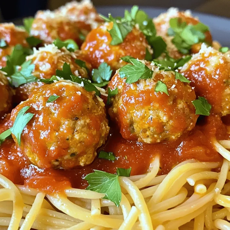 To make easy turkey meatballs, you need the following ingredients: - 1 pound ground turkey - 1/2 cup bread crumbs (whole grain adds great texture) - 1/4 cup grated Parmesan cheese - 1/4 cup fresh parsley, finely chopped - 1 large egg, beaten - 2 cloves garlic, minced - 1 teaspoon onion powder - 1 teaspoon Italian seasoning - Salt and black pepper to taste - 2 cups marinara sauce (use store-bought or homemade) - 1 tablespoon olive oil These ingredients come together to create tender, flavorful meatballs that will impress anyone. You can choose between homemade and store-bought marinara sauce. Homemade sauce offers a fresh taste and allows you to control the flavors. You can simmer tomatoes, garlic, and herbs together for a rich sauce. Store-bought marinara is quick and easy. Look for options with simple ingredients and no added sugars. Both choices work well, so pick one that suits your time and taste. To make these delicious meatballs, you will need a few simple tools: - Mixing bowl - Baking sheet - Parchment paper (for easy cleanup) - Spoon or your hands for mixing - Meat thermometer (to check doneness) These tools help you prepare and cook the meatballs without any hassle. First, preheat your oven to 400°F (200°C). This step is key for perfect meatballs. Next, take a baking sheet and line it with parchment paper. This helps prevent sticking and makes cleanup easy. In a large bowl, combine the ground turkey, bread crumbs, Parmesan cheese, parsley, and beaten egg. Add the minced garlic, onion powder, Italian seasoning, salt, and pepper. Mix it all together gently. Use your hands or a spoon, but don’t over-mix. Overworking the meat can make it tough. Now it’s time to shape the meatballs. Scoop a portion of the mixture and roll it into a ball, about 1 inch in size. Place each meatball on the baking sheet with space between them. This helps them cook evenly. Drizzle a bit of olive oil over the meatballs for a nice crust. While the meatballs bake, grab a medium saucepan. Pour in the marinara sauce and heat it on medium. Stir it from time to time. You want it warm and ready to marry with the meatballs. Once the meatballs are golden and cooked through, take them out of the oven. Carefully transfer them to the saucepan with the hot marinara sauce. Gently stir to coat each meatball in the sauce. Let them simmer for about 5 minutes. This allows the meatballs to soak up all that tasty flavor. For serving, you have options! Place the turkey meatballs over your favorite pasta, or put them in a sub roll with melted cheese on top. Garnish with more parsley and Parmesan cheese for a pretty finish. Enjoy your meal! For the full recipe, click here: [Full Recipe]. To make moist turkey meatballs, start with the right ingredients. Use ground turkey that has some fat. The fat helps keep them juicy. Mix the ingredients gently. Over-mixing makes the meatballs tough. Use a beaten egg to bind everything together and add moisture. Lastly, don’t bake them too long. Check them at 20 minutes to avoid dryness. Crumbly meatballs can ruin your meal. To avoid this, ensure you use enough binding agents. The bread crumbs and egg work together to keep them together. You can add a little milk to the mixture for extra moisture. Make sure to shape them firmly but not too tight. This helps them hold their shape while cooking. Storing leftover turkey meatballs is easy. Place them in an airtight container. Refrigerate them within two hours of cooking. They will stay fresh for up to three days. For longer storage, freeze them in a freezer-safe container. They can last up to three months frozen. When reheating, make sure they reach 165°F for safe eating. Enjoy your delicious meal again! {{image_4}} You can switch the ground turkey for ground beef or chicken. Each type brings its own flavor. Ground beef offers a rich, hearty taste, while chicken provides a light option. If you prefer beef, use lean ground beef for a healthier choice. For chicken, ground breast works best. Just follow the same steps in the full recipe. The cooking times might vary slightly, so check for doneness. If you need a gluten-free option, use gluten-free bread crumbs. You can also crush gluten-free crackers or oats. These options provide a similar texture. If you choose oats, make sure they are certified gluten-free. This way, everyone can enjoy the meatballs without worry. The flavor remains just as delicious, and no one will notice the difference! Want to kick up the flavor? You can add more spices or herbs to the mix. Try adding a pinch of red pepper flakes for heat. Fresh basil or oregano can enhance the Italian flavor, too. For a smoky taste, consider adding a dash of smoked paprika. Feel free to experiment with your favorite spices. Each addition makes the meatballs uniquely yours! To keep leftover meatballs fresh, place them in an airtight container. Make sure the container seals tightly. If you have leftover marinara sauce, store it in another container. This way, you can enjoy the meatballs later without losing flavor. Keep them in the fridge. They will stay good for about three days. If you want to keep meatballs longer, freezing is a great option. First, let the meatballs cool completely. Then, place them in a single layer on a baking sheet. Freeze them for about an hour. This stops them from sticking together. After they are frozen, transfer them to a freezer bag. Squeeze out as much air as possible before sealing. For marinara, use a freezer-safe container. Label both bags with the date. Frozen meatballs and sauce can last up to three months. When you are ready to eat the meatballs, there are a few great ways to reheat them. The best method is to use the oven. Preheat it to 350°F (175°C). Place meatballs in a baking dish, cover with foil, and heat for about 15 minutes. You can also reheat them in the microwave. Just place them in a bowl, cover with a paper towel, and heat for one to two minutes. If you want, heat the marinara sauce on the stove until warm. Enjoy the flavors of your tasty turkey meatballs again! For the complete recipe, check out the Full Recipe. To make turkey meatballs dry, use less liquid in the mix. Skip the egg or reduce the amount of marinara. You can also add more bread crumbs to soak up moisture. Overmixing can also make them dense. Keep the mixing gentle and stop as soon as it comes together. Yes, you can use a slow cooker. After mixing your meatballs, place them in the cooker. Pour marinara sauce over them. Cook on low for 4-6 hours or high for 2-3 hours. This method makes the meatballs tender and flavorful. The best way to check is with a meat thermometer. Insert it into the center of a meatball. It should read 165°F (74°C) to be safe to eat. You can also cut one open. The inside should be no longer pink and the juices should run clear. Leftover turkey meatballs last in the fridge for about 3 to 4 days. Store them in an airtight container for best results. If you want to keep them longer, freeze them for up to 3 months. Just make sure to label them with the date. Yes, you can make meatballs in advance. Prepare the mixture and roll them into balls. Place them on a baking sheet and freeze until firm. After that, transfer them to a freezer bag. You can bake them straight from frozen when you're ready to cook. For a complete guide on how to prepare these delicious meatballs, check out the Full Recipe. You can make tasty turkey meatballs with simple steps and easy ingredients. We covered what you need, from meat to marinara sauce. We also shared handy tips for moisture and flavor, plus ways to store leftovers. Remember, meatballs are flexible. You can swap meats and add spices. Enjoy making them your way! With practice, you’ll create a dish that you and others will love. Happy cooking!