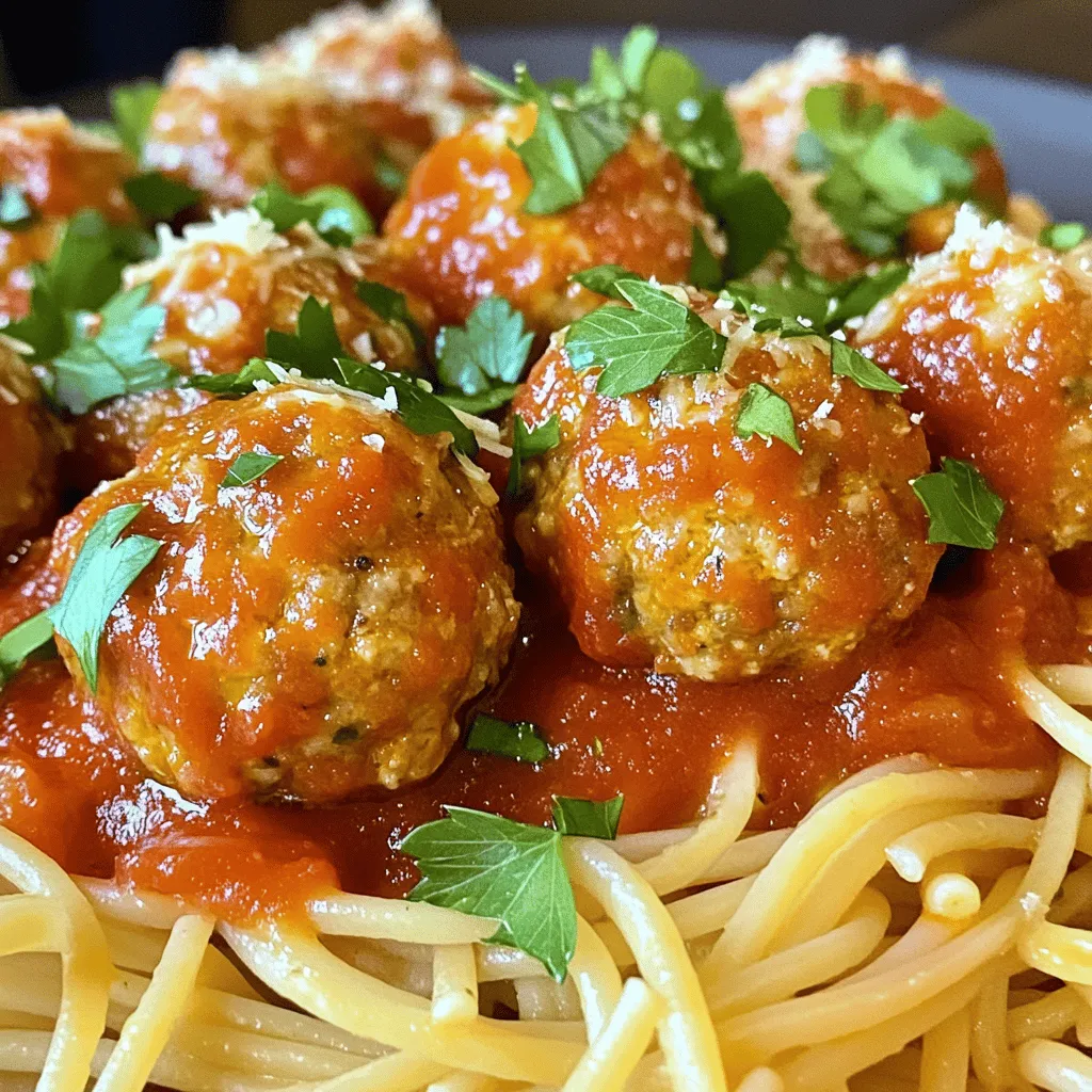 To make easy turkey meatballs, you need the following ingredients: - 1 pound ground turkey - 1/2 cup bread crumbs (whole grain adds great texture) - 1/4 cup grated Parmesan cheese - 1/4 cup fresh parsley, finely chopped - 1 large egg, beaten - 2 cloves garlic, minced - 1 teaspoon onion powder - 1 teaspoon Italian seasoning - Salt and black pepper to taste - 2 cups marinara sauce (use store-bought or homemade) - 1 tablespoon olive oil These ingredients come together to create tender, flavorful meatballs that will impress anyone. You can choose between homemade and store-bought marinara sauce. Homemade sauce offers a fresh taste and allows you to control the flavors. You can simmer tomatoes, garlic, and herbs together for a rich sauce. Store-bought marinara is quick and easy. Look for options with simple ingredients and no added sugars. Both choices work well, so pick one that suits your time and taste. To make these delicious meatballs, you will need a few simple tools: - Mixing bowl - Baking sheet - Parchment paper (for easy cleanup) - Spoon or your hands for mixing - Meat thermometer (to check doneness) These tools help you prepare and cook the meatballs without any hassle. First, preheat your oven to 400°F (200°C). This step is key for perfect meatballs. Next, take a baking sheet and line it with parchment paper. This helps prevent sticking and makes cleanup easy. In a large bowl, combine the ground turkey, bread crumbs, Parmesan cheese, parsley, and beaten egg. Add the minced garlic, onion powder, Italian seasoning, salt, and pepper. Mix it all together gently. Use your hands or a spoon, but don’t over-mix. Overworking the meat can make it tough. Now it’s time to shape the meatballs. Scoop a portion of the mixture and roll it into a ball, about 1 inch in size. Place each meatball on the baking sheet with space between them. This helps them cook evenly. Drizzle a bit of olive oil over the meatballs for a nice crust. While the meatballs bake, grab a medium saucepan. Pour in the marinara sauce and heat it on medium. Stir it from time to time. You want it warm and ready to marry with the meatballs. Once the meatballs are golden and cooked through, take them out of the oven. Carefully transfer them to the saucepan with the hot marinara sauce. Gently stir to coat each meatball in the sauce. Let them simmer for about 5 minutes. This allows the meatballs to soak up all that tasty flavor. For serving, you have options! Place the turkey meatballs over your favorite pasta, or put them in a sub roll with melted cheese on top. Garnish with more parsley and Parmesan cheese for a pretty finish. Enjoy your meal! For the full recipe, click here: [Full Recipe]. To make moist turkey meatballs, start with the right ingredients. Use ground turkey that has some fat. The fat helps keep them juicy. Mix the ingredients gently. Over-mixing makes the meatballs tough. Use a beaten egg to bind everything together and add moisture. Lastly, don’t bake them too long. Check them at 20 minutes to avoid dryness. Crumbly meatballs can ruin your meal. To avoid this, ensure you use enough binding agents. The bread crumbs and egg work together to keep them together. You can add a little milk to the mixture for extra moisture. Make sure to shape them firmly but not too tight. This helps them hold their shape while cooking. Storing leftover turkey meatballs is easy. Place them in an airtight container. Refrigerate them within two hours of cooking. They will stay fresh for up to three days. For longer storage, freeze them in a freezer-safe container. They can last up to three months frozen. When reheating, make sure they reach 165°F for safe eating. Enjoy your delicious meal again! {{image_4}} You can switch the ground turkey for ground beef or chicken. Each type brings its own flavor. Ground beef offers a rich, hearty taste, while chicken provides a light option. If you prefer beef, use lean ground beef for a healthier choice. For chicken, ground breast works best. Just follow the same steps in the full recipe. The cooking times might vary slightly, so check for doneness. If you need a gluten-free option, use gluten-free bread crumbs. You can also crush gluten-free crackers or oats. These options provide a similar texture. If you choose oats, make sure they are certified gluten-free. This way, everyone can enjoy the meatballs without worry. The flavor remains just as delicious, and no one will notice the difference! Want to kick up the flavor? You can add more spices or herbs to the mix. Try adding a pinch of red pepper flakes for heat. Fresh basil or oregano can enhance the Italian flavor, too. For a smoky taste, consider adding a dash of smoked paprika. Feel free to experiment with your favorite spices. Each addition makes the meatballs uniquely yours! To keep leftover meatballs fresh, place them in an airtight container. Make sure the container seals tightly. If you have leftover marinara sauce, store it in another container. This way, you can enjoy the meatballs later without losing flavor. Keep them in the fridge. They will stay good for about three days. If you want to keep meatballs longer, freezing is a great option. First, let the meatballs cool completely. Then, place them in a single layer on a baking sheet. Freeze them for about an hour. This stops them from sticking together. After they are frozen, transfer them to a freezer bag. Squeeze out as much air as possible before sealing. For marinara, use a freezer-safe container. Label both bags with the date. Frozen meatballs and sauce can last up to three months. When you are ready to eat the meatballs, there are a few great ways to reheat them. The best method is to use the oven. Preheat it to 350°F (175°C). Place meatballs in a baking dish, cover with foil, and heat for about 15 minutes. You can also reheat them in the microwave. Just place them in a bowl, cover with a paper towel, and heat for one to two minutes. If you want, heat the marinara sauce on the stove until warm. Enjoy the flavors of your tasty turkey meatballs again! For the complete recipe, check out the Full Recipe. To make turkey meatballs dry, use less liquid in the mix. Skip the egg or reduce the amount of marinara. You can also add more bread crumbs to soak up moisture. Overmixing can also make them dense. Keep the mixing gentle and stop as soon as it comes together. Yes, you can use a slow cooker. After mixing your meatballs, place them in the cooker. Pour marinara sauce over them. Cook on low for 4-6 hours or high for 2-3 hours. This method makes the meatballs tender and flavorful. The best way to check is with a meat thermometer. Insert it into the center of a meatball. It should read 165°F (74°C) to be safe to eat. You can also cut one open. The inside should be no longer pink and the juices should run clear. Leftover turkey meatballs last in the fridge for about 3 to 4 days. Store them in an airtight container for best results. If you want to keep them longer, freeze them for up to 3 months. Just make sure to label them with the date. Yes, you can make meatballs in advance. Prepare the mixture and roll them into balls. Place them on a baking sheet and freeze until firm. After that, transfer them to a freezer bag. You can bake them straight from frozen when you're ready to cook. For a complete guide on how to prepare these delicious meatballs, check out the Full Recipe. You can make tasty turkey meatballs with simple steps and easy ingredients. We covered what you need, from meat to marinara sauce. We also shared handy tips for moisture and flavor, plus ways to store leftovers. Remember, meatballs are flexible. You can swap meats and add spices. Enjoy making them your way! With practice, you’ll create a dish that you and others will love. Happy cooking!