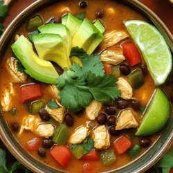 To make your Southwest Chicken Soup, gather these key ingredients: - 1 pound chicken breast, diced into bite-sized pieces - 1 tablespoon olive oil - 1 medium onion, finely chopped - 3 cloves garlic, minced - 1 red bell pepper, diced - 1 green bell pepper, diced - 1 can (15 oz) black beans, rinsed and drained - 1 can (15 oz) corn, drained - 1 can (14.5 oz) diced tomatoes with green chiles - 4 cups chicken broth (low sodium recommended) - 2 teaspoons ground cumin - 1 teaspoon chili powder - 1 teaspoon smoked paprika - Salt and pepper to taste Getting the measurements right is crucial for the best flavor. Use: - 1 pound of chicken breast for protein. - 1 tablespoon of olive oil to sauté. - 1 medium onion for sweetness. - 3 cloves of garlic for a robust taste. - 2 bell peppers (one red, one green) for color and crunch. - 1 can each of black beans and corn for texture. - The diced tomatoes add acidity and spice. - 4 cups of chicken broth to create a rich base. - Spices like cumin, chili powder, and smoked paprika for warmth and depth. - Adjust salt and pepper to your taste. To elevate your soup, consider these garnishes: - Fresh cilantro, chopped, adds brightness. - Slices of avocado for creaminess. - Lime wedges for a zesty kick. Feel free to mix and match these ingredients. For the full recipe, check out the detailed instructions to create this delicious dish! First, heat the olive oil in a large pot over medium heat. When the oil is hot, add the chopped onion. Cook for about 3-4 minutes. You want the onion to turn soft and fragrant. Next, add the minced garlic along with the diced red and green bell peppers. Stir and cook for another 5 minutes. This step builds the rich base for the soup. Now, add the diced chicken breast to the pot. Stir well to mix everything together. Cook for about 5-7 minutes. Look for the chicken to brown on all sides. Make sure it is no longer pink in the middle. This step helps seal in the juices and adds a nice flavor. Pour in the chicken broth next. Add the rinsed black beans, drained corn, and the diced tomatoes with green chiles. Sprinkle in the ground cumin, chili powder, and smoked paprika. Stir everything together. Bring the mixture to a gentle boil. Once it boils, reduce the heat to low. Let the soup simmer uncovered for about 20 minutes. This will let all the flavors blend. Taste the soup before serving. Add salt and pepper to your liking. Ladle the soup into bowls and garnish with fresh chopped cilantro and avocado slices. Serve with lime wedges on the side. For the full recipe, refer to the earlier section. Enjoy each hearty spoonful! To boost the taste of your Southwest chicken soup, use fresh herbs. Fresh cilantro adds a bright note. You can also add lime juice for a zesty kick. A sprinkle of cheese on top can bring creaminess. Experiment with different spices, like cayenne or paprika, to find your perfect blend. For the best flavor, use a heavy pot. Cast iron or stainless steel works great. This helps distribute the heat evenly. Sauté your onions and garlic first. This step builds a strong base for your soup. Always brown the chicken well. This adds depth to the taste. Let your soup simmer uncovered. This thickens the soup while deepening the flavors. One common mistake is not seasoning enough. Always taste your soup as it cooks. Adjust the salt and pepper to your liking. Another mistake is overcooking the chicken. Aim for tender chicken that stays juicy. Lastly, don’t skip the garnishes. They enhance both flavor and look. Remember, presentation matters! For the full recipe, check below. {{image_4}} You can easily make a vegetarian version of this soup. Start by removing the chicken. Use vegetable broth instead of chicken broth. Add more beans, like pinto or kidney beans, for protein. You can also include tofu for added texture. Use the same spices to keep that bold flavor. Toss in plenty of veggies, like zucchini or carrots, for more color and nutrition. This soup stays hearty and tasty, even without meat. If you want a kick, add more heat to the chicken soup. You can use jalapeños or serrano peppers for a spicy twist. Chop them finely and add them when you sauté the onions. If you prefer, use hot salsa instead of diced tomatoes for a bolder taste. You can also sprinkle in some cayenne pepper or use a spicy chili powder. This will give your soup a nice, fiery flavor that warms you up from the inside out. Adding extra vegetables is a great way to boost nutrition. You can include corn, carrots, or even spinach. Just chop them up and toss them in during cooking. For a fun twist, consider adding sweet potatoes for a sweet flavor that pairs well with the spices. They will cook down and thicken the soup, making it even heartier. The more veggies, the better the taste and health benefits. Use your favorite seasonal veggies to keep it fresh and exciting. To keep your leftover Southwest Chicken Soup fresh, use airtight containers. Make sure to cool the soup to room temperature first. Once cooled, divide it into single servings for easy access. You can store it in the fridge for up to three days. If you want to keep it longer, freezing is a great option. When you are ready to enjoy your soup again, reheat it on the stove or in the microwave. For stove reheating, pour the soup into a pot and warm it over medium heat. Stir often until it is hot throughout. If using a microwave, place a bowl of soup inside. Heat it in short bursts, stirring in between, until hot. This method helps avoid hot spots. If you decide to freeze your soup, do so within two days of cooking. Use freezer-safe containers or bags. Leave some space at the top for expansion. When you want to eat it, thaw the soup overnight in the fridge. After thawing, reheat it gently, as described above. Enjoy the flavors of your homemade soup, even after freezing! For the complete recipe, check the Full Recipe section. You can use chicken thighs instead of chicken breast. Thighs add more flavor and stay juicy. If you want a meatless option, try black beans or lentils. Both options work well and keep the soup hearty. The spice level depends on the type of diced tomatoes you use. If you choose tomatoes with green chiles, the soup will have a mild kick. For more heat, add extra chili powder or diced jalapeños. Adjusting the spices lets you control the heat to match your taste. Yes, you can! To make this soup in a slow cooker, add all the ingredients, except for the garnishes. Cook on low for 6-8 hours or on high for 3-4 hours. This method deepens the flavors and makes it easy. Just remember to taste and adjust the seasoning before serving. For the full recipe, check out the section above. This blog post covered all you need for a tasty Southwest Chicken Soup. We reviewed the key ingredients, cooking steps, and some helpful tips. You learned how to avoid common errors and how to boost flavor. Plus, we explored fun variations, storage tips, and answered your common questions. Now, it’s time to get cooking. Experiment with the recipes, make it your own, and enjoy! Your kitchen will soon be filled with delicious smells and happy memories.