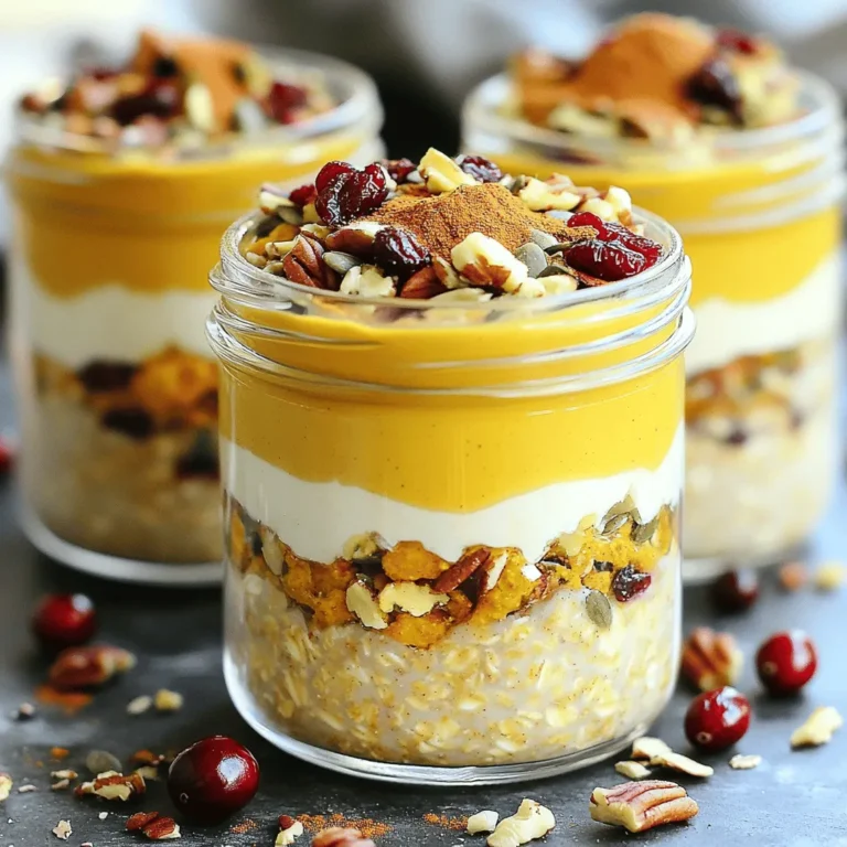 - 1 cup rolled oats - 1 cup almond milk (or alternative) - ½ cup canned pumpkin puree - 1 tablespoon pure maple syrup - 1 teaspoon pumpkin spice blend - ½ teaspoon vanilla extract - Optional: ¼ cup Greek yogurt - Pinch of salt The main ingredients set the stage for your delicious pumpkin spice overnight oats. Rolled oats provide the base. They soak up the milk and flavors overnight. Almond milk is a great choice, but feel free to use your favorite milk. Canned pumpkin puree adds creaminess and a rich autumn taste. Maple syrup brings sweetness, while pumpkin spice blend gives that classic flavor. A dash of vanilla extract enhances all the tastes. Adding Greek yogurt is optional but makes it extra creamy. Don't forget a pinch of salt to balance the flavors. - Chopped nuts (walnuts or pecans) - Dried cranberries - Additional spices or sweeteners Now, let's talk about toppings. Chopped nuts, like walnuts or pecans, add a nice crunch. Dried cranberries bring a sweet and tart burst. If you love extra spice, sprinkle a dash of cinnamon or nutmeg on top. You can also add more maple syrup if you like it sweeter. The toppings let you customize each bowl. That's what makes this recipe so fun! You can switch things up every time you make it. For the full recipe, check out the earlier section. 1. Start by combining 1 cup of rolled oats and 1 cup of almond milk in a bowl. Mix them well. This helps the oats soak up the milk. 2. Next, add ½ cup of canned pumpkin puree to the bowl. Then, mix in 1 tablespoon of pure maple syrup, 1 teaspoon of pumpkin spice blend, ½ teaspoon of vanilla extract, and a pinch of salt. If you want a creamier texture, include ¼ cup of Greek yogurt. Stir until everything is smooth. 1. Once mixed, divide the oat mixture into two mason jars or airtight containers. Leave a small space at the top. This is for your toppings later. 2. Seal the jars tightly and place them in the refrigerator. Let them sit overnight, or for at least 4 hours. This soaking time makes the oats soft and tasty. 1. When you wake up and are ready to eat, grab your jars. Give each jar a good stir. This helps mix the flavors together. 2. If the oats seem too thick, add a splash of almond milk. Stir until you reach your preferred consistency. 3. Top your oats with chopped nuts like walnuts or pecans and dried cranberries. These add a nice crunch and flavor. For a nice touch, serve in clear jars to show off the pretty layers. To get the best flavor from your pumpkin spice overnight oats, adjust the sweetness with maple syrup. You can add more or less syrup based on your taste. Start with one tablespoon. If you love sweet oats, add a little more. Soaking time is also key. Let your oats soak overnight. This allows them to absorb all the flavors. If you’re in a hurry, you can soak for at least four hours. But the longer, the better! You can easily substitute ingredients for dietary needs. If you need a dairy-free option, use almond milk or coconut milk. For a gluten-free version, stick with gluten-free oats. If you're feeling creative, try different flavors. Swap pumpkin puree for mashed bananas or applesauce. You can also add spices like cinnamon or nutmeg for a fun twist. Serve your oats in clear jars. This shows off the pretty layers of oats and toppings. It makes breakfast feel special! For festive occasions, add garnishes. A sprinkle of pumpkin spice or a few chocolate chips can make a big difference. You want your oats to look as good as they taste. {{image_4}} You can spice up your pumpkin spice overnight oats in many fun ways. Try making chocolate pumpkin spice overnight oats. Just add 2 tablespoons of cocoa powder to the mix. This gives your oats a rich, chocolate flavor. Chocolate and pumpkin pair well together. You’ll love this twist! Another great option is an apple cinnamon flavor twist. Add 1 small, diced apple and 1 teaspoon of cinnamon to your oats. This change brings a fresh, fruity taste to your breakfast. Mixing flavors keeps it exciting! If you follow a vegan diet, you can easily adjust this recipe. Use plant-based yogurt instead of Greek yogurt. This keeps it creamy while staying dairy-free. For a gluten-free option, swap rolled oats for certified gluten-free oats. These small changes make it fit your diet. You can also make your oats sugar-free. Replace maple syrup with a sugar substitute like stevia or monk fruit. This allows you to enjoy the dish without added sugar. Always check labels to ensure they fit your needs. Using fresh pumpkin in the fall is a wonderful idea. You can roast your own pumpkin and mash it for a fresher taste. This adds a deeper flavor and nutrition to your oats. Incorporating seasonal fruits or spices can enhance your oats. In autumn, use pears or cranberries. In winter, try adding pomegranate seeds or nuts. These seasonal ingredients add variety and fun to your breakfast. They also keep your meals exciting throughout the year! Store your pumpkin spice overnight oats in airtight containers or mason jars. Both options work well, but mason jars let you see the layers. Your oats stay fresh in the fridge for about 3 to 5 days. This makes them great for meal prep. Just remember to keep the toppings separate until you’re ready to eat. To enjoy leftovers, simply take your oats out of the fridge. You can eat them cold or warm them up. If you prefer warm oats, microwave them for 30 seconds. Stir well before serving. Mixing textures helps bring out the flavors. Add a little almond milk if they seem too thick. You can freeze your overnight oats for up to 3 months. To freeze, place the oats in a freezer-safe container. When you want to eat them, take them out the night before. Let them thaw in the fridge. Before serving, stir them up and add your favorite toppings. Enjoy all the flavors, even later! You can use different types of milk. Coconut milk gives a rich flavor. Oat milk is creamy and works well too. Both options are tasty and healthy. Yes, you can prep these oats for the week. Make several jars at once. Store them in the fridge for quick breakfasts. Just remember to add toppings right before eating. If your oats are thick, just add more liquid. A splash of almond milk or regular milk helps. Stir well until you reach the texture you like. Yes, overnight oats are packed with nutrients. They offer fiber, protein, and healthy fats. These oats keep you full and energized. Plus, they are easy to customize for your diet. Absolutely! You can easily double or triple the recipe. Just keep the same ratios. Store them in multiple jars. This way, you have quick breakfasts ready all week. Check out the full recipe for more details. Pumpkin spice overnight oats are simple and tasty. You need just a few key ingredients. Rolled oats, almond milk, and pumpkin puree create a perfect base. Add maple syrup and pumpkin spice for flavor. You can top with nuts or dried fruit for extra crunch. Follow the steps for prep, storing, and serving. Remember, you can customize these oats to fit your taste. Try different flavors like chocolate pumpkin or add seasonal fruits. With these tips, you’ll enjoy a delicious and healthy meal ready in your fridge!