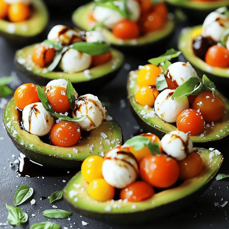 To make Caprese stuffed avocados, you need fresh and simple ingredients. Here is the list: - Ripe avocados - Cherry tomatoes - Fresh mozzarella balls - Fresh basil leaves - Balsamic glaze - Extra virgin olive oil - Salt and pepper - Dried oregano (optional) These ingredients come together to create a dish that is both tasty and healthy. Ripe avocados are creamy and rich, making them the perfect base. The cherry tomatoes add color and a pop of sweetness. Fresh mozzarella balls provide a nice texture and mild flavor. Basil leaves give a fresh aroma that lifts the whole dish. Balsamic glaze adds a tangy sweetness, while extra virgin olive oil brings richness. Salt and pepper enhance all the flavors. If you want to spice things up, try adding dried oregano for an extra layer of taste. Using high-quality ingredients makes a big difference. Fresh produce always tastes better. You can find these items at your local market or grocery store. For the full recipe, check out the details to guide you through making this delicious dish. To start, slice the avocados in half lengthwise. Hold the avocado firmly and cut around the pit. After cutting, gently twist the halves to separate them. Next, remove the pit safely. You can do this by carefully tapping the pit with the blade of a spoon and twisting it out. Now, scoop out some extra flesh from each half. This gives you more room for the filling. Save the scooped-out avocado flesh for later use. Place the emptied avocado halves on a serving platter. They will look great and be ready for stuffing. In a medium bowl, combine the halved cherry tomatoes and drained mozzarella balls. These two ingredients are key to a classic Caprese flavor. Next, add the chopped fresh basil. This herb brings a bright taste that complements the tomatoes and cheese. Now, drizzle the extra virgin olive oil and balsamic glaze over the mixture. These add richness and tang. Season with salt and pepper to taste. If you want, add dried oregano for an extra flavor layer. Gently fold the ingredients together with a spatula. Make sure everything is well-coated and combined. Spoon the flavorful Caprese mixture into each avocado half. Pack it generously, allowing some of the filling to overflow. This creates a vibrant and appealing look. For presentation, serve the stuffed avocados on a rustic wooden board. This adds charm to your dish. You can also pair them with toasted baguette slices for a delightful appetizer experience. Enjoy making this Caprese stuffed avocados recipe! You can find the [Full Recipe] for all the details. Choosing ripe avocados is key for this dish. Ripe avocados feel slightly soft but not mushy. Gently squeeze the avocado to check. If it yields to light pressure, it’s ready. If it is hard, give it a few days to ripen. If it feels too soft, it may already be overripe. To boost flavor, consider adjusting your seasonings. A sprinkle of garlic powder can add depth. You might also use fresh herbs like thyme or parsley for a twist. Always use high-quality ingredients. Fresh mozzarella and ripe tomatoes make a big difference in taste. For a beautiful presentation, serve stuffed avocados on a rustic wooden board. It adds charm to the dish. For a complete meal, pair them with a side salad or toasted baguette slices. You can also serve them with a refreshing drink, like sparkling water with lemon. These options elevate your meal and impress your guests. {{image_4}} If you want to make Caprese stuffed avocados heartier, consider adding protein. Grilled chicken or shrimp can boost the dish. Simply chop the cooked protein and mix it with the filling. For a vegetarian option, try chickpeas or lentils. These add texture and protein without meat. You can also use tofu for a plant-based twist. Caprese stuffed avocados can fit many diets. They are naturally gluten-free. For vegan options, swap mozzarella for vegan cheese or omit it. If you need nut-free variations, just skip any nuts in the dish. The recipe still shines without them. You can enhance the flavor with fresh herbs and spices. Basil is classic, but try parsley or cilantro for a twist. A pinch of chili flakes adds a nice kick too. For cheese lovers, experiment with different cheeses. Goat cheese or feta can bring new tastes to the dish. You can even use vegan cheese for a dairy-free option. Explore these variations to make your Caprese stuffed avocados unique and delightful! For the full recipe, check the recipe section above. To keep your Caprese stuffed avocados fresh, store them in an airtight container. This helps prevent browning. You can also sprinkle some lemon juice on the exposed avocado flesh. This adds flavor and slows down oxidation. - Use a glass or plastic container with a tight lid. - Place parchment paper between layers to avoid sticking. - Keep them in the fridge and eat within two days. You might wonder if you can freeze stuffed avocados. I do not recommend freezing them. The texture of the avocado can change after thawing. It may become mushy and not taste fresh. If you want to freeze the filling, you can do that! Just mix the tomatoes, mozzarella, and basil. Then: - Store the filling in a freezer-safe bag. - Remove as much air as possible before sealing. - Thaw in the fridge overnight before using. For peak freshness, enjoy your stuffed avocados the same day you make them. They taste best when the flavors are fresh and vibrant. Look for signs of spoilage in your avocados. If they feel very soft or have dark spots, it’s time to toss them. Fresh avocados should feel slightly firm but yield to gentle pressure. This helps ensure your meal stays delicious and healthy. Caprese stuffed avocados are a fresh and tasty dish. They mix creamy avocado with juicy tomatoes and soft mozzarella. The dish shines with fresh basil and a drizzle of balsamic glaze. This classic Caprese flavor makes it a crowd-pleaser. You can enjoy it as a snack or a light meal. Each bite combines rich and bright tastes that feel refreshing. To keep avocados from browning, use lemon juice or lime juice. The acid slows down oxidation. You can also store them in an airtight container. Cover the flesh tightly with plastic wrap. If you slice them, sprinkle salt on the cut side. This helps keep them green longer. You can prep the filling ahead of time. Mix the tomatoes, mozzarella, and basil, and store it in the fridge. However, wait to stuff the avocados until just before serving. This keeps them fresh and tasty. If you stuff them early, the avocados may brown and lose their charm. Caprese stuffed avocados pair well with many sides. Consider serving them with toasted baguette slices. A simple green salad also works great. You might add grilled chicken or shrimp for protein. Pair with a light white wine or sparkling water for a refreshing drink. These options enhance the flavors and make your meal more delightful. In this post, we explored how to make Caprese stuffed avocados. We covered the ingredients, step-by-step instructions, and helpful tips. You learned how to choose ripe avocados and enhance their flavor. We also discussed variations and proper storage methods. Caprese stuffed avocados are fresh and fun. They offer a tasty twist on classic elements. With these instructions, you can impress any crowd. Enjoy making and sharing this dish!