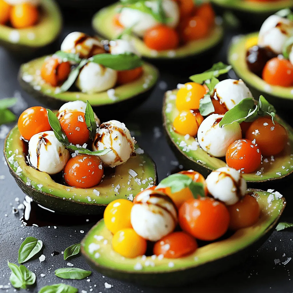 To make Caprese stuffed avocados, you need fresh and simple ingredients. Here is the list: - Ripe avocados - Cherry tomatoes - Fresh mozzarella balls - Fresh basil leaves - Balsamic glaze - Extra virgin olive oil - Salt and pepper - Dried oregano (optional) These ingredients come together to create a dish that is both tasty and healthy. Ripe avocados are creamy and rich, making them the perfect base. The cherry tomatoes add color and a pop of sweetness. Fresh mozzarella balls provide a nice texture and mild flavor. Basil leaves give a fresh aroma that lifts the whole dish. Balsamic glaze adds a tangy sweetness, while extra virgin olive oil brings richness. Salt and pepper enhance all the flavors. If you want to spice things up, try adding dried oregano for an extra layer of taste. Using high-quality ingredients makes a big difference. Fresh produce always tastes better. You can find these items at your local market or grocery store. For the full recipe, check out the details to guide you through making this delicious dish. To start, slice the avocados in half lengthwise. Hold the avocado firmly and cut around the pit. After cutting, gently twist the halves to separate them. Next, remove the pit safely. You can do this by carefully tapping the pit with the blade of a spoon and twisting it out. Now, scoop out some extra flesh from each half. This gives you more room for the filling. Save the scooped-out avocado flesh for later use. Place the emptied avocado halves on a serving platter. They will look great and be ready for stuffing. In a medium bowl, combine the halved cherry tomatoes and drained mozzarella balls. These two ingredients are key to a classic Caprese flavor. Next, add the chopped fresh basil. This herb brings a bright taste that complements the tomatoes and cheese. Now, drizzle the extra virgin olive oil and balsamic glaze over the mixture. These add richness and tang. Season with salt and pepper to taste. If you want, add dried oregano for an extra flavor layer. Gently fold the ingredients together with a spatula. Make sure everything is well-coated and combined. Spoon the flavorful Caprese mixture into each avocado half. Pack it generously, allowing some of the filling to overflow. This creates a vibrant and appealing look. For presentation, serve the stuffed avocados on a rustic wooden board. This adds charm to your dish. You can also pair them with toasted baguette slices for a delightful appetizer experience. Enjoy making this Caprese stuffed avocados recipe! You can find the [Full Recipe] for all the details. Choosing ripe avocados is key for this dish. Ripe avocados feel slightly soft but not mushy. Gently squeeze the avocado to check. If it yields to light pressure, it’s ready. If it is hard, give it a few days to ripen. If it feels too soft, it may already be overripe. To boost flavor, consider adjusting your seasonings. A sprinkle of garlic powder can add depth. You might also use fresh herbs like thyme or parsley for a twist. Always use high-quality ingredients. Fresh mozzarella and ripe tomatoes make a big difference in taste. For a beautiful presentation, serve stuffed avocados on a rustic wooden board. It adds charm to the dish. For a complete meal, pair them with a side salad or toasted baguette slices. You can also serve them with a refreshing drink, like sparkling water with lemon. These options elevate your meal and impress your guests. {{image_4}} If you want to make Caprese stuffed avocados heartier, consider adding protein. Grilled chicken or shrimp can boost the dish. Simply chop the cooked protein and mix it with the filling. For a vegetarian option, try chickpeas or lentils. These add texture and protein without meat. You can also use tofu for a plant-based twist. Caprese stuffed avocados can fit many diets. They are naturally gluten-free. For vegan options, swap mozzarella for vegan cheese or omit it. If you need nut-free variations, just skip any nuts in the dish. The recipe still shines without them. You can enhance the flavor with fresh herbs and spices. Basil is classic, but try parsley or cilantro for a twist. A pinch of chili flakes adds a nice kick too. For cheese lovers, experiment with different cheeses. Goat cheese or feta can bring new tastes to the dish. You can even use vegan cheese for a dairy-free option. Explore these variations to make your Caprese stuffed avocados unique and delightful! For the full recipe, check the recipe section above. To keep your Caprese stuffed avocados fresh, store them in an airtight container. This helps prevent browning. You can also sprinkle some lemon juice on the exposed avocado flesh. This adds flavor and slows down oxidation. - Use a glass or plastic container with a tight lid. - Place parchment paper between layers to avoid sticking. - Keep them in the fridge and eat within two days. You might wonder if you can freeze stuffed avocados. I do not recommend freezing them. The texture of the avocado can change after thawing. It may become mushy and not taste fresh. If you want to freeze the filling, you can do that! Just mix the tomatoes, mozzarella, and basil. Then: - Store the filling in a freezer-safe bag. - Remove as much air as possible before sealing. - Thaw in the fridge overnight before using. For peak freshness, enjoy your stuffed avocados the same day you make them. They taste best when the flavors are fresh and vibrant. Look for signs of spoilage in your avocados. If they feel very soft or have dark spots, it’s time to toss them. Fresh avocados should feel slightly firm but yield to gentle pressure. This helps ensure your meal stays delicious and healthy. Caprese stuffed avocados are a fresh and tasty dish. They mix creamy avocado with juicy tomatoes and soft mozzarella. The dish shines with fresh basil and a drizzle of balsamic glaze. This classic Caprese flavor makes it a crowd-pleaser. You can enjoy it as a snack or a light meal. Each bite combines rich and bright tastes that feel refreshing. To keep avocados from browning, use lemon juice or lime juice. The acid slows down oxidation. You can also store them in an airtight container. Cover the flesh tightly with plastic wrap. If you slice them, sprinkle salt on the cut side. This helps keep them green longer. You can prep the filling ahead of time. Mix the tomatoes, mozzarella, and basil, and store it in the fridge. However, wait to stuff the avocados until just before serving. This keeps them fresh and tasty. If you stuff them early, the avocados may brown and lose their charm. Caprese stuffed avocados pair well with many sides. Consider serving them with toasted baguette slices. A simple green salad also works great. You might add grilled chicken or shrimp for protein. Pair with a light white wine or sparkling water for a refreshing drink. These options enhance the flavors and make your meal more delightful. In this post, we explored how to make Caprese stuffed avocados. We covered the ingredients, step-by-step instructions, and helpful tips. You learned how to choose ripe avocados and enhance their flavor. We also discussed variations and proper storage methods. Caprese stuffed avocados are fresh and fun. They offer a tasty twist on classic elements. With these instructions, you can impress any crowd. Enjoy making and sharing this dish!