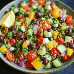 To create the Mediterranean Quinoa Salad, you will need: - 1 cup quinoa, rinsed thoroughly - 2 cups vegetable broth or water - 1 cup cherry tomatoes, halved - 1 cucumber, diced into small pieces - 1 bell pepper (red or yellow), diced into small cubes - 1/2 red onion, finely chopped - 1/2 cup kalamata olives, pitted and halved - 1/2 cup feta cheese, crumbled (omit for a vegan option) - 1/4 cup fresh parsley, finely chopped - 1/4 cup extra virgin olive oil - 2 tablespoons freshly squeezed lemon juice - 1 teaspoon dried oregano - Sea salt and freshly ground black pepper to taste You can make some easy swaps for dietary needs: - Use quinoa in place of rice for gluten-free diets. - Swap feta cheese with vegan cheese for a dairy-free option. - Replace kalamata olives with green olives if you prefer a milder taste. - Use fresh herbs like basil or mint instead of parsley for a different flavor. - Add chickpeas for extra protein and fiber. This salad is not only tasty but also nutritious. Here’s a rough estimate per serving: - Calories: 290 - Protein: 8g - Carbohydrates: 30g - Fat: 16g - Fiber: 5g - Vitamins and Minerals: Rich in Vitamin C, iron, and antioxidants from the vegetables. This Mediterranean Quinoa Salad is a great choice for a nourishing meal. It offers a balance of protein, healthy fats, and fresh veggies. You can find the full recipe in the previous section. Enjoy your vibrant, fresh dish! Start by rinsing one cup of quinoa under cold water. This step helps remove any bitter taste. Next, grab a medium saucepan and add two cups of vegetable broth or water. Bring the liquid to a rolling boil. Once it’s boiling, add the rinsed quinoa. Lower the heat and cover the pot. Let it simmer for about 15 minutes. When done, the quinoa should absorb all the liquid and look fluffy. Remove it from heat and let it cool slightly. While the quinoa cools, it's time to chop the veggies. Grab one cup of cherry tomatoes and slice them in half. Next, take one cucumber and dice it into small pieces. Choose one bell pepper, either red or yellow, and cut it into tiny cubes. Finely chop half a red onion and a quarter cup of fresh parsley. Set all these chopped veggies aside in a bowl. In a large mixing bowl, combine the cooled quinoa with your chopped veggies. Add the halved cherry tomatoes, diced cucumber, bell pepper, finely chopped red onion, and kalamata olives. For a creamy touch, sprinkle in half a cup of crumbled feta cheese if you like. In a smaller bowl, whisk together a quarter cup of extra virgin olive oil, two tablespoons of freshly squeezed lemon juice, and one teaspoon of dried oregano. Add a pinch of sea salt and freshly ground black pepper to taste. Drizzle this dressing over the quinoa salad mixture. Toss gently so everything gets coated well. Let the salad sit for about 10 minutes, allowing the flavors to come together. For the full recipe, check the detailed steps above. To achieve perfectly fluffy quinoa, follow these simple steps. First, rinse the quinoa under cold water. This removes the bitter coating called saponin. Next, use a ratio of 2 parts liquid to 1 part quinoa. This gives the quinoa enough moisture to cook well. Bring the liquid to a boil, then reduce the heat to low. Cover the pot tightly and let it simmer for about 15 minutes. After cooking, let it sit covered for 5 minutes. Fluff with a fork to separate the grains, and you’ll have light and airy quinoa. Enhancing the flavor of your Mediterranean quinoa salad is easy. Use vegetable broth instead of water for cooking quinoa. This adds depth to the dish. Fresh herbs like parsley and oregano can brighten the salad. Squeeze fresh lemon juice over the salad right before serving. This adds acidity and makes the flavors pop. For extra richness, consider adding a splash of high-quality olive oil. You can also mix in some spices, like cumin or paprika, for a twist. Presentation matters! A beautiful salad makes the meal more inviting. Serve your salad in a large, shallow bowl or on a colorful platter. Arrange the ingredients in layers to show off the colors. Garnish with fresh parsley and lemon wedges for a pop of color. You can add a sprinkle of feta cheese on top for a creamy touch. Finally, consider using a wooden spoon or serving tongs to serve. This keeps the salad looking fresh and appealing. For the full recipe, check out the details above. {{image_4}} You can make this salad vegan by skipping the feta cheese. Instead, add a sprinkle of nutritional yeast. This gives a cheesy flavor without any dairy. You can also use avocado slices for creaminess. They add healthy fats and a rich texture. Using fresh herbs like basil or dill can also enhance the flavor. If you want more protein, chicken works great. Grilled or baked chicken adds a savory touch. You can also use chickpeas for a plant-based option. They are filling and add a nice texture. Simply rinse canned chickpeas or cook dried ones. Toss them in with your salad for a hearty meal. Feel free to swap in seasonal veggies. For spring, add asparagus or snap peas. In summer, try zucchini or bell peppers. Fall is great for roasted sweet potatoes or butternut squash. Winter calls for sturdy greens like kale or Brussels sprouts. Each season brings unique flavors, making your salad fresh and exciting. You can find the Full Recipe above. You can store leftover Mediterranean quinoa salad in an airtight container. This keeps the salad fresh. Make sure to place it in the fridge right away. The salad stays good for about three to four days. If you notice any change in smell or color, it is best to throw it out. Freezing quinoa salad is not ideal. The veggies can become mushy when thawed. However, if you want to freeze it, pack the quinoa separately. You can freeze it for up to a month. When you are ready to eat, thaw it in the fridge overnight. To reheat quinoa, use a microwave or stovetop. If using a microwave, place it in a bowl with a splash of water. Cover the bowl and heat in short bursts. Stir in between to heat evenly. If using the stovetop, warm it in a pan over low heat. Add a little olive oil for flavor. Always serve it warm, but not too hot. This keeps the salad fresh and tasty. For the full recipe, check out the Mediterranean Quinoa Salad section! You can enjoy Mediterranean Quinoa Salad on its own or as a side dish. It pairs well with grilled chicken, fish, or lamb. You can also serve it with pita bread and hummus for a full meal. Try adding a side of tzatziki sauce for a creamy touch. This salad also complements roasted vegetables nicely. Mediterranean Quinoa Salad stays fresh for about three to five days in the fridge. Store it in an airtight container to keep it crisp. If you notice any excess moisture, drain it before serving. The flavors may deepen as it sits, making it even tastier! Yes, you can make Mediterranean Quinoa Salad ahead of time. It tastes great when chilled! Prepare it a day in advance for a quick meal. Just keep the dressing separate until serving to maintain freshness. This way, you can enjoy a healthy meal with minimal effort later. For the full recipe, check out the details above! This blog post covered how to make a tasty Mediterranean quinoa salad. We explored the key ingredients, smart substitutions, and nutritional facts. I shared step-by-step cooking instructions and helpful tips for the best results. You learned how to customize your salad with fun variations and proper storage tips. In summary, this salad is nutritious, versatile, and easy to make. It's perfect for any meal. Enjoy creating your own version, and let your kitchen skills shine!