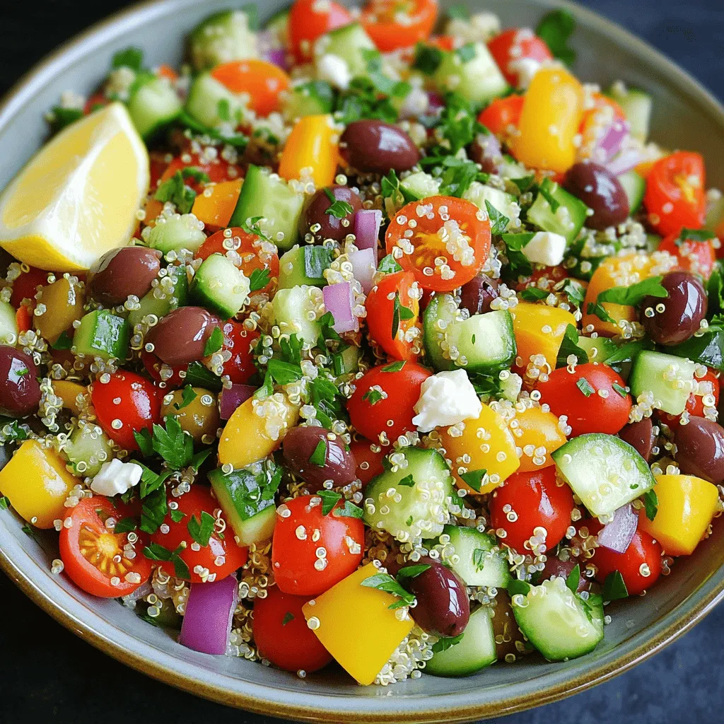 To create the Mediterranean Quinoa Salad, you will need: - 1 cup quinoa, rinsed thoroughly - 2 cups vegetable broth or water - 1 cup cherry tomatoes, halved - 1 cucumber, diced into small pieces - 1 bell pepper (red or yellow), diced into small cubes - 1/2 red onion, finely chopped - 1/2 cup kalamata olives, pitted and halved - 1/2 cup feta cheese, crumbled (omit for a vegan option) - 1/4 cup fresh parsley, finely chopped - 1/4 cup extra virgin olive oil - 2 tablespoons freshly squeezed lemon juice - 1 teaspoon dried oregano - Sea salt and freshly ground black pepper to taste You can make some easy swaps for dietary needs: - Use quinoa in place of rice for gluten-free diets. - Swap feta cheese with vegan cheese for a dairy-free option. - Replace kalamata olives with green olives if you prefer a milder taste. - Use fresh herbs like basil or mint instead of parsley for a different flavor. - Add chickpeas for extra protein and fiber. This salad is not only tasty but also nutritious. Here’s a rough estimate per serving: - Calories: 290 - Protein: 8g - Carbohydrates: 30g - Fat: 16g - Fiber: 5g - Vitamins and Minerals: Rich in Vitamin C, iron, and antioxidants from the vegetables. This Mediterranean Quinoa Salad is a great choice for a nourishing meal. It offers a balance of protein, healthy fats, and fresh veggies. You can find the full recipe in the previous section. Enjoy your vibrant, fresh dish! Start by rinsing one cup of quinoa under cold water. This step helps remove any bitter taste. Next, grab a medium saucepan and add two cups of vegetable broth or water. Bring the liquid to a rolling boil. Once it’s boiling, add the rinsed quinoa. Lower the heat and cover the pot. Let it simmer for about 15 minutes. When done, the quinoa should absorb all the liquid and look fluffy. Remove it from heat and let it cool slightly. While the quinoa cools, it's time to chop the veggies. Grab one cup of cherry tomatoes and slice them in half. Next, take one cucumber and dice it into small pieces. Choose one bell pepper, either red or yellow, and cut it into tiny cubes. Finely chop half a red onion and a quarter cup of fresh parsley. Set all these chopped veggies aside in a bowl. In a large mixing bowl, combine the cooled quinoa with your chopped veggies. Add the halved cherry tomatoes, diced cucumber, bell pepper, finely chopped red onion, and kalamata olives. For a creamy touch, sprinkle in half a cup of crumbled feta cheese if you like. In a smaller bowl, whisk together a quarter cup of extra virgin olive oil, two tablespoons of freshly squeezed lemon juice, and one teaspoon of dried oregano. Add a pinch of sea salt and freshly ground black pepper to taste. Drizzle this dressing over the quinoa salad mixture. Toss gently so everything gets coated well. Let the salad sit for about 10 minutes, allowing the flavors to come together. For the full recipe, check the detailed steps above. To achieve perfectly fluffy quinoa, follow these simple steps. First, rinse the quinoa under cold water. This removes the bitter coating called saponin. Next, use a ratio of 2 parts liquid to 1 part quinoa. This gives the quinoa enough moisture to cook well. Bring the liquid to a boil, then reduce the heat to low. Cover the pot tightly and let it simmer for about 15 minutes. After cooking, let it sit covered for 5 minutes. Fluff with a fork to separate the grains, and you’ll have light and airy quinoa. Enhancing the flavor of your Mediterranean quinoa salad is easy. Use vegetable broth instead of water for cooking quinoa. This adds depth to the dish. Fresh herbs like parsley and oregano can brighten the salad. Squeeze fresh lemon juice over the salad right before serving. This adds acidity and makes the flavors pop. For extra richness, consider adding a splash of high-quality olive oil. You can also mix in some spices, like cumin or paprika, for a twist. Presentation matters! A beautiful salad makes the meal more inviting. Serve your salad in a large, shallow bowl or on a colorful platter. Arrange the ingredients in layers to show off the colors. Garnish with fresh parsley and lemon wedges for a pop of color. You can add a sprinkle of feta cheese on top for a creamy touch. Finally, consider using a wooden spoon or serving tongs to serve. This keeps the salad looking fresh and appealing. For the full recipe, check out the details above. {{image_4}} You can make this salad vegan by skipping the feta cheese. Instead, add a sprinkle of nutritional yeast. This gives a cheesy flavor without any dairy. You can also use avocado slices for creaminess. They add healthy fats and a rich texture. Using fresh herbs like basil or dill can also enhance the flavor. If you want more protein, chicken works great. Grilled or baked chicken adds a savory touch. You can also use chickpeas for a plant-based option. They are filling and add a nice texture. Simply rinse canned chickpeas or cook dried ones. Toss them in with your salad for a hearty meal. Feel free to swap in seasonal veggies. For spring, add asparagus or snap peas. In summer, try zucchini or bell peppers. Fall is great for roasted sweet potatoes or butternut squash. Winter calls for sturdy greens like kale or Brussels sprouts. Each season brings unique flavors, making your salad fresh and exciting. You can find the Full Recipe above. You can store leftover Mediterranean quinoa salad in an airtight container. This keeps the salad fresh. Make sure to place it in the fridge right away. The salad stays good for about three to four days. If you notice any change in smell or color, it is best to throw it out. Freezing quinoa salad is not ideal. The veggies can become mushy when thawed. However, if you want to freeze it, pack the quinoa separately. You can freeze it for up to a month. When you are ready to eat, thaw it in the fridge overnight. To reheat quinoa, use a microwave or stovetop. If using a microwave, place it in a bowl with a splash of water. Cover the bowl and heat in short bursts. Stir in between to heat evenly. If using the stovetop, warm it in a pan over low heat. Add a little olive oil for flavor. Always serve it warm, but not too hot. This keeps the salad fresh and tasty. For the full recipe, check out the Mediterranean Quinoa Salad section! You can enjoy Mediterranean Quinoa Salad on its own or as a side dish. It pairs well with grilled chicken, fish, or lamb. You can also serve it with pita bread and hummus for a full meal. Try adding a side of tzatziki sauce for a creamy touch. This salad also complements roasted vegetables nicely. Mediterranean Quinoa Salad stays fresh for about three to five days in the fridge. Store it in an airtight container to keep it crisp. If you notice any excess moisture, drain it before serving. The flavors may deepen as it sits, making it even tastier! Yes, you can make Mediterranean Quinoa Salad ahead of time. It tastes great when chilled! Prepare it a day in advance for a quick meal. Just keep the dressing separate until serving to maintain freshness. This way, you can enjoy a healthy meal with minimal effort later. For the full recipe, check out the details above! This blog post covered how to make a tasty Mediterranean quinoa salad. We explored the key ingredients, smart substitutions, and nutritional facts. I shared step-by-step cooking instructions and helpful tips for the best results. You learned how to customize your salad with fun variations and proper storage tips. In summary, this salad is nutritious, versatile, and easy to make. It's perfect for any meal. Enjoy creating your own version, and let your kitchen skills shine!