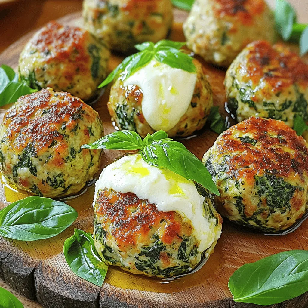 To make these meatballs, you need a few key ingredients. Here’s what you will need: - 1 pound ground beef or ground turkey - 1 cup fresh spinach, finely chopped - 1/2 cup mozzarella cheese, shredded - 1/4 cup grated Parmesan cheese - 1/2 cup Italian-style breadcrumbs - 2 cloves garlic, minced - 1 large egg - 1 teaspoon dried oregano - 1 teaspoon dried basil - Salt and pepper to taste These ingredients work together to create a juicy, flavorful meatball that everyone will love. You can add some extra ingredients to make your meatballs even tastier. Here are some options: - 1/2 teaspoon red pepper flakes (for heat) - Fresh basil leaves (for garnish) - Chopped onions or bell peppers (for added texture) These optional ingredients can give your meatballs a unique twist. Feel free to experiment with your favorites! Getting the right measurements is key to great meatballs. Here’s a quick guide: - Use a kitchen scale for the ground meat. - Measure the spinach tightly packed in a cup. - Shred the mozzarella finely for even melting. - Use a standard measuring cup for breadcrumbs. By following these tips, you ensure that your meatballs will be the right size and texture. For the full recipe, click [Full Recipe]. First, you need to prepare the spinach. Take a small saucepan and add a drizzle of olive oil. Heat it over medium. Then, add the finely chopped spinach. Sauté the spinach for about 2-3 minutes, until it wilts down. This step adds flavor and softens the spinach. Once done, remove it from heat and let it cool for a few minutes. Now it's time to mix everything. Grab a large mixing bowl. Add the ground beef or turkey, the sautéed spinach, shredded mozzarella, and grated Parmesan. Next, include the Italian-style breadcrumbs, minced garlic, and the egg. Sprinkle in the dried oregano, dried basil, and red pepper flakes if you like heat. Don't forget to add salt and pepper! Use your hands or a spatula to mix the ingredients. Be gentle! Overmixing can make the meatballs tough. Just combine them until everything is evenly mixed. It's shaping time! With clean hands, take about 1/4 cup of the mixture and roll it into a ball. Place each meatball on a parchment-lined baking sheet. Make sure to space them out. This helps them cook evenly. Keep going until you shape all of the mixture. You should get about 12-15 meatballs. Now, let’s cook! Heat a good amount of olive oil in a large skillet over medium heat. Once hot, add the meatballs in batches. Don’t crowd the pan! Cook them for about 4-5 minutes on each side. Look for a nice golden brown color. If you prefer baking, preheat your oven to 375°F (190°C). Place the meatballs on a lined baking sheet and bake for 20-25 minutes. Turn them halfway for even browning. When the meatballs are ready, transfer them to a serving platter. For a nice touch, garnish with fresh basil leaves. You can enjoy them alone or serve over spaghetti with marinara sauce. This makes a hearty and tasty meal. For the full recipe, check out the link above. Enjoy your cooking! To make great meatballs, start with quality meat. Use ground beef or turkey that is fresh. The right fat content helps keep them juicy. Mix your ingredients gently. Overmixing makes the meatballs tough. Shape them evenly for uniform cooking. Use a scoop for consistent sizes. When cooking, don’t overcrowd the pan. This allows them to brown well. A common mistake is using too much salt early on. Add salt to taste during cooking. Another mistake is not sautéing the spinach first. This helps remove excess water. This step keeps your meatballs from being soggy. Lastly, avoid cooking them at high heat. This can lead to burnt outsides and raw insides. You can boost flavor by adding herbs. Fresh herbs like parsley or thyme work great. Try a pinch of smoked paprika for warmth. A dash of lemon zest brightens the dish. If you like heat, add more red pepper flakes. Each twist will make your meatballs unique. For a richer taste, consider adding a splash of Worcestershire sauce. These tips will elevate your meatballs to a new level. For the full recipe, check out the details above. {{image_4}} You can change the meat in the recipe. Ground turkey works nicely. It keeps the dish leaner. Ground chicken is another great choice. Each meat gives its flavor. I suggest using ground pork for a richer taste. Mix two types of meat, like beef and pork, for added depth. If you want a vegetarian option, try using lentils. Cooked lentils are great for meatballs. They add protein and fiber. Another choice is mushrooms. Finely chop them and mix with breadcrumbs. For a vegan option, skip the egg. Use a flaxseed meal mix instead. Combine one tablespoon of flaxseed meal with two tablespoons of water. Let it sit until it thickens. This keeps the meatballs together. To spice things up, add some chopped sun-dried tomatoes. They bring a nice tang. You can also include chopped olives for a salty kick. For a cheesy twist, mix in feta cheese. It adds a creamy texture. If you like heat, try adding jalapeños. Just chop them finely and mix them in. Each of these ingredients can create a new flavor. Experiment and find your favorite combination. To keep your meatballs fresh, let them cool down. Place them in an airtight container. This helps prevent moisture loss. Store the container in the fridge. Your meatballs will stay good for 3-4 days. If you want to enjoy them later, freezing is a great option. When reheating meatballs, use the oven or stovetop. The oven helps keep them crispy. Preheat your oven to 350°F (175°C). Place the meatballs on a baking sheet. Heat for about 10-15 minutes. If using the stovetop, add a little olive oil to a skillet. Heat over medium and gently warm the meatballs for 5-7 minutes. Avoid microwaving, as it can make them tough. To freeze meatballs, first let them cool completely. Arrange them on a baking sheet. Make sure they are not touching. Freeze them for 1-2 hours until solid. Once frozen, transfer them to a freezer bag. Label the bag with the date. Your meatballs can last up to 3 months in the freezer. When ready to eat, just reheat from frozen or thaw in the fridge overnight. For meal prep, these tips make cooking easy! For the complete recipe, check out the Full Recipe section. You can tell meatballs are cooked when they reach 165°F (75°C) inside. Use a meat thermometer for accuracy. If you cut one open, the center should be no longer pink. The juices should run clear. These signs ensure your meatballs are safe and tasty. Yes, you can use frozen spinach! Just thaw it first and drain any excess water. Frozen spinach is often just as flavorful. It can save time too. Use about 1/2 cup of thawed spinach for this recipe. These meatballs shine with several sides. You can serve them with spaghetti and marinara. They also go well in a sub sandwich with melted cheese. For a lighter meal, try them on a salad. These options create a balanced plate. You can skip breadcrumbs by using ground oats or crushed nuts. Mashed potatoes also work well as a binder. Just add enough to hold the meat together. This keeps the meatballs moist and tasty without gluten. In this blog post, we explored how to make delicious spinach garlic mozzarella meatballs. We discussed the key ingredients, step-by-step instructions, tips for perfect cooking, and creative variations. Remember, you can adjust flavors or substitute meats based on your needs. My final thoughts: experimenting with these meatballs can lead to tasty meals. Enjoy cooking and share these with family or friends!