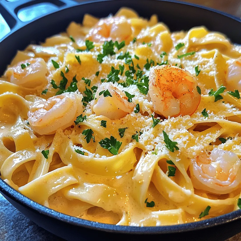 - 8 oz of fettuccine or spaghetti - 1 lb of large shrimp, peeled and deveined - 3 tablespoons unsalted butter In this dish, pasta serves as the base. You can choose fettuccine or spaghetti, both work well. The shrimp adds a sweet and tender bite. I love using large shrimp so each piece stands out. Butter brings a rich flavor that enhances the dish. - 1 cup heavy cream - 1/2 cup freshly grated Parmesan cheese - 1 tablespoon fresh lemon juice For the sauce, heavy cream gives that creamy texture we desire. Parmesan cheese adds depth with its salty bite. A dash of lemon juice brightens the flavor, making each bite special. Together, they create a smooth sauce that clings to the pasta. - 1 teaspoon smoked paprika - Salt and freshly ground black pepper, to taste - Fresh parsley, finely chopped, for garnish Seasoning is key to making this dish shine. Smoked paprika gives a warm, smoky note. Salt and pepper balance the flavors. Finally, fresh parsley adds a pop of color and freshness. It makes the dish look inviting on the plate. For the full recipe, check the [Full Recipe]. First, bring a large pot of salted water to a boil. This step is key for flavor. Add 8 ounces of fettuccine or spaghetti to the boiling water. Cook it until it is al dente, which usually takes about 8 to 10 minutes. Once cooked, drain the pasta in a colander. Make sure to reserve about 1 cup of that starchy pasta water. This water helps adjust the sauce later. In a large skillet, melt 3 tablespoons of unsalted butter over medium heat. Once the butter is melted, add 4 cloves of minced garlic. Sauté the garlic for about 1 minute. You want it fragrant but not browned; it can burn quickly. Next, increase the heat to medium-high and add 1 pound of large shrimp, peeled and deveined. Season with 1 teaspoon of smoked paprika, salt, and freshly ground black pepper. Cook the shrimp for about 2 to 3 minutes on each side. They should turn pink and opaque. Once done, transfer the shrimp to a plate and set aside. In the same skillet, reduce the heat to medium. Pour in 1 cup of heavy cream and stir it gently. As it simmers, lower the heat to low. Now, add 1/2 cup of freshly grated Parmesan cheese and 1 tablespoon of fresh lemon juice. Stir until the cheese melts. This creates a smooth and creamy sauce. Taste it and adjust the seasoning as needed. Return the cooked shrimp to the skillet. Gently fold in the pasta. Toss everything together while adding the reserved pasta water gradually. This helps to get your desired sauce consistency. Make sure to taste again and adjust the seasoning if necessary. Remove the skillet from heat. Before serving, sprinkle fresh parsley on top. This adds color and fresh flavor to your creamy shrimp pasta. Enjoy this rich and flavorful delight! To get that perfect creaminess, you must save some pasta water. This water has starch, which helps thicken the sauce. Just before draining, scoop out about a cup. You can add it slowly to the sauce. This way, you control how thick it gets. For cheese, I recommend using Parmigiano-Reggiano or Grana Padano. Both give a rich, nutty flavor. Freshly grated cheese melts better than pre-grated. It makes your sauce smooth and tasty. Cooking shrimp can be tricky. Overcooked shrimp turns rubbery and tough. Cook them just until they are pink and opaque. This usually takes about 2-3 minutes per side. I suggest using large shrimp, around 21/25 count per pound. They are big enough to hold their shape and flavor. They work well in the sauce and pair nicely with the pasta. Pairing wine with creamy shrimp pasta enhances the meal. A crisp white wine, like Sauvignon Blanc or Pinot Grigio, works great. Their acidity cuts through the richness of the dish. As for sides, think fresh and light. A simple green salad with lemon vinaigrette complements the pasta. Garlic bread or roasted veggies are also great choices. They add texture and balance to your plate. For the full recipe, check out the detailed instructions above. Enjoy your cooking! {{image_4}} You can make creamy shrimp pasta healthier. Try using whole wheat or gluten-free pasta. Both options add fiber and nutrients. Whole wheat pasta gives a nutty taste. Gluten-free pasta works well for those with dietary needs. For a lighter dish, substitute heavy cream with low-fat cream. This change lowers the calories without losing creamy texture. You still get that rich flavor, just a bit lighter. To boost flavor, consider adding spinach, sun-dried tomatoes, or artichokes. Spinach adds color and nutrients. Sun-dried tomatoes bring a sweet and tangy taste. Artichokes offer a unique twist that surprises the palate. For a spicy kick, incorporate red pepper flakes. This adds heat and depth to the dish. Adjust the amount based on your spice level preference. If you want to change the protein, substitute shrimp with chicken or scallops. Chicken is easy to find and works well with the sauce. Scallops add a touch of luxury and flavor. Both options keep the dish exciting. For a vegan alternative, try using plant-based proteins. Options like tofu or chickpeas work nicely. They soak up the sauce and add a great texture. You can still enjoy creamy shrimp pasta without animal products. For the full recipe, check out the [Full Recipe]. To keep your creamy shrimp pasta fresh, use airtight containers. Glass containers work well, as they do not retain odors. Store the pasta in the fridge for up to three days. When storing, make sure to divide the pasta into smaller portions. This helps cool it faster and keeps it fresh longer. To reheat your creamy shrimp pasta, you have two main options. The stovetop method is best for keeping the creaminess. Place the pasta in a skillet over low heat. Add a splash of milk or cream to help restore the sauce. Stir gently until warm. If you use a microwave, heat it in short bursts. Stir every 30 seconds to avoid hot spots. This method can dry out the pasta, so be careful. Yes, you can freeze creamy shrimp pasta! However, the cream sauce may change texture when thawed. To freeze, let the pasta cool completely. Then, place it in airtight containers or freezer bags. Make sure to remove as much air as possible. To thaw, move the pasta to the fridge for a few hours or overnight. Reheat on the stovetop with a little cream to bring back the smooth texture. For the best results, enjoy within three months. For the full recipe of creamy shrimp pasta, check the earlier sections. Creamy shrimp pasta lasts about 3 to 4 days in the fridge. Store it in an airtight container. Keeping it cold helps avoid spoilage. Always check for any signs of mold or bad smell before eating. Yes, you can make creamy shrimp pasta in advance. Cook the pasta and sauce separately. Mix them together just before serving. This keeps the pasta from getting too soft and soggy. Creamy shrimp pasta is not the best for freezing. The cream can separate when thawed. If you freeze it, use a freezer-safe container. Thaw in the fridge overnight before reheating. You can use half-and-half or whole milk for a lighter option. You can also try coconut cream for a dairy-free choice. These options give a different taste but still work well in the dish. To spice up your creamy shrimp pasta, add red pepper flakes. You can also use cayenne pepper or hot sauce. Start with a small amount and adjust to your taste. Serve creamy shrimp pasta with garlic bread or a fresh salad. A crisp green salad pairs nicely. You can also enjoy it with a glass of white wine for a complete meal. For the full recipe, check it out [here](Full Recipe). This creamy shrimp pasta recipe blends rich flavors and easy steps. You’ll cook pasta, sauté shrimp, and create a luscious cream sauce. Don’t forget to adjust the consistency with pasta water for the best texture. Try adding veggies or spices for a twist. With a few simple tips, you can enhance flavors and store leftovers. Enjoy this meal as is or mix it up with alternative ingredients. Whether you share it or savor it solo, this dish is sure to please.