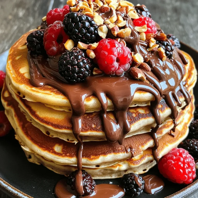 To make these delicious chocolate hazelnut spread pancakes, you will need: - 1 cup all-purpose flour - 2 tablespoons granulated sugar - 1 tablespoon baking powder - 1/4 teaspoon sea salt - 1 cup milk (or almond milk for a dairy-free option) - 1 large egg, at room temperature - 2 tablespoons unsalted butter, melted (or coconut oil for a vegan option) - 1/2 cup chocolate hazelnut spread (plus additional for serving) - Chopped hazelnuts for garnish (optional) - Fresh berries (such as strawberries or blueberries) for garnish (optional) You can easily swap some ingredients to fit your needs: - Use whole wheat flour for a healthier pancake. - Maple syrup or honey can replace granulated sugar. - Try coconut milk instead of regular milk for a sweet twist. - Flax egg can work as a vegan substitute for the egg. - Use any nut butter if you want a different flavor. Gather these tools for a smooth cooking experience: - Large mixing bowl - Whisk for mixing - Spatula for folding - Non-stick skillet or griddle - Measuring cups and spoons - Oven-safe dish for keeping pancakes warm These ingredients and tools will help you create a tasty breakfast. Check out the Full Recipe for detailed cooking steps! To start, gather your dry ingredients. In a large mixing bowl, combine: - 1 cup all-purpose flour - 2 tablespoons granulated sugar - 1 tablespoon baking powder - 1/4 teaspoon sea salt Use a whisk to blend these ingredients well. This step helps avoid lumps in your batter. A smooth batter makes for the best pancakes. Make sure everything mixes evenly. Next, it’s time for the wet ingredients. In another bowl, whisk together: - 1 cup milk (or almond milk) - 1 large egg, at room temperature - 2 tablespoons unsalted butter, melted Ensure the butter is warm but not hot. Hot butter may cook the egg. Mix until fully combined. This creates a rich and creamy base for your batter. Now, pour the wet mixture into the dry ingredients. Use a spatula to fold them gently. You want to mix until just combined. It’s okay if the batter has some lumps. Overmixing can make your pancakes tough. Next, scoop in 1/2 cup of chocolate hazelnut spread. With your spatula, fold the spread into the batter. Don’t mix it all the way in. You want to see swirls of chocolate hazelnut spread for that beautiful, marbled look in your pancakes. Preheat a non-stick skillet or griddle over medium heat. Lightly grease it with butter or oil. This helps prevent sticking and gives a nice golden crust. For each pancake, pour about 1/4 cup of batter onto the skillet. Cook until bubbles form on the surface and the edges look set. This usually takes about 2-3 minutes. Then, carefully flip the pancakes with a spatula. Cook the other side for an additional 1-2 minutes. Look for a golden brown color. Repeat this step with the remaining batter. Keep the cooked pancakes warm in a low oven while finishing the rest. When done, serve the pancakes hot. Drizzle with extra chocolate hazelnut spread. Top with chopped hazelnuts and fresh berries for a pop of color. To make your pancakes light and fluffy, start by measuring your flour correctly. Use the spoon and level method. This means spooning flour into your measuring cup and leveling it off. Too much flour will make your pancakes dense. Another key tip is to not overmix the batter. When you combine the wet and dry ingredients, mix until you see no dry flour. Some lumps are okay. This keeps the pancakes soft. If your batter is too thick, add a little milk. Start with one tablespoon at a time. Stir gently until it reaches a pourable consistency. If it’s too thin, add a bit more flour. Again, mix lightly to keep it fluffy. Adding chocolate hazelnut spread swirls can also change the consistency. Make sure to fold it in gently. You want those delicious swirls but not a fully mixed batter. When serving, stack your pancakes high for a fun look. Drizzle extra chocolate hazelnut spread on top. You can also sprinkle chopped hazelnuts for a crunchy texture. Fresh berries like strawberries or blueberries add color and flavor. For a special touch, add whipped cream or a dusting of powdered sugar. You can even serve them with a side of yogurt for a creamy contrast. Enjoy your sweet breakfast! {{image_4}} You can make these pancakes gluten-free by swapping the flour. Use one cup of gluten-free all-purpose flour. Check that the blend has xanthan gum for better texture. This swap keeps your pancakes light and fluffy. To make vegan pancakes, use almond milk instead of regular milk. Replace the egg with 1/4 cup of applesauce or a flax egg. For the melted butter, use coconut oil. These swaps make the pancakes dairy-free and egg-free, while still tasting great. Get creative with toppings! Add sliced bananas or shredded coconut for extra flavor. You can also try a drizzle of maple syrup or a sprinkle of cinnamon. For crunch, add chopped hazelnuts on top. Mix it up with your favorite fruits or nuts to make each batch unique. For the full recipe, check the details above! After a fun breakfast, you might have some pancakes left. To store them, let the pancakes cool down completely. Then, stack them with a piece of parchment paper in between. Place the stack in an airtight container. This helps keep them fresh. You can store the pancakes in the fridge for up to three days. When you want to enjoy the pancakes again, reheating is simple. You can use the microwave for quick warming. Place one pancake on a microwave-safe plate. Heat for about 20-30 seconds. If you like them crisp, use a skillet. Heat the skillet over medium heat. Add a tiny bit of butter, then place the pancake in the pan. Cook for one minute on each side. This will bring back some of that fresh pancake taste. Want to save pancakes for a busy day? Freezing is the best way. First, let the pancakes cool completely. Then, place them in a single layer on a baking sheet. Freeze them for about an hour. After that, transfer them to a freezer bag. Squeeze out the air before sealing. You can freeze them for up to two months. When you're ready to eat, just reheat them straight from the freezer. This keeps your mornings easy and tasty! For the full recipe, check the earlier section. To make pancakes fluffy, you need to mix dry and wet ingredients separately. Combine them gently. Overmixing makes pancakes dense. Adding baking powder helps too. It creates bubbles in the batter. These bubbles make pancakes rise. Always let the batter rest for a few minutes before cooking. This helps the gluten relax. Yes, you can use any nut butter. Almond, peanut, or cashew butter work well. Just keep the same amount. Each nut butter adds its own flavor. This can change the taste of your pancakes. If you want a sweeter flavor, add a bit of honey or maple syrup. You can serve pancakes with fresh fruits. Strawberries, blueberries, and bananas pair great with chocolate. Add whipped cream for extra fun! You can also sprinkle chopped hazelnuts on top. They add crunch and flavor. Drizzle more chocolate hazelnut spread for a treat. Pancakes last about three to four days in the fridge. Store them in an airtight container. This keeps them fresh. You can reheat them in a microwave or a skillet. Just warm them until hot, and they will taste great again. This blog post covered everything you need for delicious pancakes. We explored ingredients, cooking steps, and tips for the best pancakes. You learned how to make them fluffy and create fun variations. Remember to store leftovers well and reheat properly. With these easy steps and ideas, you can enjoy pancakes any time. Now, go make your perfect batch and savor each bite!