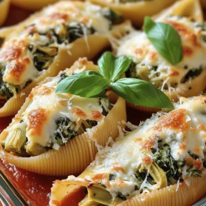 - 20 large jumbo pasta shells - 1 cup ricotta cheese - 1 cup shredded mozzarella cheese, divided - 1/2 cup grated parmesan cheese, divided - 1 cup fresh spinach, finely chopped - 1 cup canned artichoke hearts, drained and coarsely chopped - 1/2 cup softened cream cheese - 2 cloves garlic, minced - 1/4 teaspoon crushed red pepper flakes (optional for a kick) - Salt and freshly ground black pepper, to taste - 1 jar (24 oz) marinara sauce - Fresh basil leaves for garnish (optional) When making Cheesy Spinach Artichoke Stuffed Shells, I love to choose fresh ingredients. Fresh spinach adds a crisp, vibrant flavor. If you can't find fresh spinach, use frozen. Just make sure to thaw and drain it well. If you are dairy-free, try using cashew cream instead of ricotta and cream cheese. Each serving has about 400 calories. You get about 40 grams of carbs, 20 grams of fat, and 15 grams of protein. This dish offers a good mix of nutrients. The fiber from spinach and artichokes is a nice bonus. You can enjoy a tasty meal while still being mindful of your health. To cook jumbo pasta shells, start by boiling a large pot of salted water. Add the shells and cook them for 9 to 10 minutes. You want them al dente, which means they should be firm but not hard. After cooking, drain the shells well and place them on a clean kitchen towel. This keeps them from sticking together. To further prevent sticking, add a drizzle of olive oil and gently toss the shells. For a creamy texture, mix your cheeses well. In a large bowl, combine ricotta, softened cream cheese, and half the mozzarella. Use a spatula or spoon to blend everything until smooth. Then, add chopped spinach, artichokes, and minced garlic. Season this mixture with salt and pepper. Taste it as you go. Adjust the seasoning to make sure it&rsquo;s just right. A flavorful filling makes all the difference. When stuffing the shells, take your time. Fill each shell generously with the creamy mixture. Place the stuffed shells open side up in your baking dish. This way, they stay filled and don&rsquo;t spill. Before you layer them with sauce, spread some marinara sauce evenly on the bottom of the dish. This adds flavor and prevents sticking. Once stuffed, pour more sauce over the shells. Make sure every shell is covered well. Preheat your oven to 375&deg;F (190&deg;C). Cover your baking dish tightly with foil before baking. This keeps the moisture in and helps cook the shells evenly. Bake for 20 minutes, then take off the foil. Bake for another 10 to 15 minutes until the cheese is melted and bubbly. You&rsquo;ll know it&rsquo;s done when the top is golden brown. Let it sit for about 5 minutes before serving, so it sets nicely. For the complete cooking guide, check the Full Recipe. When making Cheesy Spinach Artichoke Stuffed Shells, some mistakes can ruin your dish. - Overcooking or undercooking pasta: Cook the jumbo shells for 9-10 minutes. Test for al dente by biting into one. It should be firm but not hard. - Not enough seasoning in the filling: Always taste your filling. Add salt, pepper, or garlic for great flavor. Want to boost flavor? Consider these tips. - Additional herbs and spices to consider: Fresh basil, oregano, or thyme brighten up your dish. A touch of lemon zest adds a nice twist. - Alternative cheeses for a different taste: Try goat cheese or feta for a tangy flavor. Mixing cheeses can create a richer taste. How you serve your stuffed shells matters. Here are some tips. - Visual appeal tips for serving: Use a bright plate. Drizzle extra marinara sauce on top. Sprinkle fresh herbs for color. - Suggested side dishes that complement the meal: A small side salad or garlic bread pairs well. These sides add freshness and balance to your meal. For a complete guide, check the Full Recipe. {{image_4}} You can easily change the filling for stuffed shells. Swap spinach and artichokes for other veggies like mushrooms or bell peppers. You can also add proteins like chicken or shrimp for extra flavor. If you want a vegan option, use plant-based ricotta and cream cheese. For gluten-free shells, look for pasta made from rice or corn. You can use homemade marinara or store-bought sauce. Homemade marinara gives a fresh taste that works great. If you prefer cream-based sauces, try Alfredo or a cheesy b&eacute;chamel. Both will add a rich, creamy texture to your dish. These stuffed shells pair well with a fresh salad or garlic bread. A light Caesar salad adds a nice crunch and balance. You can also prepare them as a meal prep option. Just make sure to store them in airtight containers. This way, you can enjoy them later in the week. For the full recipe, check the earlier sections. Once you finish your cheesy spinach artichoke stuffed shells, store any leftovers in the fridge. Use an airtight container to keep them fresh. They will last about 3 to 5 days. If you want to enjoy them later, consider freezing them instead. To freeze your stuffed shells, first, let them cool completely. Then, place them in a single layer in a freezer-safe container. You can also use plastic wrap, followed by aluminum foil for extra protection. This method helps prevent freezer burn and keeps them tasty. When you're ready to eat, thaw them in the fridge overnight. To reheat, preheat your oven to 350&deg;F (175&deg;C). Place the stuffed shells in a baking dish with a splash of marinara sauce to keep them moist. Cover with foil and bake for about 25-30 minutes, or until heated through. Enjoy that delicious cheesy goodness! For the full recipe, check the link. To keep your stuffed shells from sticking, follow these tips: - Use plenty of water: When boiling, add enough water to give shells room to move. - Add oil to the water: A splash of olive oil can help prevent sticking. - Cool shells on a towel: After cooking, let the shells cool on a clean kitchen towel. This stops them from sticking to each other. - Handle gently: Use a soft touch when moving or stuffing the shells. Yes, you can prepare these shells ahead of time. Here&rsquo;s how: - Prepare the filling: Make the cheesy spinach-artichoke mix a day in advance. Store it in the fridge. - Stuff the shells: You can stuff the shells and layer them with sauce the night before. Cover the dish with foil and refrigerate. - Bake before serving: When ready, bake directly from the fridge. You may need to add 5-10 minutes to the baking time. For a complete meal, consider these sides: - Garlic bread: Perfect for soaking up extra sauce. - Simple salad: A fresh green salad adds crunch and balance. - Roasted vegetables: Adds color and nutrition to your plate. - Bruschetta: A tasty appetizer to start your meal. For the full details on making these delicious Cheesy Spinach Artichoke Stuffed Shells, check out the [Full Recipe]. In this blog post, I covered how to make Cheesy Spinach Artichoke Stuffed Shells. I shared ingredient lists, cooking tips, and step-by-step instructions. Knowing how to customize the filling and sauce provides fun options. I also offered ways to store and reheat leftovers. With these tips, you can create a tasty dish that everyone will enjoy. Dive in and get cooking!