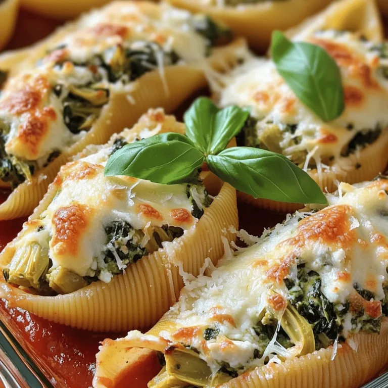 - 20 large jumbo pasta shells - 1 cup ricotta cheese - 1 cup shredded mozzarella cheese, divided - 1/2 cup grated parmesan cheese, divided - 1 cup fresh spinach, finely chopped - 1 cup canned artichoke hearts, drained and coarsely chopped - 1/2 cup softened cream cheese - 2 cloves garlic, minced - 1/4 teaspoon crushed red pepper flakes (optional for a kick) - Salt and freshly ground black pepper, to taste - 1 jar (24 oz) marinara sauce - Fresh basil leaves for garnish (optional) When making Cheesy Spinach Artichoke Stuffed Shells, I love to choose fresh ingredients. Fresh spinach adds a crisp, vibrant flavor. If you can't find fresh spinach, use frozen. Just make sure to thaw and drain it well. If you are dairy-free, try using cashew cream instead of ricotta and cream cheese. Each serving has about 400 calories. You get about 40 grams of carbs, 20 grams of fat, and 15 grams of protein. This dish offers a good mix of nutrients. The fiber from spinach and artichokes is a nice bonus. You can enjoy a tasty meal while still being mindful of your health. To cook jumbo pasta shells, start by boiling a large pot of salted water. Add the shells and cook them for 9 to 10 minutes. You want them al dente, which means they should be firm but not hard. After cooking, drain the shells well and place them on a clean kitchen towel. This keeps them from sticking together. To further prevent sticking, add a drizzle of olive oil and gently toss the shells. For a creamy texture, mix your cheeses well. In a large bowl, combine ricotta, softened cream cheese, and half the mozzarella. Use a spatula or spoon to blend everything until smooth. Then, add chopped spinach, artichokes, and minced garlic. Season this mixture with salt and pepper. Taste it as you go. Adjust the seasoning to make sure it’s just right. A flavorful filling makes all the difference. When stuffing the shells, take your time. Fill each shell generously with the creamy mixture. Place the stuffed shells open side up in your baking dish. This way, they stay filled and don’t spill. Before you layer them with sauce, spread some marinara sauce evenly on the bottom of the dish. This adds flavor and prevents sticking. Once stuffed, pour more sauce over the shells. Make sure every shell is covered well. Preheat your oven to 375°F (190°C). Cover your baking dish tightly with foil before baking. This keeps the moisture in and helps cook the shells evenly. Bake for 20 minutes, then take off the foil. Bake for another 10 to 15 minutes until the cheese is melted and bubbly. You’ll know it’s done when the top is golden brown. Let it sit for about 5 minutes before serving, so it sets nicely. For the complete cooking guide, check the Full Recipe. When making Cheesy Spinach Artichoke Stuffed Shells, some mistakes can ruin your dish. - Overcooking or undercooking pasta: Cook the jumbo shells for 9-10 minutes. Test for al dente by biting into one. It should be firm but not hard. - Not enough seasoning in the filling: Always taste your filling. Add salt, pepper, or garlic for great flavor. Want to boost flavor? Consider these tips. - Additional herbs and spices to consider: Fresh basil, oregano, or thyme brighten up your dish. A touch of lemon zest adds a nice twist. - Alternative cheeses for a different taste: Try goat cheese or feta for a tangy flavor. Mixing cheeses can create a richer taste. How you serve your stuffed shells matters. Here are some tips. - Visual appeal tips for serving: Use a bright plate. Drizzle extra marinara sauce on top. Sprinkle fresh herbs for color. - Suggested side dishes that complement the meal: A small side salad or garlic bread pairs well. These sides add freshness and balance to your meal. For a complete guide, check the Full Recipe. {{image_4}} You can easily change the filling for stuffed shells. Swap spinach and artichokes for other veggies like mushrooms or bell peppers. You can also add proteins like chicken or shrimp for extra flavor. If you want a vegan option, use plant-based ricotta and cream cheese. For gluten-free shells, look for pasta made from rice or corn. You can use homemade marinara or store-bought sauce. Homemade marinara gives a fresh taste that works great. If you prefer cream-based sauces, try Alfredo or a cheesy béchamel. Both will add a rich, creamy texture to your dish. These stuffed shells pair well with a fresh salad or garlic bread. A light Caesar salad adds a nice crunch and balance. You can also prepare them as a meal prep option. Just make sure to store them in airtight containers. This way, you can enjoy them later in the week. For the full recipe, check the earlier sections. Once you finish your cheesy spinach artichoke stuffed shells, store any leftovers in the fridge. Use an airtight container to keep them fresh. They will last about 3 to 5 days. If you want to enjoy them later, consider freezing them instead. To freeze your stuffed shells, first, let them cool completely. Then, place them in a single layer in a freezer-safe container. You can also use plastic wrap, followed by aluminum foil for extra protection. This method helps prevent freezer burn and keeps them tasty. When you're ready to eat, thaw them in the fridge overnight. To reheat, preheat your oven to 350°F (175°C). Place the stuffed shells in a baking dish with a splash of marinara sauce to keep them moist. Cover with foil and bake for about 25-30 minutes, or until heated through. Enjoy that delicious cheesy goodness! For the full recipe, check the link. To keep your stuffed shells from sticking, follow these tips: - Use plenty of water: When boiling, add enough water to give shells room to move. - Add oil to the water: A splash of olive oil can help prevent sticking. - Cool shells on a towel: After cooking, let the shells cool on a clean kitchen towel. This stops them from sticking to each other. - Handle gently: Use a soft touch when moving or stuffing the shells. Yes, you can prepare these shells ahead of time. Here’s how: - Prepare the filling: Make the cheesy spinach-artichoke mix a day in advance. Store it in the fridge. - Stuff the shells: You can stuff the shells and layer them with sauce the night before. Cover the dish with foil and refrigerate. - Bake before serving: When ready, bake directly from the fridge. You may need to add 5-10 minutes to the baking time. For a complete meal, consider these sides: - Garlic bread: Perfect for soaking up extra sauce. - Simple salad: A fresh green salad adds crunch and balance. - Roasted vegetables: Adds color and nutrition to your plate. - Bruschetta: A tasty appetizer to start your meal. For the full details on making these delicious Cheesy Spinach Artichoke Stuffed Shells, check out the [Full Recipe]. In this blog post, I covered how to make Cheesy Spinach Artichoke Stuffed Shells. I shared ingredient lists, cooking tips, and step-by-step instructions. Knowing how to customize the filling and sauce provides fun options. I also offered ways to store and reheat leftovers. With these tips, you can create a tasty dish that everyone will enjoy. Dive in and get cooking!