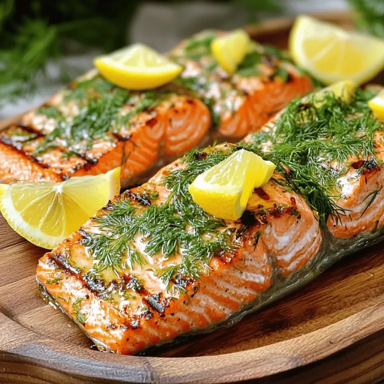 To make the Lemon Herb Grilled Salmon, you need fresh and simple ingredients that pack a punch. Here’s what you'll need: - 4 salmon fillets (approximately 6 oz each) - 2 tablespoons extra virgin olive oil - 2 tablespoons freshly squeezed lemon juice - Zest of 1 medium lemon - 2 cloves garlic, finely minced - 1 tablespoon fresh dill, finely chopped (or 1 teaspoon dried dill) - 1 tablespoon fresh parsley, finely chopped - Sea salt and freshly ground black pepper to taste - Lemon wedges, for serving Each ingredient plays a key role in building flavor. The salmon is rich and buttery, and the lemon juice and zest add brightness. Olive oil keeps the fish moist while garlic brings in a savory kick. Fresh dill and parsley lend a touch of earthiness. Salt and pepper balance it all out. For the full recipe, check out the [Full Recipe]. To make the marinade, gather these ingredients: - 2 tablespoons extra virgin olive oil - 2 tablespoons freshly squeezed lemon juice - Zest of 1 medium lemon - 2 cloves garlic, finely minced - 1 tablespoon fresh dill, finely chopped - 1 tablespoon fresh parsley, finely chopped - Sea salt and freshly ground black pepper to taste Combine the olive oil, lemon juice, lemon zest, garlic, dill, parsley, salt, and pepper in a medium bowl. Whisk until well blended. This mix infuses the salmon with bright, fresh flavors. The oil helps the herbs stick and adds richness. To marinate the salmon, place the fillets in a shallow dish or a resealable bag. Pour the marinade over the salmon, making sure every piece is coated. Gently massage the mix into the fish. Cover the dish or seal the bag. Refrigerate for 30 minutes to 1 hour. This time allows the flavors to soak deeply into the fish. Preheat your grill to medium-high heat. To avoid sticking, lightly oil the grill grates using a paper towel dipped in oil. Once marinated, take the salmon out, letting excess marinade drip off. Discard the leftover marinade. Place the salmon skin-side down on the grill. Grill for 4-5 minutes without moving it. This creates nice grill marks. After that, gently flip the fillets. Grill for another 3-4 minutes until the salmon is just cooked through. The fish should flake easily when tested with a fork. Once grilled, remove the salmon and let it rest for 2-3 minutes. This resting time helps the juices settle, making the salmon moist and flavorful. Serve right away with fresh lemon wedges on the side. For a full recipe, check out the complete instructions above. To stop your salmon from sticking, oil the grill grates. Use a paper towel with oil, or spray the grill lightly. This simple step makes a big difference. For great grill marks, place the salmon skin-side down first. Do not move it for about four to five minutes. When you flip it, use a spatula gently. Want to boost the flavor? Try adding fresh thyme or tarragon to the marinade. Both herbs complement the lemon well. You can also add a pinch of smoked paprika for a subtle kick. If you like tangy flavors, squeeze a bit more lemon juice in. This small tweak can make your dish pop! Let the salmon rest for two to three minutes after grilling. This helps the juices spread evenly. For a stunning presentation, place the salmon on a large platter. Sprinkle some fresh herbs on top for color. Serve with lemon wedges for that extra zest. This makes your meal look as good as it tastes! {{image_4}} If you can't find salmon, try these fish options: - Trout - Mahi-mahi - Halibut These fish still soak up flavors well. For herbs, you can swap dill and parsley. Try using: - Cilantro - Basil - Thyme These herbs add a unique taste. You can also play with spices like cumin or paprika for a twist. Grilling is great, but you can also bake or pan-sear the salmon. For baking, set your oven to 375°F. Place the salmon on a baking sheet and cook for 15-20 minutes. For pan-searing, heat a little oil in a skillet. Cook the salmon for about 4-5 minutes on each side. To explore different flavors, consider adding soy sauce for an Asian twist. You could use curry powder for a bold taste, too. Both options change the dish but keep it delicious. To make your meal complete, try these sides with lemon herb grilled salmon: - Steamed asparagus - Garlic mashed potatoes - Quinoa salad These dishes add color and nutrition. For a quick side, consider sautéing green beans with garlic. You can also serve a fresh garden salad for a light touch. For the full recipe, check out Lemon Herb Grilled Salmon. It's a delightful way to enjoy a meal that is fresh and flavorful. To keep your grilled salmon fresh, store it in the fridge. Place it in an airtight container. This helps keep out air and moisture. You can safely store grilled salmon in the fridge for up to three days. For longer storage, freezing is a good option. Wrap each fillet tightly in plastic wrap, then place them in a freezer-safe bag. Make sure to remove as much air as possible. Frozen salmon can last up to three months. When it’s time to enjoy your leftover salmon, reheating properly is key. You want to keep it moist and flavorful. The best way to reheat grilled salmon is in the oven. Preheat your oven to 275°F (135°C). Place the salmon on a baking sheet lined with foil. Cover it loosely with foil to trap moisture. Heat for about 15-20 minutes. Check if it's warmed through without overcooking. This method preserves the texture and flavor of the fish. You can also reheat it in a skillet on low heat. Just a few minutes on each side works well. You should marinate salmon for 30 minutes to 1 hour. This time allows the flavors to soak in. If you let it sit too long, the fish may become mushy. Always store it in a covered dish or sealed bag in the fridge. The ideal internal temperature for salmon is 145°F. You can check this with a food thermometer. The fish should feel firm but still moist. Perfectly cooked salmon will flake easily when tested with a fork. Yes, you can grill salmon without skin. Skin-on salmon stays moist and cooks evenly. However, skinless salmon can take on more flavor from the marinade. Just be careful when flipping it on the grill, as it may break apart. Some popular side dish pairings for lemon herb grilled salmon include: - Steamed asparagus - Roasted potatoes - Quinoa salad - Mixed greens with vinaigrette - Grilled vegetables These sides balance the flavors of the salmon well. To check if salmon is done grilling, look for color changes. The fish should turn from a deep pink to a lighter shade. You can also gently press down with a fork. If it flakes easily, it’s cooked. A food thermometer is a great tool to confirm doneness. For the complete Lemon Herb Grilled Salmon recipe, check out the [Full Recipe]. Grilled salmon is simple and delicious. We covered the best ingredients, preparation, and grilling tips. Marinade your salmon for tasty results, and remember to let it rest after grilling. With a few variations and side dish ideas, you can enjoy this meal in many ways. Store leftovers properly for future meals and reheat carefully to keep the flavor. These steps will help you make perfect lemon herb grilled salmon every time. Enjoy your cooking journey!
