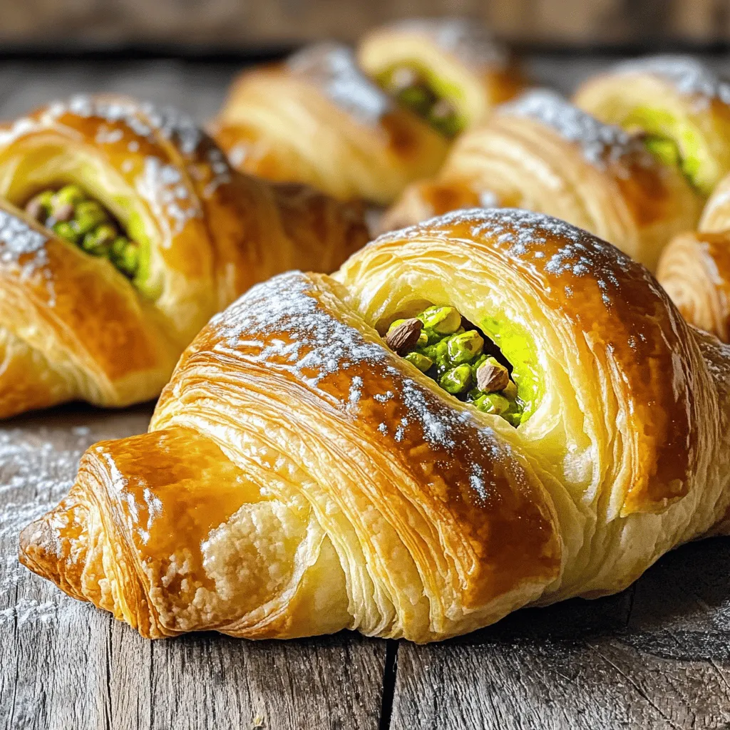 To make these tasty croissants, you need: - 1 batch of puff pastry (store-bought or homemade) - 1 cup shelled and unsalted pistachios - 1/4 cup powdered sugar - 2 tablespoons unsalted butter, softened - 1 teaspoon vanilla extract - 1 egg (for egg wash) - 1 tablespoon milk (for egg wash) - A pinch of salt These ingredients come together to create a rich and creamy pistachio filling. The puff pastry provides a light, flaky texture that complements the nutty flavor. You can customize your pistachio croissants with these extras: - Chocolate chips for a sweet twist - Chopped almonds for added crunch - A sprinkle of cinnamon for warmth These options let you play with flavors and textures, making your croissant experience unique. To make your pistachio croissants, gather these tools: - A food processor for the filling - A rolling pin to flatten the puff pastry - A sharp knife or pizza cutter for cutting - A baking sheet lined with parchment paper - A small bowl for the egg wash Having these tools ready will make the process smooth and fun. Now you're set to create delightful pistachio filled croissants. For the full recipe, check the earlier section. Start by making the pistachio filling. You need one cup of shelled, unsalted pistachios. Add them to a food processor with a quarter cup of powdered sugar, two tablespoons of softened unsalted butter, one teaspoon of vanilla extract, and a pinch of salt. Pulse this mixture until it becomes a smooth paste. If it feels too thick, add a tiny splash of water or milk. This filling should be creamy and easy to spread. Set it aside for later. Next, roll out the puff pastry. Dust your work surface lightly with flour to stop sticking. Take your puff pastry and roll it out into a rectangle about 1/8 inch thick. If you bought it from the store, roll it a bit more to make sure it is even. This step is key for creating flaky layers. Now it's time to cut the croissants. Use a sharp knife or pizza cutter to slice the pastry into triangles. Each triangle should be about 5 inches wide at the base. To help with rolling, make a small cut at the base of each triangle. This will make it easier to shape them later. Take about a teaspoon of your pistachio filling and place it near the base of each triangle. Roll the triangle from the base to the tip, tucking in the edges. This keeps the filling inside and creates a nice crescent shape. Preheat your oven to 400°F (200°C). While it heats, make the egg wash. In a small bowl, whisk together one egg and one tablespoon of milk. Brush this mixture on the tops of each croissant for a beautiful golden finish. Line a baking sheet with parchment paper and space the filled croissants evenly on it. Bake for 15-20 minutes or until they look puffy and golden brown. After baking, let them cool on a wire rack for about 5-10 minutes before serving. Enjoy the delightful taste of your homemade pistachio filled croissants! For the full recipe, refer to the earlier section. When making pistachio filled croissants, avoid some common mistakes. First, do not skip the egg wash. This step gives the croissants a golden color. Second, ensure your puff pastry is cold. Warm pastry can become soggy and lose its puff. Lastly, be careful not to overfill. Too much filling can make it hard to roll the croissants. To get the best puff pastry, start with cold ingredients. If using store-bought pastry, let it chill in the fridge. When rolling it out, use a light dusting of flour to prevent sticking. Roll the dough evenly, about 1/8 inch thick, to ensure even baking. Lastly, keep the dough folded and chilled until you are ready to cut and fill. Presentation matters for pistachio filled croissants. First, dust them with powdered sugar right before serving. This adds a sweet touch. Arrange the croissants on a nice platter. Add whole pistachios around them for color and texture. A simple garnish can elevate your dish and impress your guests. For the full recipe, you can find it [here](#). {{image_4}} You can switch up the filling in your croissants. Try using almonds, walnuts, or hazelnuts. Each nut brings its own flavor. Just blend them the same way as pistachios. Use the same amount for a smooth filling. The taste will change, but the joy stays the same. Add extra flavors to make your croissants unique. You can mix in chocolate chips for a sweet touch. A pinch of cinnamon or nutmeg can also add warmth. Think about adding a bit of orange zest for a fresh twist. These small changes can bring big flavors to your croissant. If you want gluten-free croissants, look for gluten-free puff pastry. Many stores sell them now. For a vegan version, use plant-based butter and a dairy-free milk for the egg wash. You can even skip the egg wash for a simpler approach. These swaps let everyone enjoy this treat! You can find the Full Recipe to dive deeper into making these delightful pastries. To keep your croissants fresh, place them in an airtight container. This helps maintain their crispness. You can also wrap them in plastic wrap before placing them in the container. Store at room temperature for up to two days. If you want to keep them longer, the fridge is not ideal. It can make them dry. Instead, opt for freezing. If you want to prepare croissants ahead of time, freeze them unbaked. After you fill the croissants, place them on a baking sheet. Make sure they are not touching. Freeze them for about an hour until firm. Then, transfer them to a zip-top bag. Label the bag with the date. You can keep them frozen for up to three months. For the best taste, reheat the croissants in the oven. Preheat your oven to 350°F (175°C). Place the croissants on a baking sheet. Heat for about 10-15 minutes, or until warm and crisp. If they were frozen, you might need an extra five minutes. Avoid using the microwave, as it can make them soggy. Enjoy your warm pistachio filled croissants! To make homemade pistachio filling, you need a few simple steps. Start with one cup of shelled and unsalted pistachios. Add them to a food processor with 1/4 cup of powdered sugar, 2 tablespoons of softened butter, and 1 teaspoon of vanilla extract. Sprinkle in a pinch of salt for flavor. Pulse the mixture until it turns into a smooth paste. If it feels too thick, add a tiny splash of water or milk. This filling is creamy and packed with flavor. Pistachio filled croissants taste best fresh. If stored correctly, they can last for about 2-3 days at room temperature. Place them in an airtight container to keep them soft. If you want to keep them longer, consider freezing them. They can last for up to 2 months in the freezer. Just remember to wrap them well to avoid freezer burn. Yes, you can use store-bought puff pastry for these croissants. It saves time and still tastes great. Make sure to roll it out to about 1/8 inch thick. This ensures the croissants will puff nicely when baked. Store-bought options are often just as flaky and delicious as homemade. To find pistachio filled croissants, check local bakeries or patisseries. Many places offer unique flavors, and pistachio is a popular choice. You can also look for them in specialty cafes. If you're not sure, a quick search online can help you locate nearby spots that carry them. Enjoy the hunt for this delightful treat! These pistachio filled croissants are a tasty treat you can make at home. We covered the key ingredients, tools, and step-by-step instructions to help you succeed. I shared tips to avoid common mistakes and enhance your pastries. You can also explore fun variations, from different nut fillings to gluten-free options. Finally, learn how to store and reheat your croissants for best taste. With these insights, you can bake delicious croissants and impress friends or family. Enjoy the process, and happy baking!