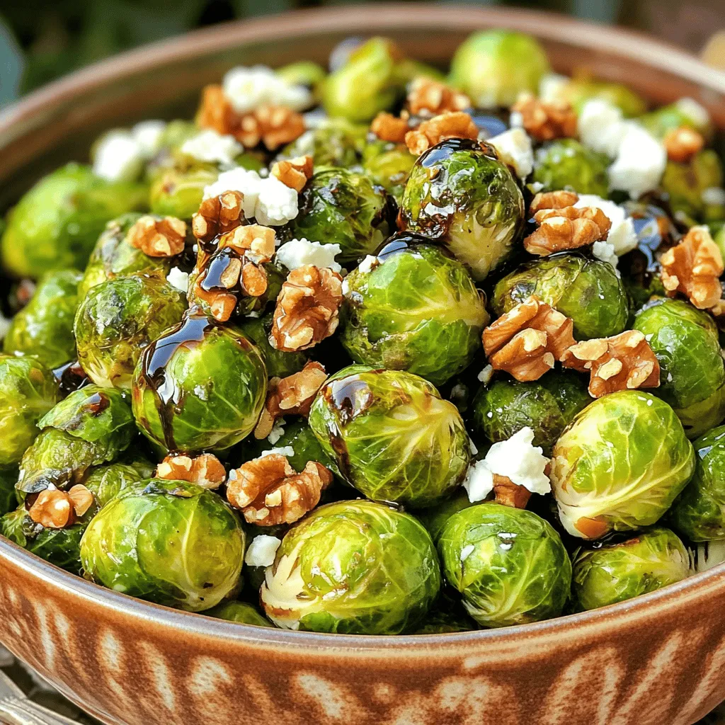 To make Balsamic Glazed Brussels Sprouts, you need the following ingredients: - 1 lb Brussels sprouts, halved - 3 tablespoons balsamic vinegar - 2 tablespoons honey - 2 tablespoons extra virgin olive oil - 2 cloves garlic, finely minced - Salt and freshly cracked pepper to taste - ¼ cup walnuts, roughly chopped - ¼ cup feta cheese, crumbled (optional) These ingredients work together to create a sweet and tangy flavor. The Brussels sprouts become tender yet crispy. The balsamic vinegar adds a rich depth, while honey brings sweetness. Garlic offers a savory touch, and walnuts add a delightful crunch. Feta cheese, if you choose to add it, provides a creamy balance. Using fresh ingredients helps to enhance the overall taste. I recommend choosing bright green, firm Brussels sprouts for the best results. You can find great quality at local markets or grocery stores. This recipe is simple yet impressive, making it perfect for your next meal. For the full recipe, refer to the details above. - Preheat oven to 400°F (200°C). - Toss Brussels sprouts with olive oil, garlic, salt, and pepper. First, you need to get your oven nice and hot. Set it to 400°F (200°C). This heat is perfect for roasting. While the oven heats up, grab a large mixing bowl. Add your halved Brussels sprouts. Drizzle in some extra virgin olive oil. I like to use about two tablespoons for great flavor. Next, finely mince two cloves of garlic. Toss them into the bowl. Now, sprinkle in salt and freshly cracked pepper to taste. Toss everything together well. You want all the sprouts coated evenly. - Spread Brussels sprouts on a lined baking sheet. - Roast for 20-25 minutes, stirring halfway. Once mixed, line a baking sheet with parchment paper. This step makes cleanup easy. Spread your seasoned Brussels sprouts on the sheet in one layer. This way, they roast evenly. Put the sheet in your preheated oven. Roast for 20 to 25 minutes. Halfway through, stir the sprouts. This step helps them brown nicely. You want them golden with crispy edges. - Simmer balsamic vinegar and honey in a saucepan until thickened. While the sprouts roast, let's make the balsamic glaze. Grab a small saucepan and place it on medium heat. Pour in three tablespoons of balsamic vinegar. Add two tablespoons of honey for sweetness. Stir the mixture as it heats. Let it simmer for about 5 to 7 minutes. It should thicken nicely. Once done, remove it from the heat and set it aside. - Drizzle glaze over roasted Brussels sprouts. - Top with walnuts and feta cheese (if using). When your Brussels sprouts are roasted to perfection, take them out of the oven. Transfer them to a vibrant serving bowl. Now, drizzle the thick balsamic glaze over them. Make sure every sprout gets some glaze. For extra crunch, sprinkle chopped walnuts on top. If you like, add crumbled feta cheese too. This cheese gives a creamy contrast that complements the dish. Serve them warm and enjoy the delightful flavors! For the full recipe, check out Balsamic Bliss Brussels Sprouts. - Look for firm, bright green sprouts. - Avoid yellowing or wilting leaves. Choosing the right Brussels sprouts is key to a great dish. Freshness matters! Firm and bright sprouts taste the best. If you see any yellow or wilting leaves, skip those. They won’t taste good. - Single layer on baking sheet for even roasting. - Don't overcrowd the pan. Roasting brings out the natural sweetness. Spread the sprouts in a single layer on your baking sheet. If they are too crowded, they will steam instead of roast. This means less crispiness! - Adjust honey for sweetness. - Add lemon juice for brightness. Sweetness is important in this dish. You can add more honey if you want it sweeter. For a bright flavor, squeeze some lemon juice on top before serving. It makes the dish pop! For the full recipe, check out Balsamic Bliss Brussels Sprouts. {{image_4}} You can change the flavor of your Brussels sprouts in many ways. Adding crispy bacon bits or pancetta gives a salty kick. These meats add depth and pair well with the sweet balsamic glaze. If you want to try something different, you can experiment with various vinegars. Apple cider vinegar or red wine vinegar can add a unique twist to your dish. Each vinegar type brings its own flavor, so don't be afraid to mix it up! For those who follow a vegan diet, you can still enjoy this dish. Replace honey with maple syrup for a sweet touch. It works just as well and is plant-based. If you want a dairy-free option, simply skip the feta cheese. This lets the natural flavors of the Brussels sprouts shine through. You can still enjoy a tasty side dish without any animal products. After enjoying your Balsamic Glazed Brussels Sprouts, store leftovers in an airtight container. They will stay fresh in the fridge for up to 3 days. This keeps the sprouts crisp and the glaze tasty. To reheat, the oven is your best friend. Place the sprouts on a baking sheet and warm them at 350°F (175°C) until heated through. This keeps the texture nice. If you are in a hurry, you can use the microwave for quick reheating. Just microwave in short bursts, checking often. If you want to save some sprouts for later, freeze them before roasting. Wash and cut them, then place them in a single layer on a baking sheet. Freeze for a few hours, then transfer them to a freezer bag. This way, you have fresh Brussels sprouts ready for future meals. I recommend using fresh Brussels sprouts for the best texture. Fresh sprouts have a nice crunch and flavor. If you use frozen sprouts, you will need to adjust the roasting time. Frozen sprouts may take longer to cook through and won't brown as well. These Brussels sprouts make a great side dish. They pair well with meat, poultry, or even a vegetarian meal. Try them alongside roasted chicken or grilled steak. They also work well with pasta dishes. To reduce bitterness, trim the stems and outer leaves before cooking. This helps remove any tough parts. Browning the Brussels sprouts while roasting adds a nice flavor. Aim for a golden brown color for the best taste. Yes, you can make the balsamic glaze ahead of time. Store it in the fridge for up to a week. Just remember to reheat it before using it on the dish. This makes it easy to add flavor right before serving. Balsamic glazed Brussels sprouts are easy and tasty. This dish blends flavors and textures well. We covered ingredients, step-by-step instructions, storage tips, and variations. Brussels sprouts can shine on any table. Try out this recipe and make it your own. With the right care, you can enjoy them fresh and delicious anytime. Happy cooking!
