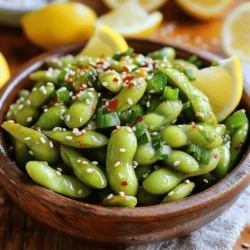 - 2 cups edamame (in pods) - 3 tablespoons olive oil - 4 cloves garlic, minced - 1 teaspoon red pepper flakes - 2 teaspoons soy sauce - 1 teaspoon sesame oil - 1 tablespoon freshly squeezed lemon juice - Sea salt, to taste - Toasted sesame seeds - Finely chopped green onions To make spicy garlic edamame, gather these fresh and simple ingredients. You will need edamame pods, which are packed with protein and fiber. Olive oil adds a rich flavor and helps cook the garlic. Minced garlic brings a delightful aroma and taste. Red pepper flakes add the heat, so adjust them to your liking. Soy sauce gives a savory depth, while sesame oil adds a nutty touch. Fresh lemon juice brightens the dish, and sea salt enhances all the flavors. For garnishes, I love to use toasted sesame seeds and finely chopped green onions. They add texture and a pop of color. This combination not only looks good but also boosts the taste. If you want to try the full recipe, check it out [here](Full Recipe). - Bring a large pot of salted water to a vigorous boil. - Add edamame pods and cook for 5-7 minutes. To start, fill a large pot with water and add a pinch of salt. This helps enhance the flavor of the edamame. Once the water boils, toss in the edamame pods. Cooking them for 5-7 minutes gives them a nice tender but firm texture. After cooking, drain the pods in a colander and let them cool a bit. - Warm olive oil in a skillet over medium heat. - Sauté minced garlic and red pepper flakes for 1-2 minutes. Next, grab a skillet and pour in the olive oil. Heat it over medium heat until it shimmers. This step is crucial because it gets the oil hot enough to release flavors. Add the minced garlic and red pepper flakes. Stir them for 1-2 minutes, making sure not to burn the garlic. You want the garlic to smell amazing, not brown. - Toss cooked edamame in garlic oil. - Drizzle soy sauce, sesame oil, and lemon juice, cooking for an additional 1-2 minutes. Now, it’s time to bring everything together. Add the drained edamame to the skillet. Toss them gently to coat each pod in that flavorful garlic oil. Let them cook for another 1-2 minutes to heat through. Finally, drizzle in the soy sauce, sesame oil, and lemon juice. Stir well to mix all the flavors. Let it all cook together for a minute. This step makes sure each bite is packed with flavor. For the full recipe, visit the details included earlier. To get the best edamame, you want them tender but still firm. If they are too soft, you lose that nice bite. Cook the edamame for about 5-7 minutes in boiling water. This will give you that perfect texture. When it comes to heat, red pepper flakes are your friend. You can start with one teaspoon and add more if you like it spicier. Don’t be afraid to taste as you go. Adjusting the heat to your liking makes a big difference. Serve the edamame warm for the best flavor. You can add optional garnishes like toasted sesame seeds and chopped green onions to make it pop. These little touches not only add flavor but also make the dish look great. This spicy garlic edamame works well with rice bowls or as an appetizer. It adds a fun and tasty twist to your meal. You can even serve it at your next gathering for a crowd-pleasing snack. Edamame is packed with protein and fiber, making it a healthy choice. Each serving gives you a boost of energy and helps you feel full. Garlic also brings health perks. It has antioxidants that can boost your immune system. Combining garlic and edamame makes this dish not only tasty but good for you too! {{image_4}} For a gluten-free option, you can swap tamari for soy sauce. Tamari has a similar taste but is made without wheat. This change ensures everyone can enjoy the dish without worry. Plus, it keeps the flavor bold and tasty. You can play with flavors in this dish. Try adding fresh lime juice for a zesty twist. A little ginger can also add warmth and depth. Fresh herbs like cilantro bring a bright touch. These extras can make your edamame even more exciting. Want a different texture? Air frying is a great option. It gives the edamame a nice crunch. Grilling offers a smoky flavor that’s perfect for summer meals. Both methods add unique tastes to this classic dish. Try them out to see which you prefer! After enjoying your spicy garlic edamame, store any leftovers. Place them in an airtight container. You can refrigerate them for up to 3 days. This keeps them fresh and tasty. When you're ready to eat them again, they'll still have that great flavor. Freezing cooked edamame is easy. First, let the pods cool completely. Then, place them in a freezer-safe bag or container. Remove as much air as possible. This helps keep the flavor intact. You can freeze them for up to three months. When you're ready to use them, just thaw in the fridge overnight. Reheating edamame can be tricky. You want to keep the texture nice. The best way is to use the stove. Heat a little olive oil in a pan over medium heat. Add the edamame and stir until warm. This method helps keep them crispy. You can also microwave them. Cover with a damp paper towel and heat for 30 seconds. Check and repeat until warm. Yes, you can use frozen edamame. Frozen edamame is a great option. Just remember to adjust the cooking time. Cook them for about 4-5 minutes in boiling water. This will keep them tender and tasty. You can serve spicy garlic edamame with many dishes. It pairs well with rice or noodles. You can also enjoy it with grilled chicken or tofu. This dish adds a nice kick to any meal. The spice level in this recipe is adjustable. If you want more heat, add extra red pepper flakes. For less heat, you can reduce the amount or leave it out. You can also swap red pepper flakes for sweet paprika for a milder flavor. Enjoy customizing it to fit your taste! In this blog post, I shared a simple recipe for spicy garlic edamame. We covered the main ingredients, step-by-step cooking instructions, and useful tips. You learned how to perfect the texture and flavor of your dish. We also explored fun variations and ways to store your leftovers. These tips make it easy to enjoy a tasty snack or appetizer. Use fresh ingredients and adjust spice levels to suit your taste. Try this recipe for a healthy boost in protein and fiber. Enjoy experimenting and make it your own!