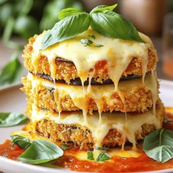 - 2 medium eggplants - 3 cups marinara sauce - 2 cups shredded mozzarella cheese - 1 cup grated Parmesan cheese - 1 cup all-purpose flour - 2 large eggs - 1 cup breadcrumbs - 2 teaspoons dried oregano - 1 teaspoon garlic powder - Salt and freshly ground black pepper - Fresh basil leaves for garnish To create a delicious Baked Eggplant Parmesan, you need fresh and quality ingredients. Let’s break it down. First, we start with two medium eggplants. Choose firm and shiny ones for the best flavor. Next, you will need three cups of marinara sauce. You can use homemade sauce or store-bought. Both work well! Cheese is key in this dish. You will want two cups of shredded mozzarella cheese. This cheese melts beautifully and adds that gooey texture. Also, use one cup of grated Parmesan cheese for a nice salty kick. For breading the eggplant, gather one cup of all-purpose flour, two large eggs, and one cup of breadcrumbs. Italian seasoned breadcrumbs can add extra flavor. Finally, you will need two teaspoons of dried oregano to boost the taste. For seasoning, add one teaspoon of garlic powder, salt, and freshly ground black pepper. This will enhance the dish’s overall flavor. Don’t forget some fresh basil leaves for garnish! They add color and a lovely aroma. For the full recipe, check the [Full Recipe]. It will guide you through the cooking process! First, slice your eggplants into ½-inch thick rounds. Lay the slices on a clean towel. Sprinkle a good amount of salt on both sides. Let them rest for about 30 minutes. This step helps to draw out any bitterness. After 30 minutes, rinse the slices under cold water. This removes the salt and any bitterness. Pat them dry with a clean towel to remove excess moisture. Next, set up your breading station. Use three shallow dishes. Put all-purpose flour in the first dish. In the second dish, place the beaten eggs. In the third dish, mix breadcrumbs with dried oregano, garlic powder, salt, and black pepper. Now, take a slice of eggplant. Dredge it in the flour, then dip it in the egg. Finally, coat it in the breadcrumb mix. Place the breaded slices on lined baking sheets. Preheat your oven to 375°F (190°C). Bake the breaded eggplant slices for 25-30 minutes. Flip them halfway through so both sides get crispy. While they bake, grab a large baking dish. Pour a thin layer of marinara sauce at the bottom. Add a layer of baked eggplant slices. Sprinkle mozzarella and Parmesan cheese over the top. Repeat this process until all ingredients are used. Always end with marinara sauce and a generous layer of cheese. Return the dish to the oven and bake for another 20-25 minutes. The cheese should melt and turn golden. Once done, let it cool for about 10 minutes before cutting. For the full recipe, check out the details above. Choosing the right eggplant is key. Look for medium-sized eggplants. They should be firm with smooth skin. Avoid any that feel soft or have blemishes. You can adjust the seasoning to your taste. A pinch of salt can enhance the flavors well. If you like it spicy, add some red pepper flakes. For a great presentation, cut the eggplant into squares. Place them on a plate and drizzle with marinara sauce. Garnish with fresh basil for a vibrant touch. This adds color and freshness. Serve alongside a simple salad or garlic bread. A light red wine pairs well with this dish. One common mistake is over-salting the eggplant. This can make your dish too salty. Always rinse your eggplant after salting. Another mistake is uneven baking. Make sure to flip the slices halfway through. This helps them bake evenly and get crispy all over. {{image_4}} - You can use whole wheat breadcrumbs. This adds fiber and makes it healthier. - Consider low-fat cheese options to cut down on calories but keep the flavor. - For a vegan twist, use chickpea flour or flaxseed meal instead of eggs. - Plant-based cheese alternatives can replace regular cheese. Look for brands that melt well. - Adding spinach or bell peppers boosts nutrition and flavor. - Try different sauces, like pesto or arrabbiata, for a new taste. - Experiment with seasonings like smoked paprika or crushed red pepper for a kick. These variations make baked eggplant parmesan fun and tasty. Enjoy creating your own version! For the complete recipe, check out the Full Recipe. To keep your uneaten eggplant parmesan fresh, store it in the fridge. Place it in an airtight container. This will help keep it safe for 3 to 5 days. If you want to keep it longer, consider freezing it. Wrap it well in plastic wrap and foil. Label it with the date. You can freeze it for up to three months. Just remember to let it cool completely before storing. When it's time to enjoy your leftovers, reheating is key. The oven is the best method. Preheat it to 350°F (175°C) and place the dish inside. Cover it with foil to keep moisture in. Heat for about 20 to 25 minutes. If you use the microwave, it can heat unevenly. Heat in short bursts, checking often. This can make it less crispy, so the oven is better. In the fridge, your eggplant parmesan lasts about 3 to 5 days. Always check for signs of spoilage. Look for an off smell or mold. If it smells sour or looks strange, it’s best to throw it away. You want to enjoy this dish at its best, so trust your senses! To stop bitterness in eggplant, use the salting technique. Start by slicing the eggplant into rounds. Then, sprinkle a good amount of salt on both sides. This step draws out excess moisture and any bitter taste. Let the slices sit for about 30 minutes. After that, rinse the slices under cold water. Pat them dry with a towel. This method helps you enjoy a sweeter, more flavorful dish. Yes, you can prepare Baked Eggplant Parmesan ahead of time. To do this, bake the breaded eggplant slices. Once they are cool, layer them with marinara and cheese in a dish. Cover it tightly with plastic wrap or foil and store it in the fridge. You can bake it later when you are ready to serve. This makes it easy for busy days or gatherings. Eggplant Parmesan pairs well with many sides. Consider a fresh green salad with a light vinaigrette. Garlic bread is also a great choice for soaking up sauce. For drinks, serve a nice red wine or sparkling water. You can even try a fruity iced tea. These options bring out the flavors of the dish. Baked Eggplant Parmesan can be made gluten-free. Use gluten-free breadcrumbs instead of regular ones. You can find these in most grocery stores. For the flour, opt for almond flour or a gluten-free blend. These substitutions ensure everyone can enjoy this tasty dish. Baked Eggplant Parmesan is a delicious dish you can easily make at home. You learned the key ingredients, from eggplants to cheeses and spices. I provided step-by-step instructions to prep and bake your dish perfectly. We covered tips to avoid common mistakes and explored tasty variations. Finally, I shared helpful storage instructions to keep your leftovers fresh. By using these insights, you can impress friends and family. Enjoy your cooking journey and savor every bite.