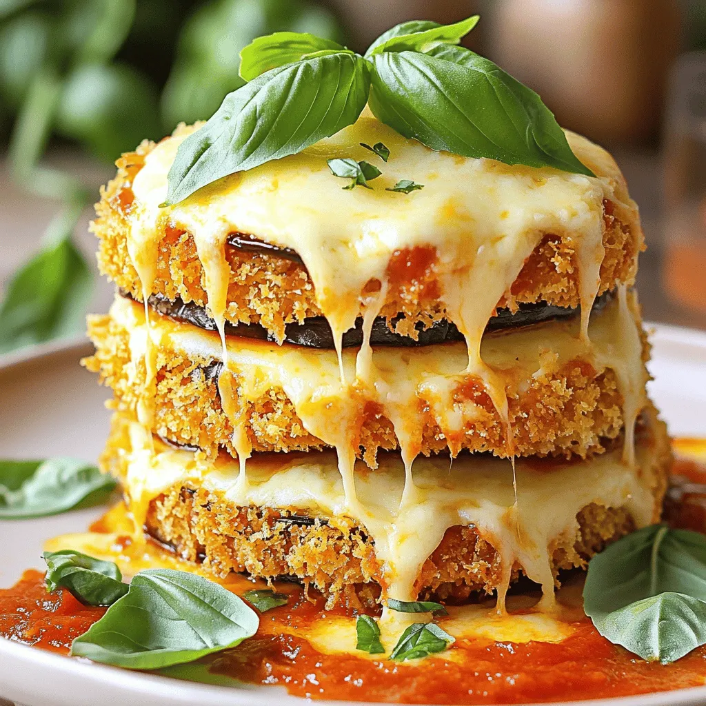 - 2 medium eggplants - 3 cups marinara sauce - 2 cups shredded mozzarella cheese - 1 cup grated Parmesan cheese - 1 cup all-purpose flour - 2 large eggs - 1 cup breadcrumbs - 2 teaspoons dried oregano - 1 teaspoon garlic powder - Salt and freshly ground black pepper - Fresh basil leaves for garnish To create a delicious Baked Eggplant Parmesan, you need fresh and quality ingredients. Let’s break it down. First, we start with two medium eggplants. Choose firm and shiny ones for the best flavor. Next, you will need three cups of marinara sauce. You can use homemade sauce or store-bought. Both work well! Cheese is key in this dish. You will want two cups of shredded mozzarella cheese. This cheese melts beautifully and adds that gooey texture. Also, use one cup of grated Parmesan cheese for a nice salty kick. For breading the eggplant, gather one cup of all-purpose flour, two large eggs, and one cup of breadcrumbs. Italian seasoned breadcrumbs can add extra flavor. Finally, you will need two teaspoons of dried oregano to boost the taste. For seasoning, add one teaspoon of garlic powder, salt, and freshly ground black pepper. This will enhance the dish’s overall flavor. Don’t forget some fresh basil leaves for garnish! They add color and a lovely aroma. For the full recipe, check the [Full Recipe]. It will guide you through the cooking process! First, slice your eggplants into ½-inch thick rounds. Lay the slices on a clean towel. Sprinkle a good amount of salt on both sides. Let them rest for about 30 minutes. This step helps to draw out any bitterness. After 30 minutes, rinse the slices under cold water. This removes the salt and any bitterness. Pat them dry with a clean towel to remove excess moisture. Next, set up your breading station. Use three shallow dishes. Put all-purpose flour in the first dish. In the second dish, place the beaten eggs. In the third dish, mix breadcrumbs with dried oregano, garlic powder, salt, and black pepper. Now, take a slice of eggplant. Dredge it in the flour, then dip it in the egg. Finally, coat it in the breadcrumb mix. Place the breaded slices on lined baking sheets. Preheat your oven to 375°F (190°C). Bake the breaded eggplant slices for 25-30 minutes. Flip them halfway through so both sides get crispy. While they bake, grab a large baking dish. Pour a thin layer of marinara sauce at the bottom. Add a layer of baked eggplant slices. Sprinkle mozzarella and Parmesan cheese over the top. Repeat this process until all ingredients are used. Always end with marinara sauce and a generous layer of cheese. Return the dish to the oven and bake for another 20-25 minutes. The cheese should melt and turn golden. Once done, let it cool for about 10 minutes before cutting. For the full recipe, check out the details above. Choosing the right eggplant is key. Look for medium-sized eggplants. They should be firm with smooth skin. Avoid any that feel soft or have blemishes. You can adjust the seasoning to your taste. A pinch of salt can enhance the flavors well. If you like it spicy, add some red pepper flakes. For a great presentation, cut the eggplant into squares. Place them on a plate and drizzle with marinara sauce. Garnish with fresh basil for a vibrant touch. This adds color and freshness. Serve alongside a simple salad or garlic bread. A light red wine pairs well with this dish. One common mistake is over-salting the eggplant. This can make your dish too salty. Always rinse your eggplant after salting. Another mistake is uneven baking. Make sure to flip the slices halfway through. This helps them bake evenly and get crispy all over. {{image_4}} - You can use whole wheat breadcrumbs. This adds fiber and makes it healthier. - Consider low-fat cheese options to cut down on calories but keep the flavor. - For a vegan twist, use chickpea flour or flaxseed meal instead of eggs. - Plant-based cheese alternatives can replace regular cheese. Look for brands that melt well. - Adding spinach or bell peppers boosts nutrition and flavor. - Try different sauces, like pesto or arrabbiata, for a new taste. - Experiment with seasonings like smoked paprika or crushed red pepper for a kick. These variations make baked eggplant parmesan fun and tasty. Enjoy creating your own version! For the complete recipe, check out the Full Recipe. To keep your uneaten eggplant parmesan fresh, store it in the fridge. Place it in an airtight container. This will help keep it safe for 3 to 5 days. If you want to keep it longer, consider freezing it. Wrap it well in plastic wrap and foil. Label it with the date. You can freeze it for up to three months. Just remember to let it cool completely before storing. When it's time to enjoy your leftovers, reheating is key. The oven is the best method. Preheat it to 350°F (175°C) and place the dish inside. Cover it with foil to keep moisture in. Heat for about 20 to 25 minutes. If you use the microwave, it can heat unevenly. Heat in short bursts, checking often. This can make it less crispy, so the oven is better. In the fridge, your eggplant parmesan lasts about 3 to 5 days. Always check for signs of spoilage. Look for an off smell or mold. If it smells sour or looks strange, it’s best to throw it away. You want to enjoy this dish at its best, so trust your senses! To stop bitterness in eggplant, use the salting technique. Start by slicing the eggplant into rounds. Then, sprinkle a good amount of salt on both sides. This step draws out excess moisture and any bitter taste. Let the slices sit for about 30 minutes. After that, rinse the slices under cold water. Pat them dry with a towel. This method helps you enjoy a sweeter, more flavorful dish. Yes, you can prepare Baked Eggplant Parmesan ahead of time. To do this, bake the breaded eggplant slices. Once they are cool, layer them with marinara and cheese in a dish. Cover it tightly with plastic wrap or foil and store it in the fridge. You can bake it later when you are ready to serve. This makes it easy for busy days or gatherings. Eggplant Parmesan pairs well with many sides. Consider a fresh green salad with a light vinaigrette. Garlic bread is also a great choice for soaking up sauce. For drinks, serve a nice red wine or sparkling water. You can even try a fruity iced tea. These options bring out the flavors of the dish. Baked Eggplant Parmesan can be made gluten-free. Use gluten-free breadcrumbs instead of regular ones. You can find these in most grocery stores. For the flour, opt for almond flour or a gluten-free blend. These substitutions ensure everyone can enjoy this tasty dish. Baked Eggplant Parmesan is a delicious dish you can easily make at home. You learned the key ingredients, from eggplants to cheeses and spices. I provided step-by-step instructions to prep and bake your dish perfectly. We covered tips to avoid common mistakes and explored tasty variations. Finally, I shared helpful storage instructions to keep your leftovers fresh. By using these insights, you can impress friends and family. Enjoy your cooking journey and savor every bite.