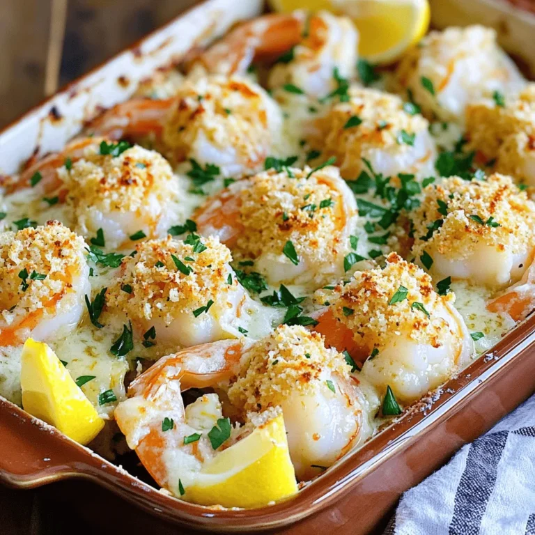 - 1 pound large shrimp, peeled and deveined - 4 tablespoons unsalted butter, melted - 4 cloves garlic, finely minced - 1 teaspoon smoked paprika - 1 teaspoon fresh lemon zest - ½ cup freshly grated Parmesan cheese - ¼ cup panko breadcrumbs - 2 tablespoons fresh parsley, finely chopped - Salt and freshly ground black pepper to taste - Lemon wedges for serving To make garlic parmesan baked shrimp, start with fresh, high-quality shrimp. This dish shines with the right ingredients. You need large shrimp that are peeled and deveined. The butter brings richness, while garlic adds sharpness. Next, seasoning is key. Smoked paprika gives a warm flavor, and lemon zest brightens it all up. Freshly grated Parmesan cheese adds a salty, nutty taste. Panko breadcrumbs give a satisfying crunch on top. Finally, parsley adds freshness and color. Don't forget salt and pepper to taste. Lemon wedges serve as a great garnish. They also add a zesty kick when squeezed over the shrimp. For the complete instructions, check the Full Recipe. - Preheat the oven to 400°F (200°C). This helps cook the shrimp evenly. - In a mixing bowl, whisk together the melted butter, minced garlic, smoked paprika, and lemon zest. This creates a tasty garlic butter mix. - Add the peeled and deveined shrimp to the garlic butter mixture. Make sure each shrimp is coated well. - Season with salt and freshly ground black pepper. This adds flavor to your shrimp. - Transfer the coated shrimp to a baking dish. Spread them out in a single layer for even cooking. - In a separate bowl, prepare the topping mixture by combining Parmesan cheese, panko breadcrumbs, and chopped parsley. This mixture adds a crunchy texture. - Evenly sprinkle this topping over the shrimp in the baking dish. - Bake the shrimp for 12-15 minutes or until they turn pink and opaque. The topping should be golden brown. For the complete details, check the Full Recipe. - Ensure shrimp are arranged in a single layer for even cooking. This helps them cook properly and prevents steaming. - Adjust seasonings according to your taste. If you love garlic, add more! - Serve family-style in the baking dish for a cozy feel. You can also use individual plates for a nice touch. - Garnish with fresh parsley and lemon wedges. This adds color and a burst of flavor! - Pair the baked shrimp with a side salad for a fresh crunch. Crusty bread is also great for soaking up the garlic butter. - Enjoy with a glass of white wine or sparkling water. Both drinks will complement the flavors well. For more details, check the Full Recipe. {{image_4}} To make your dish pop, consider these easy tweaks. Cayenne pepper adds a nice kick. Just a sprinkle can change the whole vibe. You can also swap in different cheeses. Mozzarella or cheddar works great. Each cheese offers a unique taste that can complement the shrimp perfectly. Don’t have shrimp? No problem! You can substitute scallops or chicken for a different flavor. Both options cook well and soak up the garlic butter. For a gluten-free version, switch to gluten-free breadcrumbs. This small swap allows everyone to enjoy this dish without worry. Want to cater to plant-based eaters? You can create a vegan version! Look for plant-based shrimp alternatives. These options mimic the taste and texture of shrimp. You can use the same garlic butter mix and topping for a delightful meal. Everyone can enjoy this dish, no matter their diet. To keep your garlic parmesan baked shrimp fresh, store them in an airtight container. This helps to lock in flavor and moisture. You can keep them in the fridge for up to 2 days. After that, the shrimp may lose their taste and texture. When reheating, the best method is to use an oven. Preheat it to 350°F (175°C). Place the shrimp in a baking dish and cover with foil. Heat for about 10 minutes. Avoid using a microwave, as it can make the shrimp rubbery and dry. If you want to store the shrimp for longer, freezing is a good choice. Place the cooled shrimp in a freezer-safe bag. Make sure to remove excess air before sealing. For best quality, use within 2 months. When ready to eat, thaw the shrimp overnight in the fridge. This keeps them safe and tasty. Baking garlic parmesan shrimp takes about 12 to 15 minutes. Look for the shrimp to turn pink and opaque. The topping should be golden brown. This short time makes it a quick dish to prepare. Yes, you can use frozen shrimp. They save time and are easy to find. Just make sure to thaw them before cooking. Frozen shrimp may have extra water, which can affect the texture. Fresh shrimp provide a firmer bite and better flavor. You can serve garlic parmesan shrimp with many sides. A fresh salad adds crunch. Garlic bread pairs well for dipping. Steamed vegetables or rice also complement the dish nicely. The lemon flavor in the shrimp goes well with light, bright sides. Yes, this recipe works well for meal prep. Cook the shrimp and store it in containers. It stays good in the fridge for about two days. You can reheat it in the oven or microwave later. This makes it easy to have a tasty meal ready. You can find the Full Recipe in our recipe section. It has all the details you need to make this dish. This recipe for garlic parmesan baked shrimp is simple and delicious. You learned the key ingredients, step-by-step instructions, and helpful tips. Variations let you customize flavors or adapt for diets. Store extras for later enjoyment. This dish is perfect for any meal and easy to share with family and friends. Enjoy creating a tasty meal that impresses everyone at the table. Your kitchen is ready for this tasty adventure!