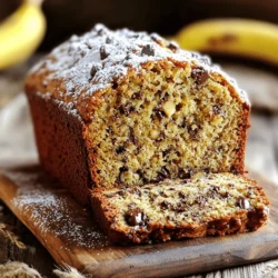 When making chocolate chip banana bread, you need the right ingredients. Here’s what you'll want to gather: - 3 ripe bananas, thoroughly mashed - 1/2 cup unsalted butter, melted until warm - 1/2 cup granulated sugar - 1/4 cup packed brown sugar - 2 large eggs, brought to room temperature - 1 teaspoon pure vanilla extract - 1 teaspoon baking soda - 1/2 teaspoon fine salt - 1 1/2 cups all-purpose flour, sifted - 1 cup semi-sweet chocolate chips - 1/2 cup chopped walnuts (optional) Using ripe bananas is key. The riper the banana, the sweeter and softer it is. It will mix well into your batter. The melted butter adds richness and helps the bread stay moist. The mix of granulated and brown sugar gives a nice depth of flavor. Room temperature eggs blend smoothly and help with the rise. When you add vanilla extract, it enhances the overall taste. Baking soda helps the bread rise, while salt balances the sweetness. Sifting the flour ensures there are no lumps. Chocolate chips are the star in this recipe, adding melty goodness. Walnuts can give a nice crunch if you choose to add them. For more details on the baking process, check out the Full Recipe. Enjoy the journey to making this cozy and delicious treat! - Preheat the oven to 350°F (175°C). - Grease or line a 9x5-inch loaf pan. Start by heating your oven. This step helps the bread rise just right. Next, prepare your loaf pan. Greasing it with butter or using parchment paper makes it easy to remove the bread later. - Combine mashed bananas and warm melted butter. - Stir in granulated and brown sugars. In a big bowl, mash your ripe bananas. I love to use bananas with lots of spots. Then, add warm melted butter. Mix them well until they look smooth. Next, add granulated sugar and brown sugar. This mix gives sweetness and a nice rich flavor. - Beat eggs until frothy and add to the mixture. - Mix in pure vanilla extract. Take two large eggs and beat them in a small bowl. You want them to look frothy. Add the eggs to the banana mix. Then, pour in pure vanilla extract for an extra layer of flavor. Stir gently to combine everything. - Fold in baking soda and salt. - Gradually add sifted flour, being careful not to overmix. Sprinkle baking soda and salt over your wet mixture. Fold these in gently to avoid lumps. Then, add your sifted flour a little at a time. Mix just until combined. Overmixing can make your bread tough, and that’s not what we want. - Gently fold in chocolate chips and walnuts if using. Now comes the fun part! Add chocolate chips and walnuts if you like. Fold them in carefully. You want to spread them out evenly without overmixing the batter. - Pour batter into the prepared loaf pan. - Bake for 55-65 minutes and check for doneness. Pour your batter into the loaf pan. Smooth the top with a spatula. Bake it in your preheated oven for 55 to 65 minutes. Check for doneness by inserting a toothpick in the center. It should come out clean or with a few moist crumbs. - Allow bread to cool in the pan for 10 minutes. - Transfer to a wire rack to cool completely. Let your bread cool in the pan for about 10 minutes. This step helps it set. Then, move it to a wire rack. Cooling completely helps it slice better, and it tastes amazing warm. Enjoy this cozy and delicious treat with your favorite drink! For the full recipe, check the earlier section. To get great banana bread, start with ripe bananas. Look for bananas with brown spots. This tells you they are sweet and ready. The riper the bananas, the better the taste. When mixing your batter, avoid overmixing. Stir gently, just enough to blend. This keeps the bread soft and light. Always check your oven temperature before baking. An oven that is too hot can burn the bread. I recommend using an oven thermometer for accuracy. When your bread is close to being done, use a toothpick. Insert it into the center of the loaf. If it comes out clean or with a few crumbs, your bread is ready. Chocolate chip banana bread is best served warm. Slice it and add a pat of butter on top. For a fun twist, sprinkle extra chocolate chips. A dusting of powdered sugar adds a nice touch. Enjoy your bread with a cup of coffee or tea. This makes for a cozy snack or dessert. For the full recipe, check the earlier section. {{image_4}} You can make chocolate chip banana bread healthier with a few simple swaps. - Using whole wheat flour: Whole wheat flour adds fiber. It gives the bread a hearty texture. Replace all-purpose flour with whole wheat flour in a 1:1 ratio. - Alternatives for sugar: Try using honey or maple syrup. These natural sweeteners can add flavor and moisture. You can also use coconut sugar, which has a lower glycemic index. Adding new flavors can make your banana bread special. - Adding spices like cinnamon or nutmeg: A teaspoon of cinnamon gives warmth. Nutmeg adds a nice touch of spice too. Just a pinch can enhance the bread's taste. - Incorporating different types of chocolate: You can mix dark chocolate chips with semi-sweet chips. White chocolate also works well. Each type adds its unique flavor and richness. You can adjust the recipe for various diets. - Making it gluten-free: Use a gluten-free flour blend instead of all-purpose flour. Many blends work well, so check the package for a 1:1 ratio. - Vegan substitutions: Replace eggs with flaxseed meal or applesauce. Use plant-based butter for a dairy-free option. These swaps keep the bread moist and tasty. For the full recipe, check out the detailed steps above. To keep your chocolate chip banana bread fresh, store it in an airtight container. This helps keep moisture in and air out. A simple plastic or glass container works well. You can also wrap the bread in plastic wrap or aluminum foil. This is a great way to keep it soft and tasty. Avoid keeping it in a place with direct sunlight, as it can dry out the bread. If you want to save some banana bread for later, freezing is a smart choice. First, let the bread cool completely. Then, wrap it tightly in plastic wrap. After that, place it in a freezer-safe bag. Try to remove as much air as you can. When you are ready to enjoy it, take it out of the freezer. Let it thaw in the fridge overnight. To warm it up, you can slice and toast it gently or heat it in the microwave for about 15 seconds. At room temperature, chocolate chip banana bread lasts about 3 to 4 days. If you store it well, it can stay fresh longer. Look for signs of spoilage, like a change in smell or color. If you see any mold, it's best to throw it away. Always trust your senses to know when it’s time to say goodbye to your delicious treat. Yes, you can use frozen bananas. Just thaw them first. They will mash well and work great in your bread. Frozen bananas often taste sweeter. This can make your banana bread even more delicious. If you don’t have brown sugar, don’t worry! You can use white sugar instead. Just add a bit of molasses if you have it, about one tablespoon per cup of sugar. This will mimic brown sugar’s taste and color. To make your banana bread moist, use very ripe bananas. The riper they are, the more moisture they add. You can also add a bit of yogurt or sour cream to the batter. This will give your bread a tender crumb. Absolutely! Chopped walnuts or pecans are great options. They add a nice crunch and flavor. Just fold them into the batter with the chocolate chips. If you like nuts, don’t hold back! To check if your banana bread is done, insert a toothpick into the center. If it comes out clean or with a few moist crumbs, it’s ready. If you see wet batter, bake it for a few more minutes. Yes, you can make this recipe dairy-free! Use coconut oil or a dairy-free butter substitute instead of regular butter. Also, choose dairy-free chocolate chips. This way, everyone can enjoy a slice of banana bread! For the full recipe, check out the ingredients and steps shared earlier. Happy baking! In this blog post, we explored how to make delicious chocolate chip banana bread. We covered the key ingredients, important steps, and tips to ensure perfect texture and flavor. I shared easy storage methods to keep the bread fresh and ideas for tasty variations. You can customize the recipe to fit your needs, whether you want it healthier or gluten-free. Now, it’s time to bake your own loaf and enjoy the warm, sweet aroma in your kitchen! Happy baking!
