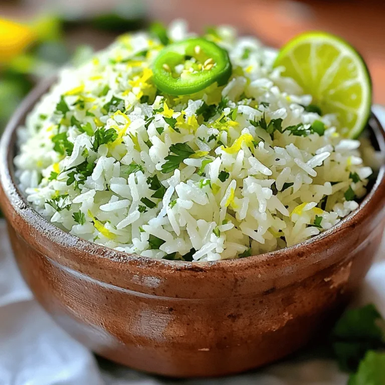 To make zesty cilantro lime rice, you will need: - 1 cup jasmine rice - 2 cups vegetable broth (or water) - 1 tablespoon olive oil - 1 lime (zested and juiced) - 1/2 cup fresh cilantro, finely chopped - 1/2 teaspoon garlic powder - 1/2 teaspoon onion powder - Salt, to taste - Optional: 1 jalapeño, finely chopped (for an extra kick) You can switch jasmine rice for basmati rice if you prefer. Brown rice works too, but cook it longer. Instead of vegetable broth, use chicken broth for a different flavor. If you want a lighter version, you can skip the olive oil; just use water. For the lime, lemon juice can be a tasty substitute. You can also replace cilantro with parsley if you don’t like it. This recipe serves four people. If you want more, just double the amounts. For a smaller meal, cut the ingredients in half. Zesty cilantro lime rice is great as a side dish. It pairs well with many proteins like chicken, fish, or beans. Each serving gives you a lovely burst of flavor and freshness! First, rinse the jasmine rice. Use a fine-mesh strainer. Run cold water over the rice until it is clear. This takes about 1-2 minutes. Rinsing helps remove extra starch. It keeps the rice fluffy and light. Next, heat olive oil in a medium saucepan over medium heat. Add the rinsed rice to the hot oil. Sauté the rice for about 2-3 minutes. Stir it often until it is lightly toasted. This step adds a nutty flavor. Carefully pour in vegetable broth or water. Bring it to a boil. Then, add garlic powder, onion powder, and a pinch of salt. Lower the heat to a gentle simmer. Cover the saucepan. Cook for 15-20 minutes. The rice will absorb the liquid and become tender. After cooking, remove the saucepan from heat. Keep the lid on for 5 more minutes. This lets the rice steam and become fluffy. Now, use a fork to fluff the rice gently. Add lime zest, lime juice, and chopped cilantro. If you like spice, add finely chopped jalapeño. Stir everything until mixed well. Taste the rice and add more salt if you need. You can find the full recipe in another section. Serve the zesty cilantro lime rice warm. Enjoy it as a side dish or with your favorite protein! To make great rice, start with good rinsing. Rinse jasmine rice until the water runs clear. This step is key to fluffy rice. Use the right water-to-rice ratio. For jasmine rice, two cups of water for one cup of rice works best. Heat the oil before adding the rice. Toasting it for a few minutes adds a nice flavor. After cooking, let the rice sit covered for five minutes. This helps it finish cooking and stay fluffy. Want to add more flavor? Try squeezing in extra lime juice right before serving. Add zest for a stronger lime taste. You can also mix in spices like cumin or smoked paprika. For heat, dice a jalapeño and stir it in. If you like cheese, sprinkle some feta or cotija on top. Fresh herbs like parsley or green onions can also brighten the dish. One common mistake is cooking rice with too much water. This can make the rice mushy. Avoid stirring the rice while it cooks. Stirring can release starch and make it sticky. If you’re using broth, check the salt content. You may not need to add more salt. Lastly, don’t skip the resting time after cooking. It’s crucial for the best texture. For the full recipe, check out the detailed steps above! {{image_4}} You can easily add proteins to your zesty cilantro lime rice. Consider grilled chicken, shrimp, or tofu. These proteins pair well with the bright flavors of lime and cilantro. Start by cooking your protein separately. Once cooked, mix it into the rice just before serving. This adds heartiness and makes the dish more filling. You can also marinate the protein in lime juice for added flavor. This recipe is naturally vegan and gluten-free. Use vegetable broth to keep it plant-based. If you want a heartier dish, add beans like black beans or chickpeas. These options add protein and fiber. They also enhance the flavor, making your meal more satisfying. Always check your broth to ensure it is gluten-free. If you love heat, add a finely chopped jalapeño to the rice. This gives a nice kick without overpowering the dish. If you're cooking for kids or those who prefer milder food, skip the jalapeño. Instead, you can add a sprinkle of smoked paprika or cumin for warmth without the heat. Adjusting the spice level allows everyone to enjoy this dish their own way. Once you finish your meal, let the rice cool. Place it in an airtight container. Store it in the fridge for up to four days. If you want to keep it longer, consider freezing it. To reheat, use the microwave or stovetop. For the microwave, place rice in a bowl. Add a splash of water and cover. Heat for 1-2 minutes, stirring halfway. On the stovetop, add rice to a pan with a bit of water. Heat over low until warm. You can freeze this rice for up to three months. Scoop the cooled rice into freezer bags. Flatten the bags to save space. When ready to use, thaw it in the fridge overnight. Reheat as described above. Enjoy your zesty cilantro lime rice later! The best type of rice for Zesty Cilantro Lime Rice is jasmine rice. Jasmine rice has a soft, slightly sticky texture, which makes it perfect for this dish. It also absorbs the flavors well, enhancing every bite. You can use other long-grain rice, but jasmine gives the best taste and aroma. Yes, you can make this recipe ahead of time. Cook the rice and let it cool completely. Store it in an airtight container in the fridge for up to three days. When you're ready to serve, just reheat it on the stove or in the microwave. Add fresh lime juice and cilantro just before serving for the best flavor. If you want to make this recipe without cilantro, you can use parsley instead. Parsley adds a fresh flavor, similar to cilantro, but without the strong taste. You may also try adding green onions or a pinch of fresh mint for a unique twist. Just remember to adjust the lime juice to balance the flavors. This blog post covered key steps to make tasty rice. We discussed essential ingredients and how to measure them. I shared helpful tips for cooking rice to perfection and enhancing flavor. You can also explore variations to suit your taste and dietary needs. In conclusion, following these guidelines will help you create delicious rice every time. With a few tricks and tweaks, you can impress anyone at your table. Enjoy your cooking journey and make every meal special!