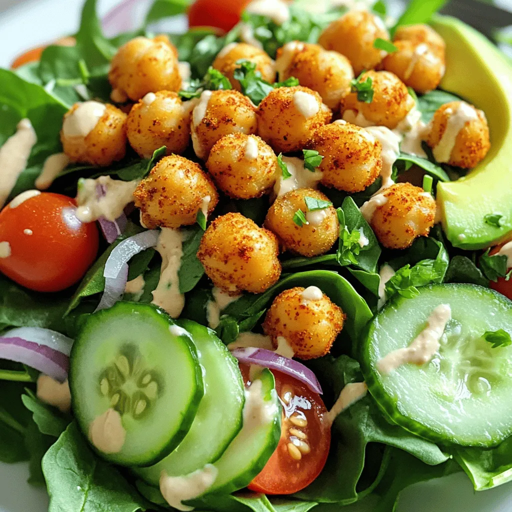 This salad shines with fresh and simple ingredients. Each one adds flavor and nutrition. You need chickpeas, greens, and colorful veggies. These come together to create a delightful dish. For the crispy chickpeas, grab these: - 1 can (15 oz) chickpeas, thoroughly rinsed and drained - 2 tablespoons extra virgin olive oil - 1 teaspoon smoked paprika - 1/2 teaspoon ground cumin - Sea salt and freshly cracked black pepper, to taste These ingredients turn ordinary chickpeas into a crunchy treat. The smoked paprika gives a nice, smoky flavor. Olive oil helps them get crispy in the oven. Now, let’s focus on the fresh produce. This salad needs vibrant colors and textures. Use these: - 4 cups fresh mixed greens (spinach, arugula, and romaine) - 1 cup cherry tomatoes, halved - 1 cucumber, diced into bite-sized pieces - 1/4 red onion, thinly sliced - 1 ripe avocado, sliced into wedges - Fresh herbs (such as parsley or cilantro) for garnish The mixed greens provide a crunchy base. Cherry tomatoes add sweetness, while cucumbers bring a refreshing crunch. The avocado gives creaminess, and herbs brighten the dish. Together, these ingredients make a salad that looks and tastes great. For the full recipe, check out the Crispy Chickpea Salad. Start by rinsing and draining the chickpeas. This step is key. It removes extra salt and makes them crispier. In a bowl, mix the chickpeas with olive oil, smoked paprika, cumin, sea salt, and black pepper. Make sure every chickpea gets coated well. This mix adds flavor and a nice crunch. Next, preheat your oven to 400°F (200°C). Spread the seasoned chickpeas on a baking sheet lined with parchment paper. Bake them for 25 to 30 minutes. Stir halfway through to ensure even cooking. You want them golden and crispy. This roasting brings out their nutty flavor. While the chickpeas roast, prepare your salad. In a large bowl, combine mixed greens, cherry tomatoes, diced cucumber, and thinly sliced red onion. In a small bowl, whisk tahini with lemon juice. Add a little water until it’s smooth. Taste and adjust the salt if needed. Once the chickpeas are cool, fold them into the salad. Drizzle the tahini dressing over everything. Toss gently to mix well. Lastly, add avocado slices on top and sprinkle with fresh herbs for color. Enjoy your fresh and flavorful crispy chickpea salad! For the complete recipe, check out the Full Recipe. For crispy chickpeas, start with well-dried beans. After rinsing, pat them dry with a towel. The less moisture, the better they crisp up. Use a high oven temperature of 400°F. This helps them turn golden and crunchy. Stir them halfway through baking. This ensures even cooking and crispiness. Spice up your chickpeas! Add garlic powder or onion powder for a kick. Try cayenne pepper for heat. Fresh herbs, like basil or dill, can bring a fresh twist. Mix in a little lemon zest for brightness. You can also top your salad with feta cheese for a salty touch. Serve your crispy chickpea salad in a large bowl for everyone to share. Add a side of pita chips for crunch. For a heartier meal, pair it with grilled chicken or fish. You can also use it as a filling in wraps. The bright colors and textures will impress your guests. For the full recipe, check out the provided link. {{image_4}} You can change the dressing for your salad. Try balsamic vinaigrette for a zesty twist. A yogurt dressing adds creaminess and tang. You can even use a simple olive oil and lemon mix for a light touch. Each dressing brings a new flavor to the dish. To make your salad heartier, add protein. Grilled chicken or shrimp works well. You can also use canned tuna for a quick option. If you prefer plant-based protein, add black beans or quinoa. These choices make your meal filling and healthy. Change up the ingredients based on the season. In summer, add sweet corn or bell peppers. In fall, try roasted butternut squash or apples for sweetness. This keeps the salad fresh and exciting all year round. Check out the Full Recipe for more ideas! Store leftover salad in an airtight container. Keep it in the fridge to stay fresh. Crispy chickpeas should be stored separately. This keeps them crunchy. If you mix them in, they will get soggy. Use leftovers within two days for the best taste. To reheat chickpeas, use the oven or a skillet. Preheat your oven to 350°F (175°C). Spread the chickpeas on a baking sheet. Heat for 10 minutes or until warm. If using a skillet, add a little olive oil. Heat over medium for about 5 minutes. This helps them regain some crispiness. To keep your salad fresh, add the dressing just before serving. This prevents wilting. Store any extra dressing separately. For greens, wrap them in a damp paper towel. Place in a plastic bag but do not seal it completely. This keeps them crisp for longer. Enjoy your Crispy Chickpea Salad from the Full Recipe! Yes, you can use dried chickpeas. First, soak them overnight. Then, cook them until tender. This may take about 1-2 hours. Canned chickpeas are quicker and easier. They are already cooked, so you just drain and rinse them. Dried chickpeas give a fresher taste and texture. If you don’t have tahini, try peanut butter or almond butter. These options add creaminess. You can also use plain yogurt for a tangy twist. Another choice is sunflower seed butter for a nut-free option. Just mix it with lemon juice to keep the flavor bright. This salad lasts 2-3 days in the fridge. Store it in an airtight container. The crispy chickpeas may lose some crunch over time. To keep them crispy, store them separately. Toss them in right before serving. Enjoy a fresh bite every time! For the full recipe, visit the section above. In this article, we covered the key ingredients for crispy chickpeas and fresh salad produce. I shared step-by-step instructions for prepping, roasting, and assembling your dish. I also offered tips for crispiness, flavor, and serving it right. You can explore variations, storage tips, and answers to common questions. In the end, crispy chickpeas make a fun and tasty meal. Enjoy crafting your own perfect salad!