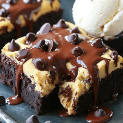 - 1 cup unsalted butter, softened - 1 cup granulated sugar - 1 cup light brown sugar, packed - 4 large eggs - 2 teaspoons pure vanilla extract - 1 cup all-purpose flour - 1 cup unsweetened cocoa powder - 1 teaspoon baking powder - ½ teaspoon fine sea salt - 1 cup semisweet chocolate chips - ½ cup unsalted butter, softened - ¾ cup light brown sugar, packed - 2 tablespoons milk (whole or 2% preferred) - 1 teaspoon pure vanilla extract - 1 cup all-purpose flour - ½ teaspoon fine sea salt - ½ cup semisweet chocolate chips When I make these brownies, I love the mix of flavors. The rich brownie base is a crowd-pleaser. The soft cookie dough on top adds a fun twist. Let’s break down the main ingredients. First, use unsalted butter. It keeps the flavors balanced. Granulated sugar and brown sugar add sweetness and moisture. Eggs help bind everything together. Vanilla extract brightens the taste. Flour and cocoa powder give the brownies their perfect texture. Baking powder helps them rise. The fine sea salt enhances all the flavors. Finally, semisweet chocolate chips add rich chocolatey goodness. For the cookie dough, softened butter and brown sugar make it creamy. Milk adds moisture, while the vanilla extract brings warmth. The flour and salt create a thick dough. Chocolate chips give it that classic cookie taste. These ingredients come together for a treat that is hard to resist. You can find the full recipe to make these delicious brownies and cookie dough layer. - Preheat to 350°F (175°C) - Grease or line a 9x13-inch baking dish First, you need to preheat your oven. Set it to 350°F (175°C). This step is key for even baking. Next, take your 9x13-inch baking dish. Grease it lightly with butter or line it with parchment paper. This makes removing the brownies easy later. - Cream butter and sugars for 2-3 minutes - Add eggs and vanilla extract In a large mixing bowl, add 1 cup of softened unsalted butter. Then, add 1 cup of granulated sugar and 1 cup of packed light brown sugar. Use a mixer to cream these together for 2-3 minutes. The mixture should be fluffy and light. Next, add 4 large eggs, one at a time. Mix well after each egg. Finally, stir in 2 teaspoons of pure vanilla extract until it’s well combined. - Sift together flour, cocoa powder, baking powder, and salt - Combine with wet ingredients until just mixed Now, grab another bowl. Sift together 1 cup of all-purpose flour, 1 cup of unsweetened cocoa powder, 1 teaspoon of baking powder, and ½ teaspoon of fine sea salt. This step helps to avoid lumps. Slowly add this dry mix to your wet ingredients. Mix just until combined; don’t overmix. - Fold in semisweet chocolate chips - Spread batter evenly in prepared baking dish Next, gently fold in 1 cup of semisweet chocolate chips. Make sure they are evenly mixed in. Pour the brownie batter into the prepared baking dish. Use a spatula to spread it evenly across the dish. - Cream butter and brown sugar for cookie dough - Mix in milk and vanilla extract, then add flour and salt For the cookie dough layer, use another bowl. Cream together ½ cup of softened unsalted butter and ¾ cup of packed light brown sugar. Mix until smooth. Then, add 2 tablespoons of milk and 1 teaspoon of vanilla extract. Stir this until well combined. Gradually add 1 cup of all-purpose flour and ½ teaspoon of salt. Mix until combined, then fold in ½ cup of semisweet chocolate chips. - Drop spoonfuls of cookie dough over brownie batter - Bake for 30-35 minutes until toothpick comes out with moist crumbs Now, drop spoonfuls of the cookie dough over the brownie batter. Leave some brownie batter showing for a marbled look. Gently spread and swirl the cookie dough on top. Place the dish in the oven and bake for 30-35 minutes. To check if they’re done, insert a toothpick into the center. It should come out with moist crumbs, not wet batter. - Don't overmix the batter: Mix just until combined. This keeps your brownies soft and fudgy. - Use room temperature ingredients: This helps the batter mix well and rise evenly. - Keep the cookie dough thick for texture: A thick layer gives a nice contrast to the brownies. - Swirl for a marbled look: Dropping spoonfuls and swirling creates a beautiful design and delicious mix. - Serve warm with vanilla ice cream: The warm brownies and cold ice cream make a great pair. - Drizzle chocolate sauce for added indulgence: A chocolate drizzle adds richness and extra sweetness to each bite. {{image_4}} Making Chocolate Chip Cookie Dough Brownies is fun, but let’s spice it up! You can add your personal touch to this treat. If you love nuts, add some! Chopped walnuts or pecans mix great into the brownie batter. They give a nice crunch and rich flavor. Just fold in about 1 cup of your favorite nuts before you pour the batter into the dish. Want to go gourmet? You can add peanut butter or caramel to the cookie dough layer. Swirl it in for a creamy, sweet surprise. Also, try different types of chocolate chips. Dark chocolate offers a rich taste, while white chocolate gives a sweet twist. Mix and match to find your favorite combo! If you need gluten-free brownies, you can easily adjust this recipe. Just swap the all-purpose flour for a gluten-free blend. Make sure to check the mix for the best results. You can also use gluten-free chocolate chips so everyone can enjoy these brownies. Explore these variations to make this treat truly yours! For the full recipe, check out "Chocolate Chip Cookie Dough Brownies." To keep your Chocolate Chip Cookie Dough Brownies fresh, cool them completely before storing. This step is key to avoiding sogginess. Once cooled, place the brownies in an airtight container. This keeps them moist and delicious for days. If you want to save some brownies for later, freezing is a great option. Cut the brownies into individual squares. Wrap each square in plastic wrap and place them in a freezer bag. They can stay frozen for up to 3 months. When you want to enjoy them, just thaw at room temperature. This way, you can have a treat ready whenever you crave something sweet! Yes, but reduce added salt to ¼ teaspoon. This keeps the flavor balanced. Stored properly, they can last up to a week. Keep them in an airtight container. Yes, use flax eggs or applesauce for a vegan option. This works well and keeps the texture good. Bake for a few extra minutes, checking frequently. You want them set but still soft. Yes, they have a rich, fudgy texture from the cocoa and butter. You’ll love that bite! For the full recipe, refer to "Chocolate Chip Cookie Dough Brownies." This helps you make this treat perfect! You now know how to make tasty chocolate chip cookie dough brownies. We covered key ingredients, step-by-step instructions, and helpful tips. Making these brownies is easy and fun. Remember, keep the cookie dough thick for texture. Serve them warm with ice cream for a real treat. Feel free to try different flavors or add nuts. Enjoy your baking and make delicious memories!