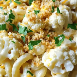 - 1 medium head of cauliflower - 1 cup elbow macaroni - 2 tablespoons unsalted butter - 2 cups milk (dairy or non-dairy) - 1 ½ cups sharp cheddar cheese, shredded - ½ cup mozzarella cheese, shredded - Garlic powder, onion powder, smoked paprika - Salt and black pepper to taste - Breadcrumbs for topping - Fresh parsley for garnish To create a creamy and cheesy dish, you need these main ingredients. Start with one medium head of cauliflower, cut into small florets. This adds a nice texture. Use one cup of elbow macaroni to give you that classic pasta feel. The cheese is key. I love using one and a half cups of sharp cheddar cheese for a bold flavor. A half cup of mozzarella cheese adds creaminess. Next, you’ll want to melt two tablespoons of unsalted butter. This will help make the sauce rich. For the liquid, use two cups of milk. You can pick dairy or a non-dairy option, like almond or oat milk. Don’t forget about seasonings. Garlic powder, onion powder, and smoked paprika add depth. Use salt and black pepper to taste, as they enhance the dish. For an extra crunch, consider breadcrumbs on top. And a sprinkle of fresh parsley makes it look nice and bright! For the full recipe, check out the details on how to combine these ingredients perfectly. 1. Preheat the oven to 350°F (175°C). This step ensures your dish bakes evenly. 2. Boil salted water in a large pot. Add the macaroni and cook until al dente, then drain. 3. Steam the cauliflower florets in a steamer basket over boiling water until tender, about 5-7 minutes. Set aside. 1. In the same pot, melt 2 tablespoons of butter over medium heat. Stir in 2 tablespoons of flour to form a roux. Cook for 1-2 minutes, stirring constantly. 2. Gradually pour in 2 cups of milk while whisking. This helps create a smooth mixture. Keep whisking until the sauce thickens, about 3-5 minutes. 3. Lower the heat, then mix in 1 ½ cups of shredded sharp cheddar and ½ cup of shredded mozzarella cheese. Add garlic powder, onion powder, smoked paprika, and salt and pepper to taste. Stir until the cheese melts and the sauce is smooth. 1. Combine the drained macaroni and steamed cauliflower with the cheese sauce. Mix gently until everything is coated in that rich cheese. 2. Pour the mixture into a lightly greased baking dish. If desired, sprinkle breadcrumbs on top for added crunch. 3. Bake in the preheated oven for 20-25 minutes. Look for a golden and bubbly top. 4. Once baked, let your Cheesy Cauliflower Wonderland cool for a few minutes. Garnish with fresh parsley before serving. Enjoy your creamy comfort dish! For a complete guide, check the Full Recipe. To make your dish creamy, whisking is key. Whisking helps blend the milk and cheese. It keeps lumps from forming in your sauce. This simple step makes a big difference. You can also adjust your milk types. Full-fat milk adds richness. Non-dairy options, like almond milk, work too. Choose what you like best for creaminess. To boost flavor, try different cheese blends. Mixing cheddar and gouda can give a nice twist. You can also add spices for a kick. A pinch of cayenne or chili powder adds heat. Experiment to find what flavors you love. How you serve your dish matters. Individual portions look nice and feel special. Serving in a big dish is great for family meals. Consider garnishing with fresh parsley for color. A sprinkle of extra cheese can make it even better. Use a dish that highlights the creamy texture for more appeal. Enjoy making and sharing your Cauliflower Mac and Cheese! For the complete recipe, check the Full Recipe section. {{image_4}} You can switch out the macaroni for gluten-free pasta. Look for rice or quinoa pasta. These work well and keep the dish tasty. For dairy-free options, try nut-based cheeses. Almond or cashew cheese melts nicely. Want to boost flavor? Add cooked bacon or ham for a savory kick. These add richness that makes the dish even better. You can also toss in veggies like spinach or broccoli. They add color and nutrients, making your meal more balanced. If you're in a hurry, try making this in an Instant Pot. It cooks faster and tastes just as good. For vegan diets, use nut-based cheeses instead of dairy. You’ll still get a creamy texture and great flavor. To keep your cauliflower mac and cheese fresh, store it in an airtight container. This helps prevent drying out and keeps flavors strong. You can keep it in the fridge for about three to five days. If you notice any signs of spoilage, toss it out to stay safe. If you want to save portions for later, freezing is a great option. First, let the dish cool completely. Then, scoop it into freezer-safe containers or bags. Make sure to leave some space for expansion. You can freeze it for up to three months. To reheat, thaw it in the fridge overnight. Then, warm it in the oven at 350°F (175°C) until hot through. You can also microwave it, but keep an eye on it so it doesn't dry out. Don't let leftovers go to waste! You can use cauliflower mac and cheese in many ways. Mix it into a vegetable soup for a creamy base. You can also make a delicious casserole by adding cooked chicken or vegetables. Another fun idea is to stuff it into bell peppers, then bake until golden. These creative ways will add variety to your meals and keep things exciting! Yes, you can use different pasta types. If you want gluten-free, try rice or quinoa pasta. For a low-carb option, use spiralized zucchini or shirataki noodles. Both choices work well with the creamy cheese sauce. To add heat, include cayenne pepper or crushed red pepper flakes. You can also mix in diced jalapeños or a splash of hot sauce. These add bold flavor while keeping the dish creamy and rich. Yes, cauliflower mac is often lower in calories and carbs. Cauliflower packs vitamins and fiber. For a healthier twist, use low-fat cheese and replace some milk with broth. This keeps the taste creamy without the extra fat. For the complete recipe, check out the [Full Recipe]. Cauliflower mac and cheese is a tasty twist on a classic dish. We combined cauliflower and pasta with a creamy cheese sauce for great flavor. Remember to whisk well for a creamy texture and have fun with spices. You can even adjust for dietary needs with alternatives. Enjoy leftovers in new ways, too! Making this dish allows you to impress anyone at your table. Get creative, and have a delicious meal today!